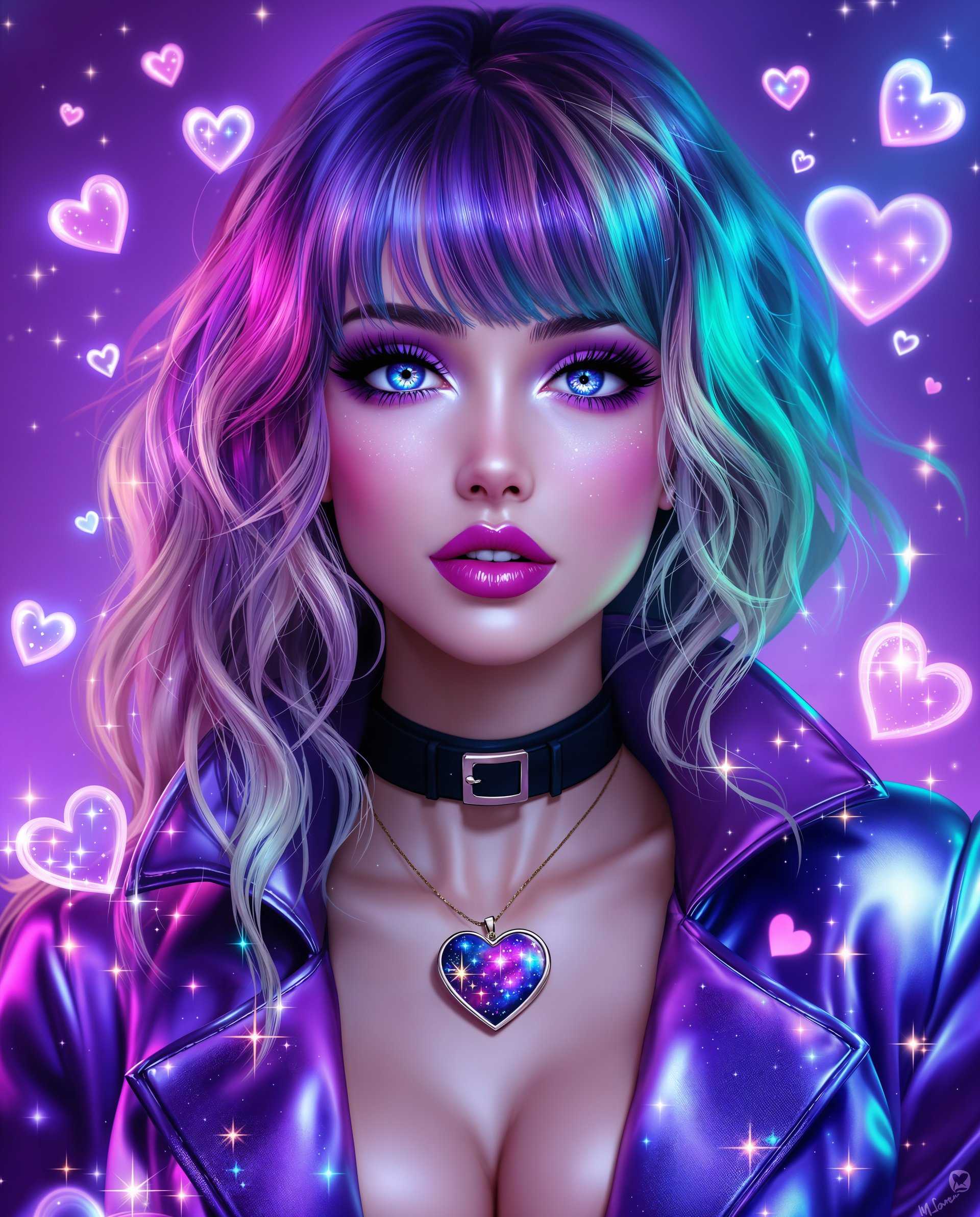 masterpiece, best quality, highres, sharp image, more detail <lora:more_details:0.5> <lora:SDXLrender_v2.0:1>, masterpiece, best quality, highres, sharp image, more detail, This image is a realistic photo (photograph) of a female real person digital artwork that features a stylized and highly detailed representation of a female figure. The art style is reminiscent of realism with a strong emphasis on vibrant colors and intricate details. The medium appears to be a digital painting, given the smooth gradients and the lack of texture that one might expect from traditional mediums like oil or acrylic paints.The colors in the image are rich and dynamic, with a predominance of purples and blues that give the piece a nighttime or cosmic feel. The figures hair is a gradient of purples and blues, with lighter highlights that give it a glossy appearance. The jacket she wears is also a deep purple with a similar shiny texture, and its adorned with various heart shapes and sparkles, which contribute to the overall whimsical and fantastical theme of the artwork.The figures eyes are a striking shade of blue, with a hint of green, and they are detailed with long lashes and a reflection of the surrounding lights, which adds depth and realism to the image. The choker around her neck is black with a silver buckle, and the pendant on her necklace is a large heart with a cosmic design, which matches the jackets theme.The background is a gradient of purples and blues, with floating hearts and sparkles that create a dreamlike atmosphere. The hearts are various sizes and are scattered throughout the image, some translucent and others solid, all with a shimmering effect that complements the figures outfit.Overall, the image exudes a sense of fantasy, glamour, and playfulness, with a strong emphasis on the use of color and light to create a visually engaging and immersive experience.