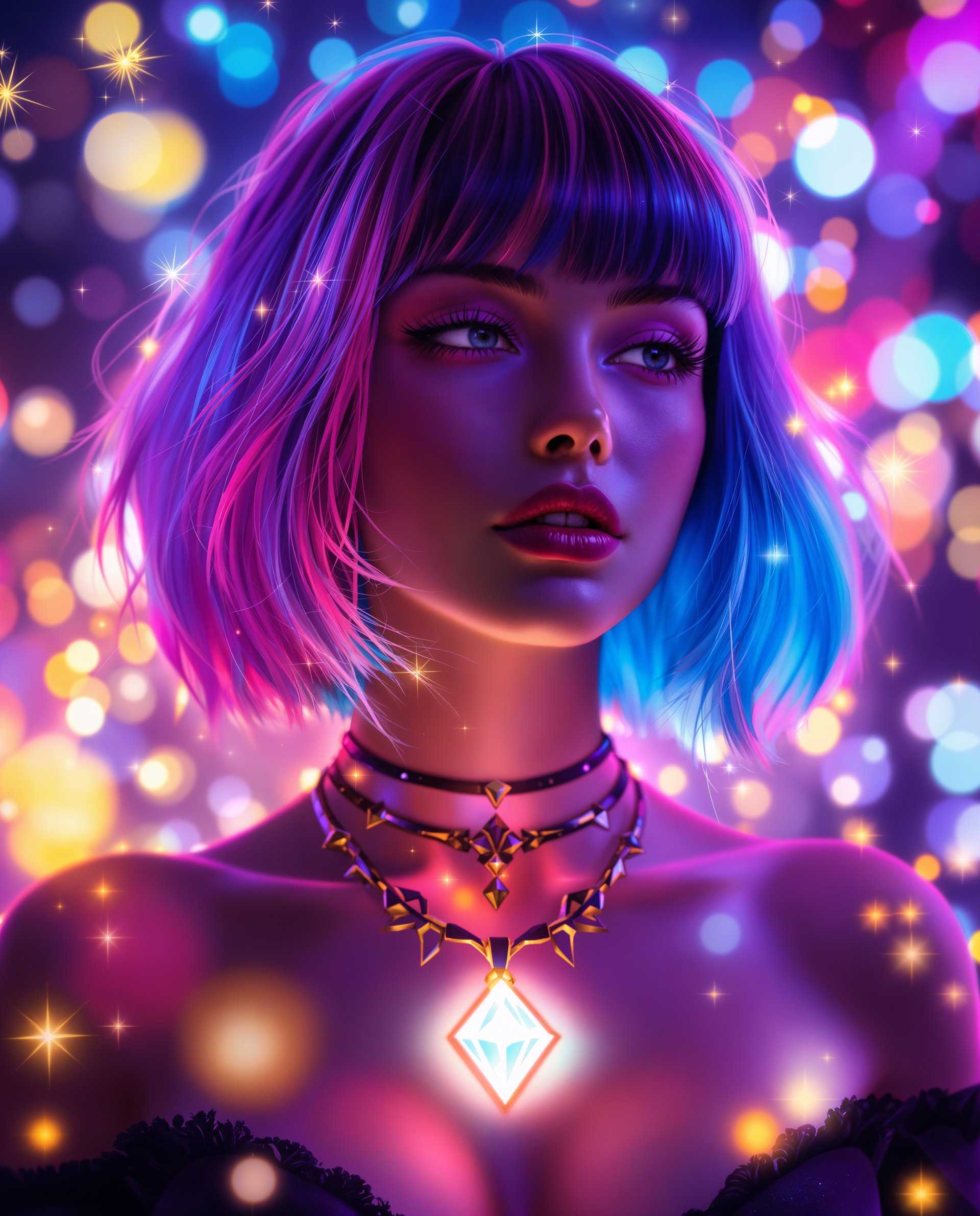 masterpiece, best quality, highres, sharp image, more detail <lora:more_details:0.5> <lora:SDXLrender_v2.0:1>, masterpiece, best quality, highres, sharp image, more detail, This image is a realistic photo (photograph) of a female real person digital artwork that features a closeup of a persons upper torso and head and face. The art style is highly stylized and realistical, with a strong emphasis on vibrant colors and glowing effects that give the image a magical or otherworldly feel.The medium appears to be digital painting, as evidenced by the smooth gradients and seamless blending of colors. The use of lighting and shadow is also very pronounced, with highlights and shadows that give the image a threedimensional quality.The colors in the image are rich and saturated, with a predominance of purples, blues, pinks, and neon accents. These colors are used to create a sense of depth and dimension, with the darker purples and blues providing contrast to the brighter pinks and neon accents.There are several objects in the image that contribute to the magical theme. The person is wearing a necklace with a glowing, diamondshaped pendant that emits a soft, ethereal light. The necklace has intricate, ornate details that suggest it may be made of precious metals or enchanted materials.The persons hair is also a focal point, with vibrant streaks of pink and purple that blend into the blue at the tips. The hair is styled in a short, bob cut with bangs, and it flows in a way that suggests movement and magic.The background of the image is a swirl of neon lights and sparkles, with a bokeh effect that adds to the dreamlike quality of the scene. The lights are primarily in shades of blue and pink, with some yellow and white accents, creating a visually stimulating and dynamic backdrop.Overall, the image exudes a sense of fantasy, enchantment, and otherworldliness, with its rich colors, glowing effects, and magical objects. It is a visually striking and immersive piece of digital art.