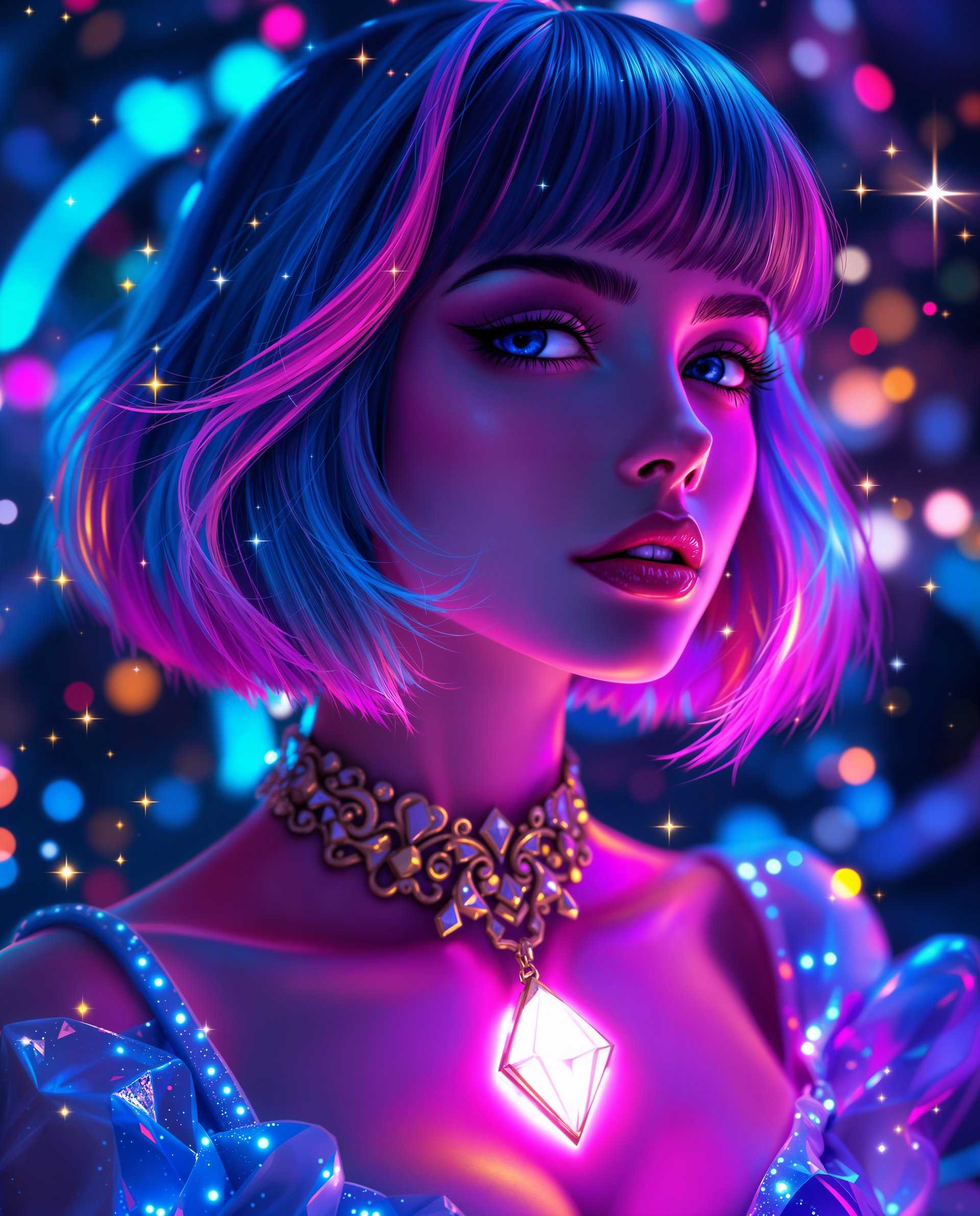 masterpiece, best quality, highres, sharp image, more detail <lora:more_details:0.5> <lora:SDXLrender_v2.0:1>, masterpiece, best quality, highres, sharp image, more detail, This image is a realistic photo (photograph) of a female real person digital artwork that features a closeup of a persons upper torso and head and face. The art style is highly stylized and realistical, with a strong emphasis on vibrant colors and glowing effects that give the image a magical or otherworldly feel.The medium appears to be digital painting, as evidenced by the smooth gradients and seamless blending of colors. The use of lighting and shadow is also very pronounced, with highlights and shadows that give the image a threedimensional quality.The colors in the image are rich and saturated, with a predominance of purples, blues, pinks, and neon accents. These colors are used to create a sense of depth and dimension, with the darker purples and blues providing contrast to the brighter pinks and neon accents.There are several objects in the image that contribute to the magical theme. The person is wearing a necklace with a glowing, diamondshaped pendant that emits a soft, ethereal light. The necklace has intricate, ornate details that suggest it may be made of precious metals or enchanted materials.The persons hair is also a focal point, with vibrant streaks of pink and purple that blend into the blue at the tips. The hair is styled in a short, bob cut with bangs, and it flows in a way that suggests movement and magic.The background of the image is a swirl of neon lights and sparkles, with a bokeh effect that adds to the dreamlike quality of the scene. The lights are primarily in shades of blue and pink, with some yellow and white accents, creating a visually stimulating and dynamic backdrop.Overall, the image exudes a sense of fantasy, enchantment, and otherworldliness, with its rich colors, glowing effects, and magical objects. It is a visually striking and immersive piece of digital art.