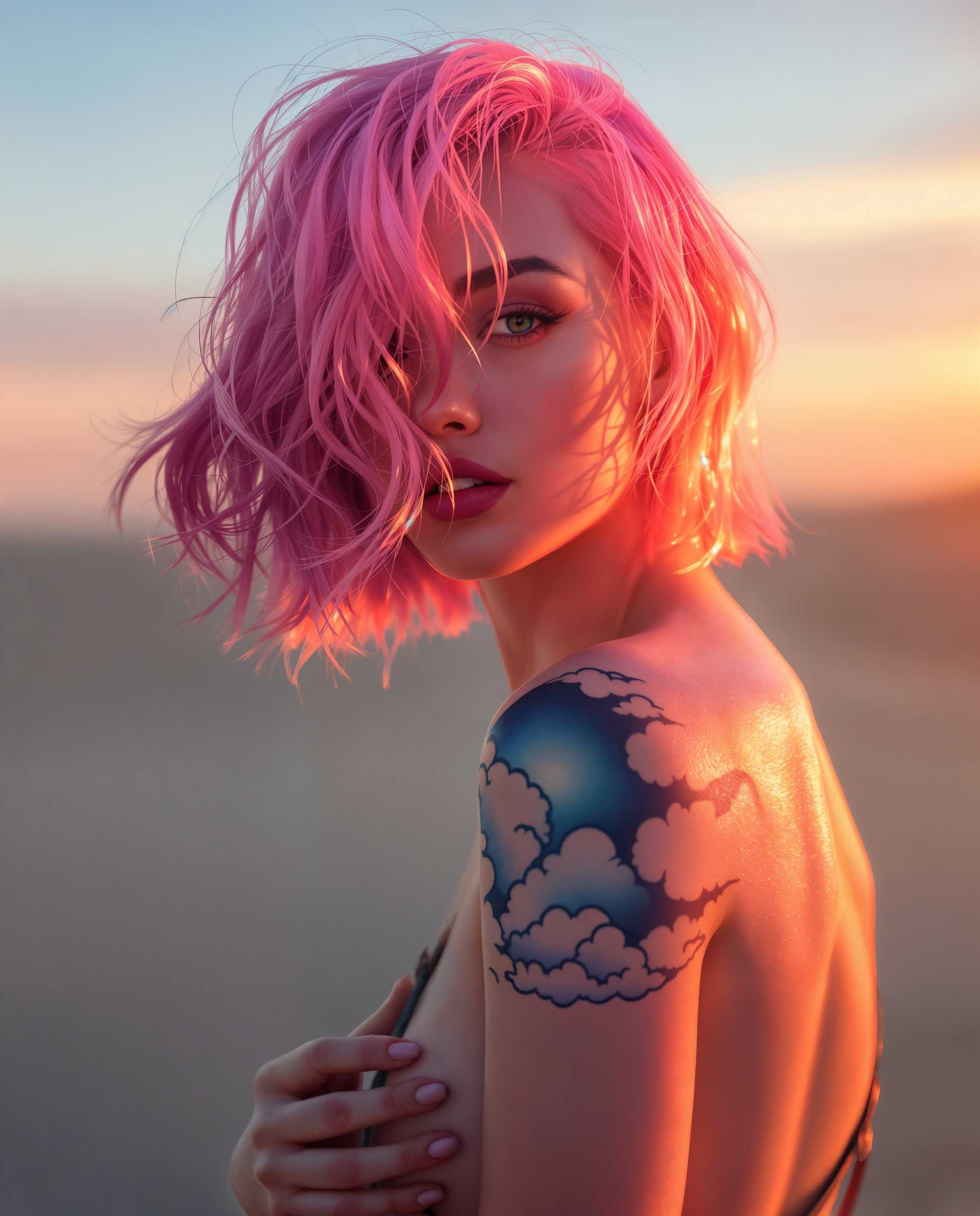masterpiece, best quality, highres, sharp image, more detail <lora:more_details:0.5> <lora:SDXLrender_v2.0:1>, masterpiece, best quality, highres, sharp image, more detail, This image is a realistic photo (photograph) of a female real person digital artwork that showcases a figure with striking pink hair and a cloudlike tattoo on the shoulder. The composition is dynamic, with the subject slightly turned to the side, which creates a sense of movement and engagement. The lighting in the image is soft and diffused, with a warm glow that suggests either sunrise or sunset. This lighting casts a serene ambiance and highlights the contours of the subjects face and the tattoo. The style of the artwork is reminiscent of digital painting, with smooth color gradients and a high level of detail, giving the image a lifelike quality. The use of vibrant colors and the placement of the subject within the composition contribute to the overall aesthetic appeal of the piece.