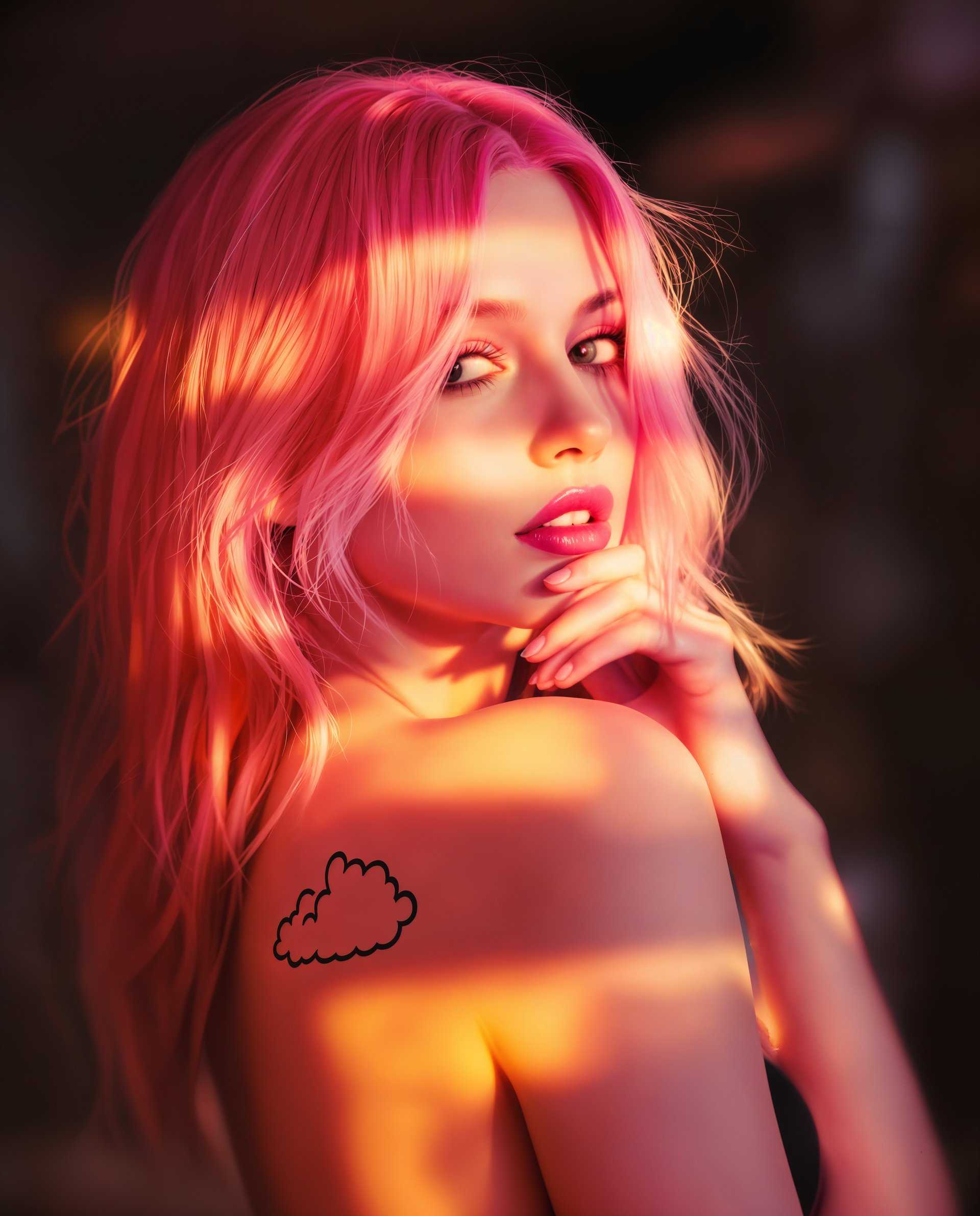 masterpiece, best quality, highres, sharp image, more detail <lora:more_details:0.5> <lora:SDXLrender_v2.0:1>, masterpiece, best quality, highres, sharp image, more detail, This image is a realistic photo (photograph) of a female real person digital artwork that showcases a figure with striking pink hair and a cloudlike tattoo on the shoulder. The composition is dynamic, with the subject slightly turned to the side, which creates a sense of movement and engagement. The lighting in the image is soft and diffused, with a warm glow that suggests either sunrise or sunset. This lighting casts a serene ambiance and highlights the contours of the subjects face and the tattoo. The style of the artwork is reminiscent of digital painting, with smooth color gradients and a high level of detail, giving the image a lifelike quality. The use of vibrant colors and the placement of the subject within the composition contribute to the overall aesthetic appeal of the piece.