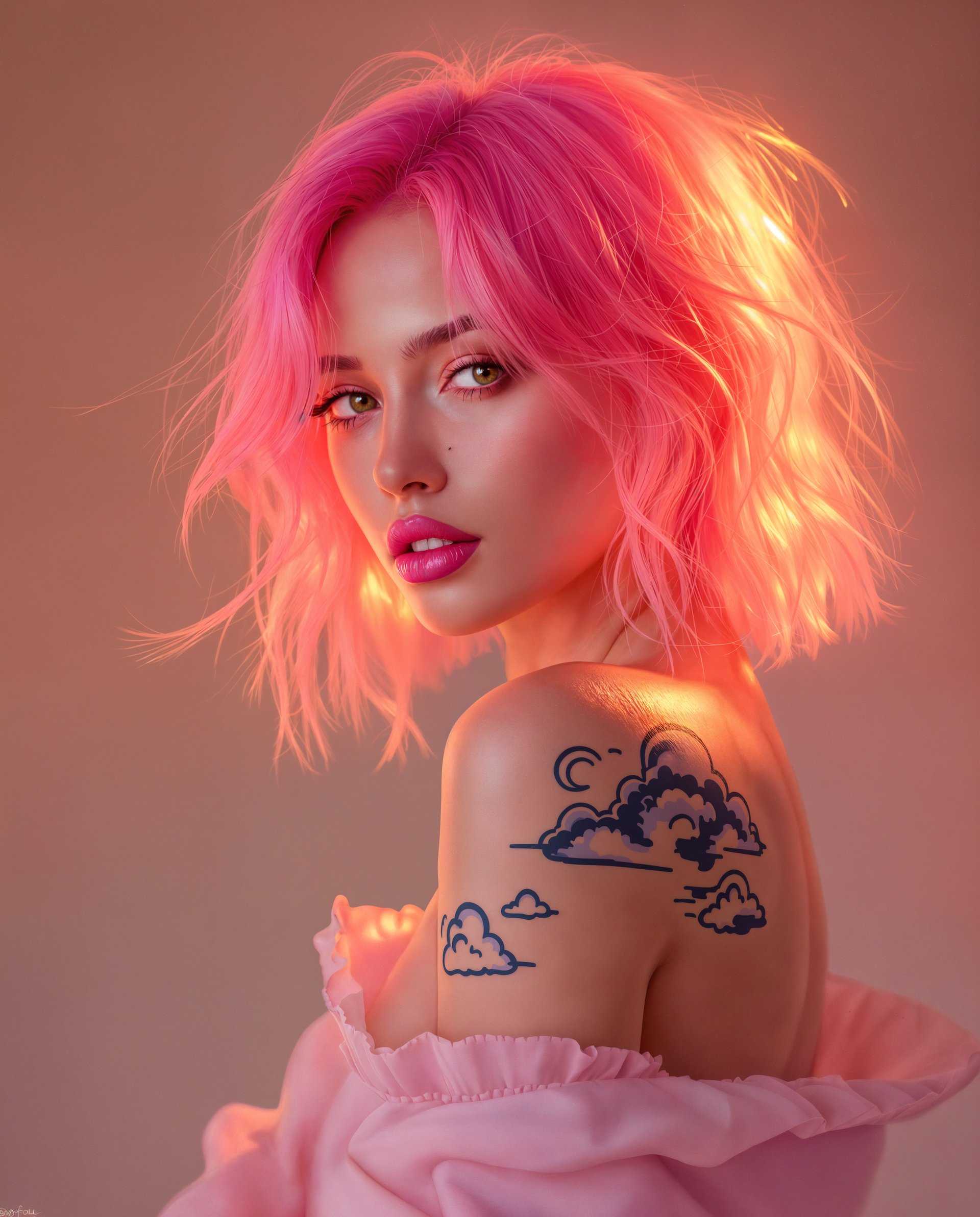 masterpiece, best quality, highres, sharp image, more detail <lora:more_details:0.5> <lora:SDXLrender_v2.0:1>, masterpiece, best quality, highres, sharp image, more detail, This image is a realistic photo (photograph) of a female real person digital artwork that showcases a figure with striking pink hair and a cloudlike tattoo on the shoulder. The composition is dynamic, with the subject slightly turned to the side, which creates a sense of movement and engagement. The lighting in the image is soft and diffused, with a warm glow that suggests either sunrise or sunset. This lighting casts a serene ambiance and highlights the contours of the subjects face and the tattoo. The style of the artwork is reminiscent of digital painting, with smooth color gradients and a high level of detail, giving the image a lifelike quality. The use of vibrant colors and the placement of the subject within the composition contribute to the overall aesthetic appeal of the piece.