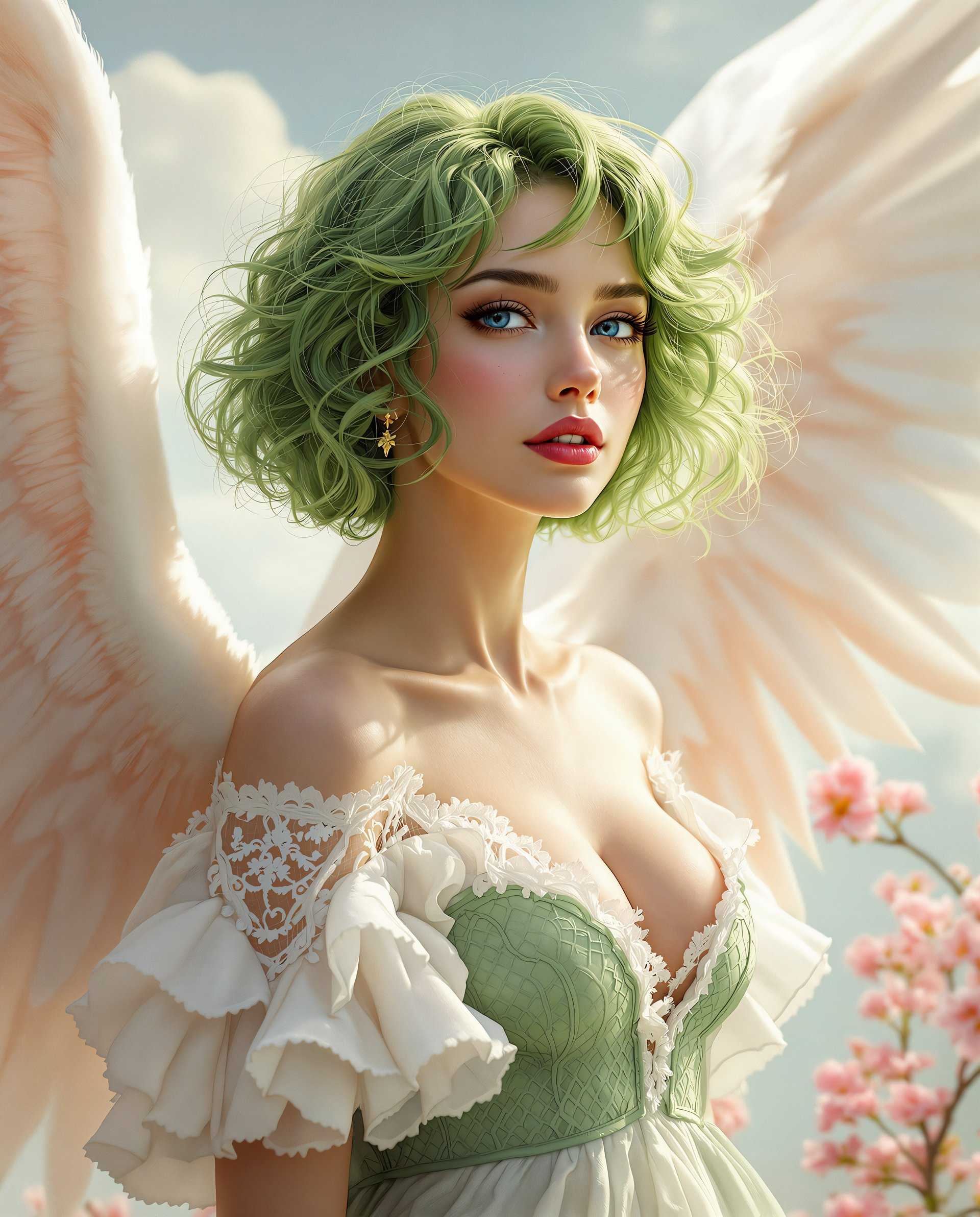 masterpiece, best quality, highres, sharp image, more detail <lora:more_details:0.5> <lora:SDXLrender_v2.0:1>, This image is a realistic photo (photograph) of a female real person digital artwork that showcases a figure with angelic characteristics. The art style is highly stylized and fantastical, with a focus on detailed textures and a soft, almost ethereal quality. The medium appears to be a digital painting, given the smooth blending of colors and the lack of brush strokes.The figure has short, curly green hair that flows in a gentle breeze, suggesting movement. The hair is a vibrant green with lighter highlights, giving it a realistic dimension. The figures skin is a warm, sunkissed tone, with a subtle blush on the cheeks and a hint of freckling, adding to the lifelike quality.The figure is adorned in a garment that is a combination of lace and fabric, predominantly in shades of white and green. The lace is intricate, with floral patterns and scalloped edges, giving a sense of delicate femininity. The fabric is sheer, with a ruffled texture that adds volume and movement to the garment.The figures wings are expansive and feathered, with a gradient of white to a soft pink at the edges, giving them a gentle, translucent appearance. The feathers are detailed with a realistic texture and shading, which adds depth and dimension to the wings.The background of the image is a soft, cloudy sky, with gentle light filtering through, casting a warm glow on the figure and creating a dreamlike quality. There are hints of pink blossoms in the distance, suggesting a spring or summer setting.Overall, the image is imbued with a sense of fantasy, beauty, and tranquility, with a focus on the interplay of light, texture, and color to create a visually compelling and emotionally evocative piece.