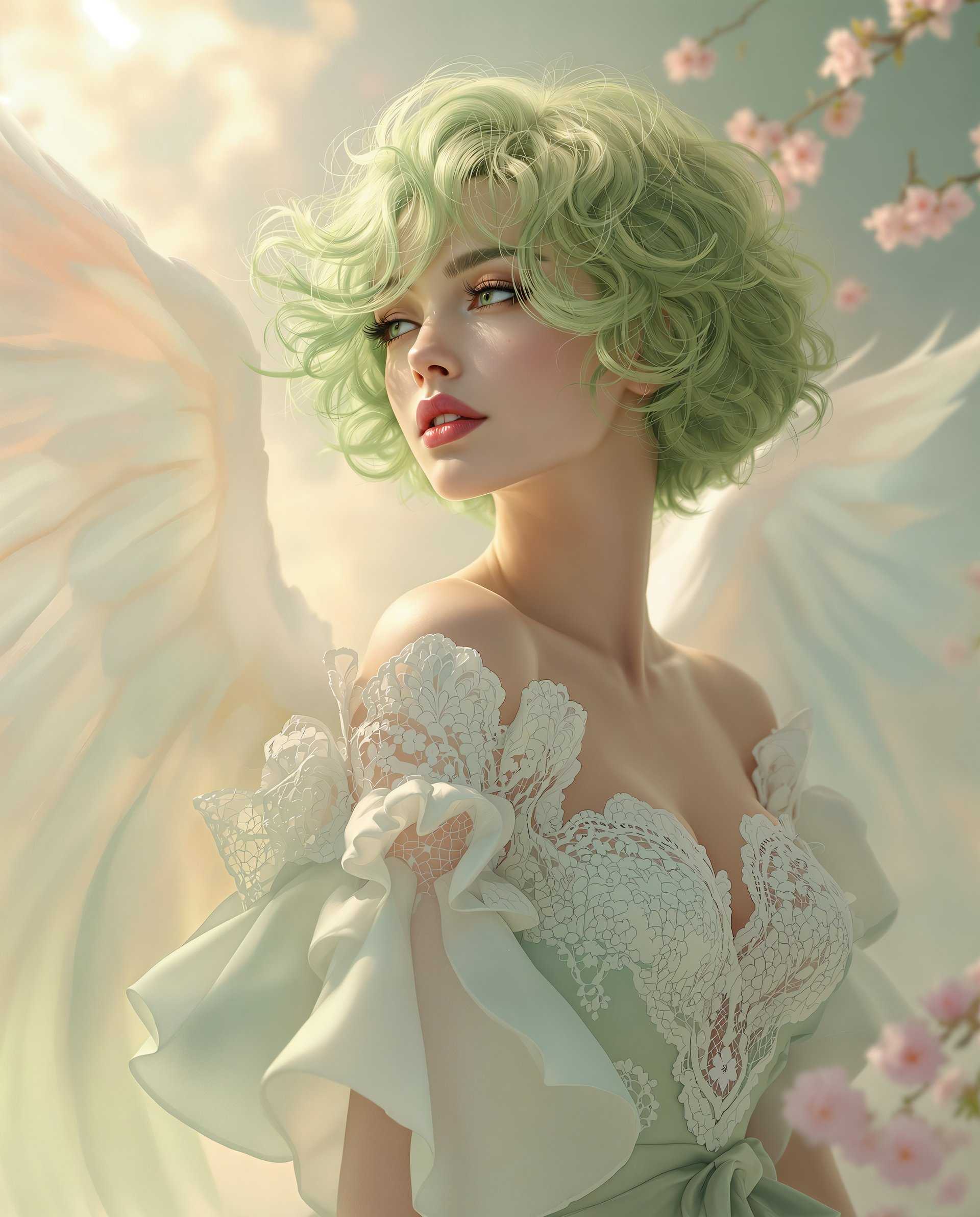 masterpiece, best quality, highres, sharp image, more detail <lora:more_details:0.5> <lora:SDXLrender_v2.0:1>, This image is a realistic photo (photograph) of a female real person digital artwork that showcases a figure with angelic characteristics. The art style is highly stylized and fantastical, with a focus on detailed textures and a soft, almost ethereal quality. The medium appears to be a digital painting, given the smooth blending of colors and the lack of brush strokes.The figure has short, curly green hair that flows in a gentle breeze, suggesting movement. The hair is a vibrant green with lighter highlights, giving it a realistic dimension. The figures skin is a warm, sunkissed tone, with a subtle blush on the cheeks and a hint of freckling, adding to the lifelike quality.The figure is adorned in a garment that is a combination of lace and fabric, predominantly in shades of white and green. The lace is intricate, with floral patterns and scalloped edges, giving a sense of delicate femininity. The fabric is sheer, with a ruffled texture that adds volume and movement to the garment.The figures wings are expansive and feathered, with a gradient of white to a soft pink at the edges, giving them a gentle, translucent appearance. The feathers are detailed with a realistic texture and shading, which adds depth and dimension to the wings.The background of the image is a soft, cloudy sky, with gentle light filtering through, casting a warm glow on the figure and creating a dreamlike quality. There are hints of pink blossoms in the distance, suggesting a spring or summer setting.Overall, the image is imbued with a sense of fantasy, beauty, and tranquility, with a focus on the interplay of light, texture, and color to create a visually compelling and emotionally evocative piece.