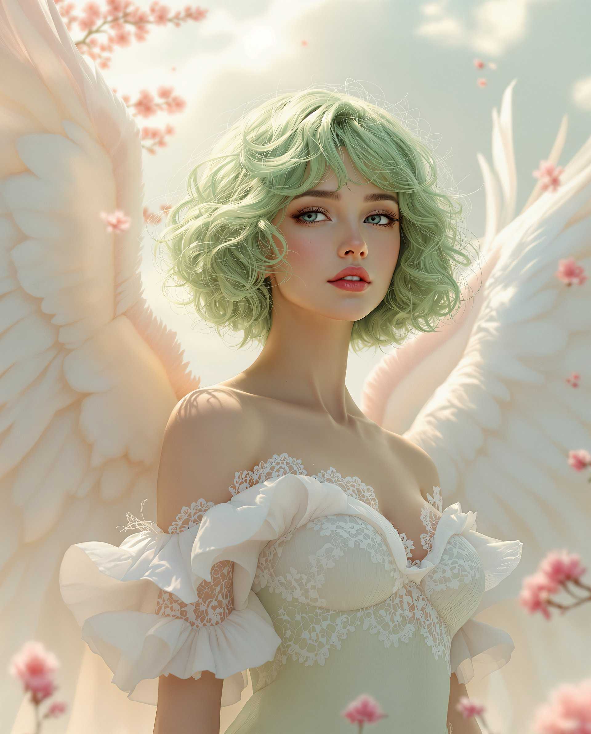 masterpiece, best quality, highres, sharp image, more detail <lora:more_details:0.5> <lora:SDXLrender_v2.0:1>, This image is a realistic photo (photograph) of a female real person digital artwork that showcases a figure with angelic characteristics. The art style is highly stylized and fantastical, with a focus on detailed textures and a soft, almost ethereal quality. The medium appears to be a digital painting, given the smooth blending of colors and the lack of brush strokes.The figure has short, curly green hair that flows in a gentle breeze, suggesting movement. The hair is a vibrant green with lighter highlights, giving it a realistic dimension. The figures skin is a warm, sunkissed tone, with a subtle blush on the cheeks and a hint of freckling, adding to the lifelike quality.The figure is adorned in a garment that is a combination of lace and fabric, predominantly in shades of white and green. The lace is intricate, with floral patterns and scalloped edges, giving a sense of delicate femininity. The fabric is sheer, with a ruffled texture that adds volume and movement to the garment.The figures wings are expansive and feathered, with a gradient of white to a soft pink at the edges, giving them a gentle, translucent appearance. The feathers are detailed with a realistic texture and shading, which adds depth and dimension to the wings.The background of the image is a soft, cloudy sky, with gentle light filtering through, casting a warm glow on the figure and creating a dreamlike quality. There are hints of pink blossoms in the distance, suggesting a spring or summer setting.Overall, the image is imbued with a sense of fantasy, beauty, and tranquility, with a focus on the interplay of light, texture, and color to create a visually compelling and emotionally evocative piece.
