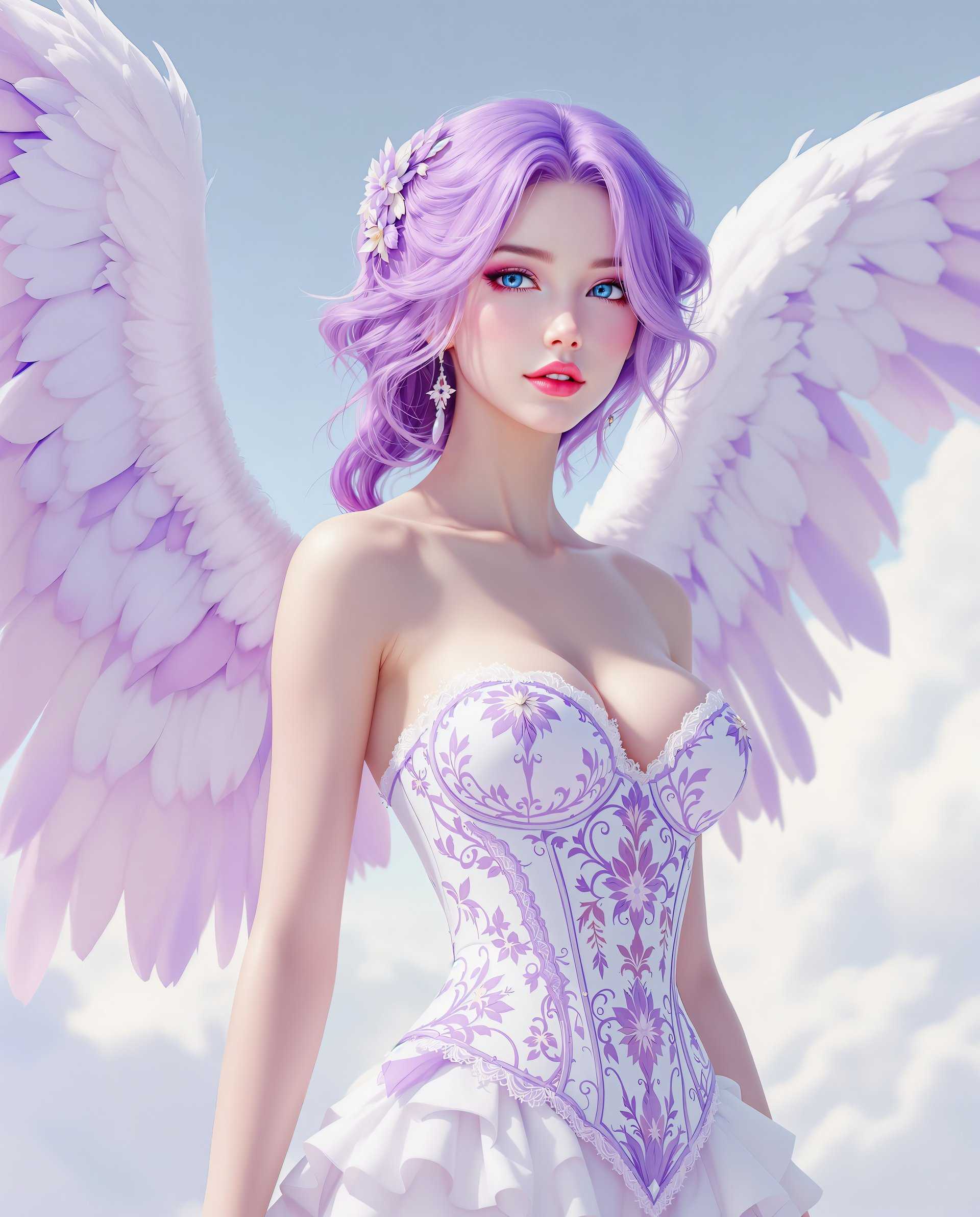 masterpiece, best quality, highres, sharp image, more detail <lora:more_details:0.5> <lora:SDXLrender_v2.0:1>, This image is a realistic photo (photograph) of a female real person digital artwork that features a character with a fantasy aesthetic. The medium seems to be a digital painting, given the smooth gradients and seamless blending of colors. The lighting and shadows are expertly rendered, creating a sense of depth and dimensionality.The primary colors in the image are soft pastels, with a predominance of purples, pinks, and whites. These colors are used to create a dreamy, otherworldly atmosphere. The characters hair is a vibrant shade of purple, which stands out against the softer colors of the clothing and the background.The character is wearing a garment that appears to be a fantasyinspired corset with lace detailing and floral patterns. The corset is primarily white with purple accents, and the lace and floral patterns are intricate and detailed. The corset is cinched at the waist, highlighting the characters slender figure.The character also has large, feathered wings that are primarily white with purple shading and detailing. The wings are spread out behind the character, and the feathers are rendered with a sense of volume and texture.The background of the image is a soft, cloudy sky, which complements the ethereal quality of the character. The clouds are rendered in a gradient of blues and whites, with subtle shading that gives them a threedimensional appearance.Overall, the image exudes a sense of fantasy, beauty, and tranquility, with a focus on detailed textures and a harmonious color palette.