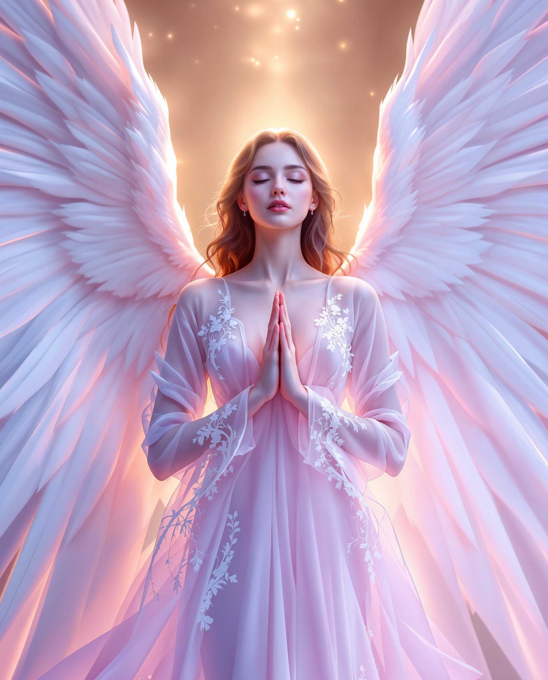 masterpiece, best quality, highres, sharp image, more detail <lora:more_details:0.5> <lora:SDXLrender_v2.0:1>, masterpiece, best quality, highres, sharp image, more detail, This image is a realistic photo (photograph) of a female real person digital artwork that showcases a figure with angelic characteristics, including expansive white wings and a serene, almost ethereal presence. Lets break down the artistic elements Composition The figure is centrally placed, which is a common compositional technique that draws the viewers eye directly to the subject. The wings are positioned symmetrically on either side of the figure, creating a sense of balance and harmony. The use of negative space, or the areas around the figure and wings that are not filled with detail, helps to emphasize the subject and gives the image a sense of depth. The figures hands are gently clasped in front, which can be interpreted as a gesture of peace or contemplation, adding to the overall serene mood of the piece.Lighting The lighting in the image is soft and diffused, with a warm, golden hue that suggests either dawn or dusk. The light source appears to be coming from above and behind the figure, casting a gentle glow on her skin and highlighting the delicate textures of her wings and clothing. The lighting also creates subtle shadows that give dimension to the figure and her surroundings, enhancing the threedimensional quality of the artwork.Style The style of the artwork is highly stylized, with a focus on smooth, flowing lines and curves that give the figure a soft, almost porcelainlike appearance. The use of color is vibrant and harmonious, with a palette that includes purples, pinks, and whites, which are often associated with innocence, purity, and gentleness. The digital rendering technique used to create the image gives it a high level of realism, with attention to fine details such as the individual feathers of the wings and the intricate lace patterns on the clothing. The overall style of the artwork is reminiscent of fantasy or science fiction genres, where such detailed and stylized depictions of characters are common.Overall, the image is a masterful blend of composition, lighting, and style, designed to evoke a sense of wonder and tranquility in the viewer.