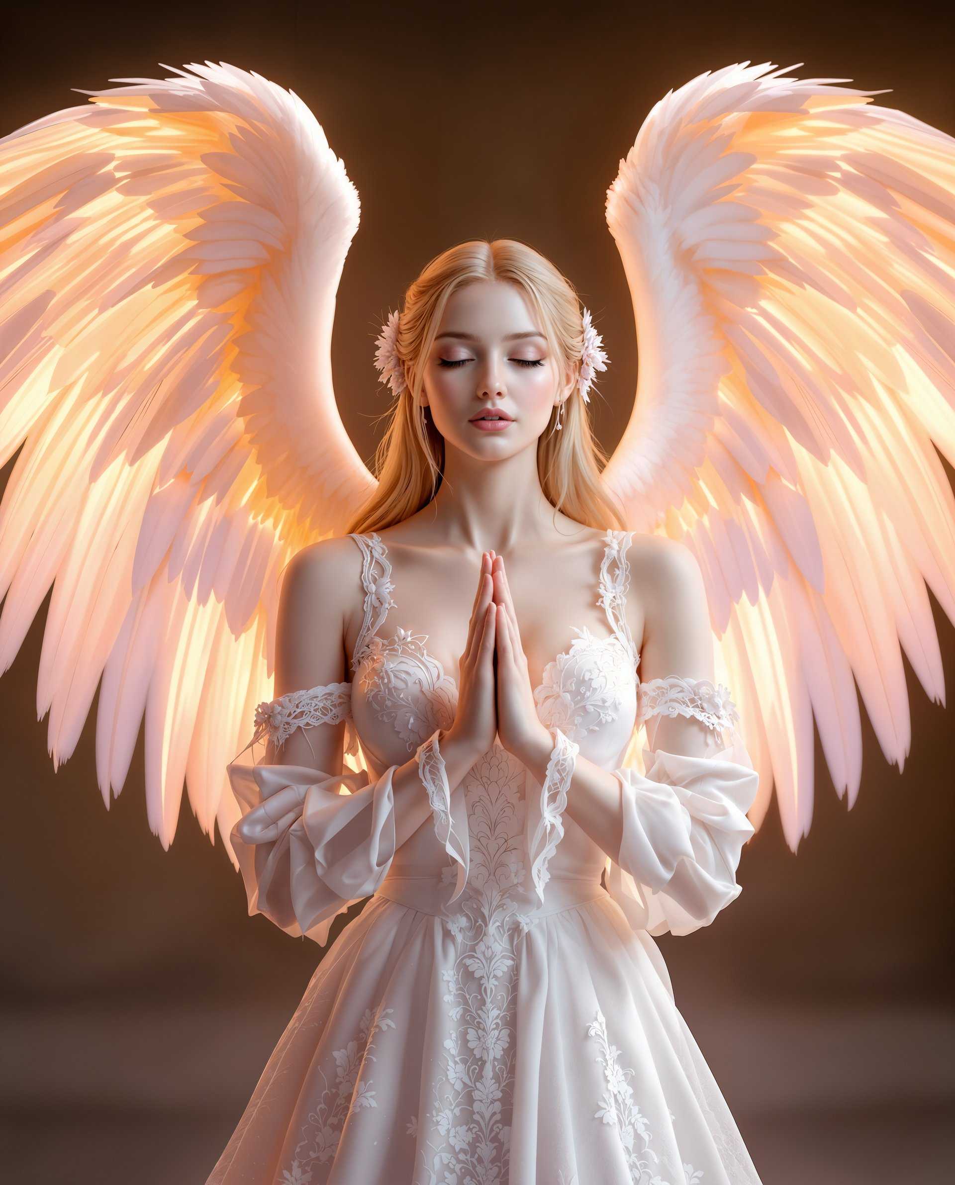 masterpiece, best quality, highres, sharp image, more detail <lora:more_details:0.5> <lora:SDXLrender_v2.0:1>, masterpiece, best quality, highres, sharp image, more detail, This image is a realistic photo (photograph) of a female real person digital artwork that showcases a figure with angelic characteristics, including expansive white wings and a serene, almost ethereal presence. Lets break down the artistic elements Composition The figure is centrally placed, which is a common compositional technique that draws the viewers eye directly to the subject. The wings are positioned symmetrically on either side of the figure, creating a sense of balance and harmony. The use of negative space, or the areas around the figure and wings that are not filled with detail, helps to emphasize the subject and gives the image a sense of depth. The figures hands are gently clasped in front, which can be interpreted as a gesture of peace or contemplation, adding to the overall serene mood of the piece.Lighting The lighting in the image is soft and diffused, with a warm, golden hue that suggests either dawn or dusk. The light source appears to be coming from above and behind the figure, casting a gentle glow on her skin and highlighting the delicate textures of her wings and clothing. The lighting also creates subtle shadows that give dimension to the figure and her surroundings, enhancing the threedimensional quality of the artwork.Style The style of the artwork is highly stylized, with a focus on smooth, flowing lines and curves that give the figure a soft, almost porcelainlike appearance. The use of color is vibrant and harmonious, with a palette that includes purples, pinks, and whites, which are often associated with innocence, purity, and gentleness. The digital rendering technique used to create the image gives it a high level of realism, with attention to fine details such as the individual feathers of the wings and the intricate lace patterns on the clothing. The overall style of the artwork is reminiscent of fantasy or science fiction genres, where such detailed and stylized depictions of characters are common.Overall, the image is a masterful blend of composition, lighting, and style, designed to evoke a sense of wonder and tranquility in the viewer.