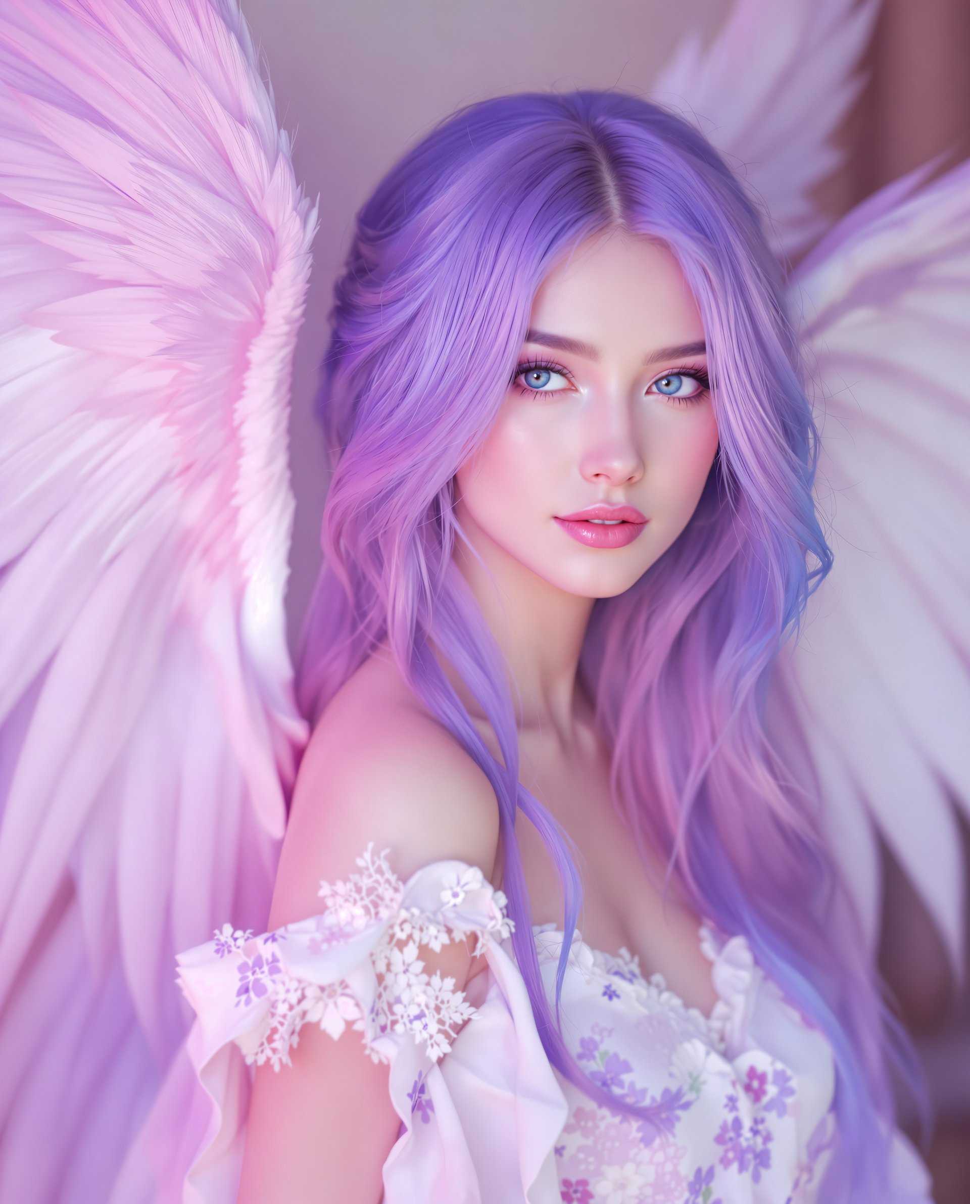 masterpiece, best quality, highres, sharp image, more detail <lora:more_details:0.5> <lora:SDXLrender_v2.0:1>, This image is a realistic photo (photograph) of a female real person digital artwork that features a character with a fantasy aesthetic.  The medium seems to be a digital painting, given the smooth gradients and the lack of brush strokes that are often present in traditional painting mediums. The lighting and shadows are expertly rendered, creating a sense of depth and dimensionality.The colors in the image are soft and pastel, with a predominance of purples, pinks, and whites. These colors are used to create a dreamy and otherworldly atmosphere. The characters hair is a vibrant shade of purple, which stands out against the softer colors of the rest of the image.The objects in the image are primarily the characters wings and clothing. The wings are large and feathered, with a gradient of white to a lighter purple at the tips, giving them a delicate and ethereal appearance. The clothing is a white and purple floral garment with lace details, which adds to the fantasy aesthetic of the character.Overall, the image exudes a sense of fantasy, beauty, and tranquility, with a focus on soft colors and detailed textures that create a dreamlike quality.