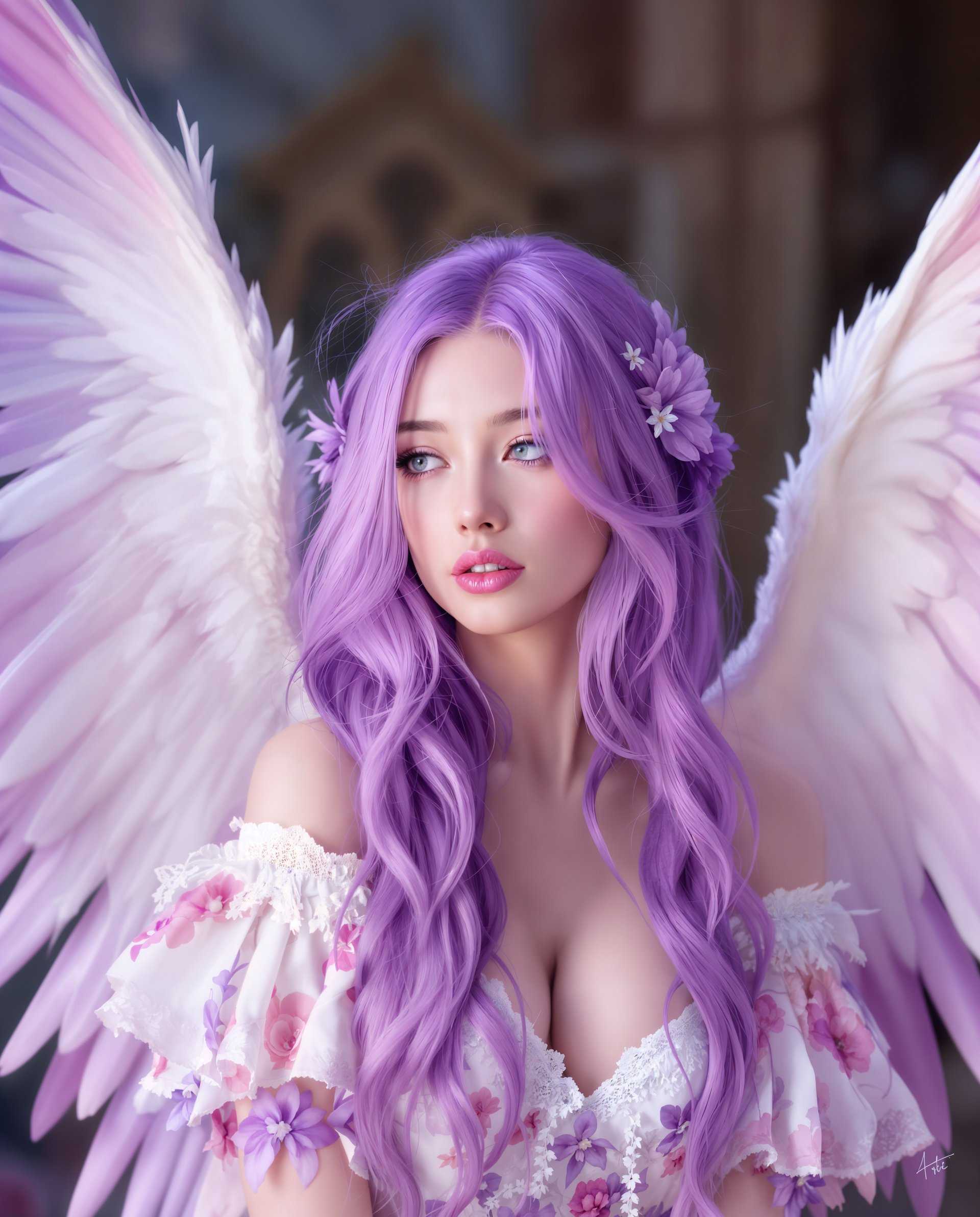 masterpiece, best quality, highres, sharp image, more detail <lora:more_details:0.5> <lora:SDXLrender_v2.0:1>, masterpiece, best quality, highres, sharp image, more detail, This image is a realistic photo (photograph) of a female real person digital artwork that features a character with a fantasy aesthetic.  The medium seems to be a digital painting, given the smooth gradients and the lack of brush strokes that are often present in traditional painting mediums. The lighting and shadows are expertly rendered, creating a sense of depth and dimensionality.The colors in the image are soft and pastel, with a predominance of purples, pinks, and whites. These colors are used to create a dreamy and otherworldly atmosphere. The characters hair is a vibrant shade of purple, which stands out against the softer colors of the rest of the image.The objects in the image are primarily the characters wings and clothing. The wings are large and feathered, with a gradient of white to a lighter purple at the tips, giving them a delicate and ethereal appearance. The clothing is a white and purple floral garment with lace details, which adds to the fantasy aesthetic of the character.Overall, the image exudes a sense of fantasy, beauty, and tranquility, with a focus on soft colors and detailed textures that create a dreamlike quality.