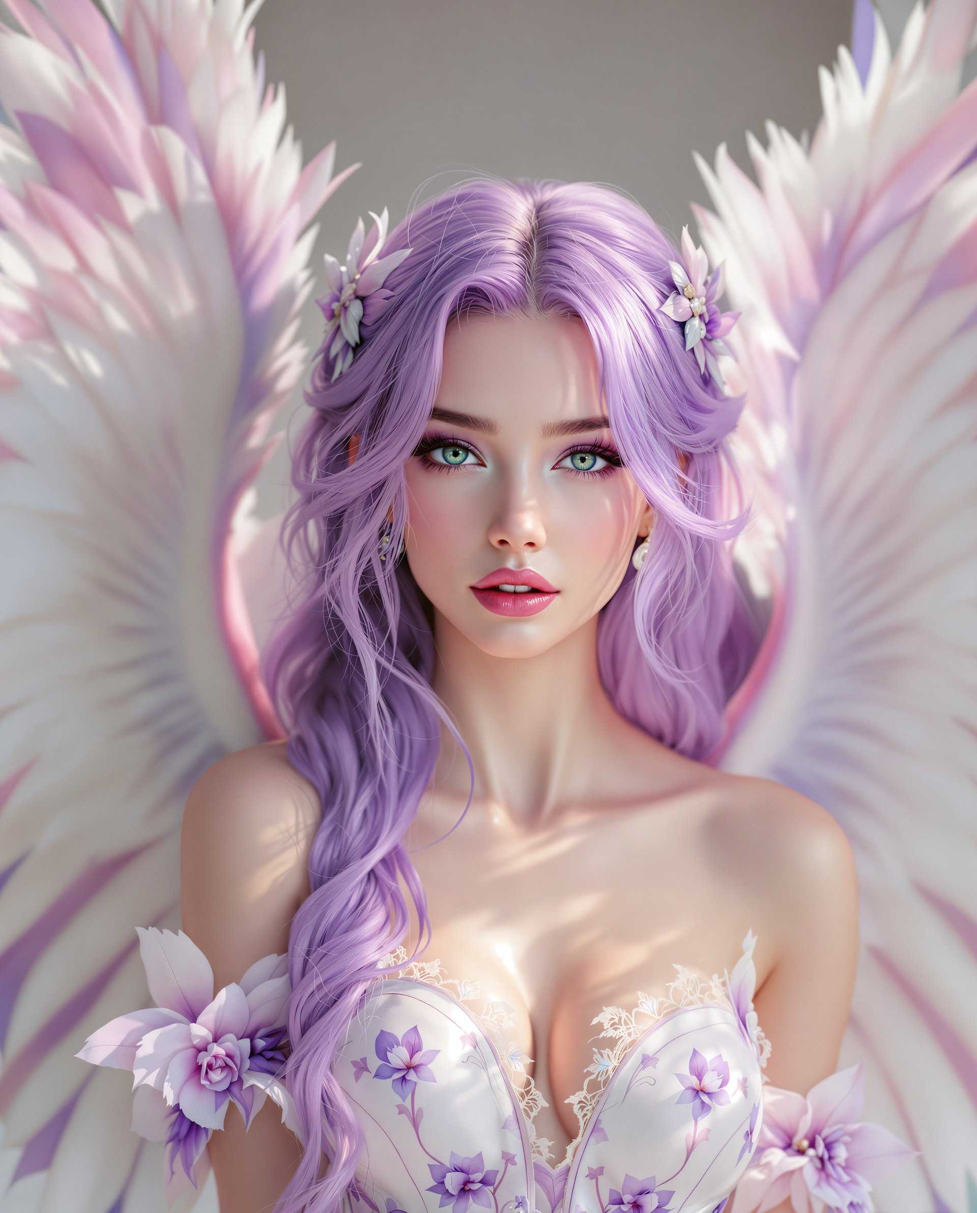 masterpiece, best quality, highres, sharp image, more detail <lora:more_details:0.5> <lora:SDXLrender_v2.0:1>, This image is a realistic photo (photograph) of a female real person digital artwork that features a character with a fantasy aesthetic.  The medium seems to be a digital painting, given the smooth gradients and the lack of brush strokes that are often present in traditional painting mediums. The lighting and shadows are expertly rendered, creating a sense of depth and dimensionality.The colors in the image are soft and pastel, with a predominance of purples, pinks, and whites. These colors are used to create a dreamy and otherworldly atmosphere. The characters hair is a vibrant shade of purple, which stands out against the softer colors of the rest of the image.The objects in the image are primarily the characters wings and clothing. The wings are large and feathered, with a gradient of white to a lighter purple at the tips, giving them a delicate and ethereal appearance. The clothing is a white and purple floral garment with lace details, which adds to the fantasy aesthetic of the character.Overall, the image exudes a sense of fantasy, beauty, and tranquility, with a focus on soft colors and detailed textures that create a dreamlike quality.