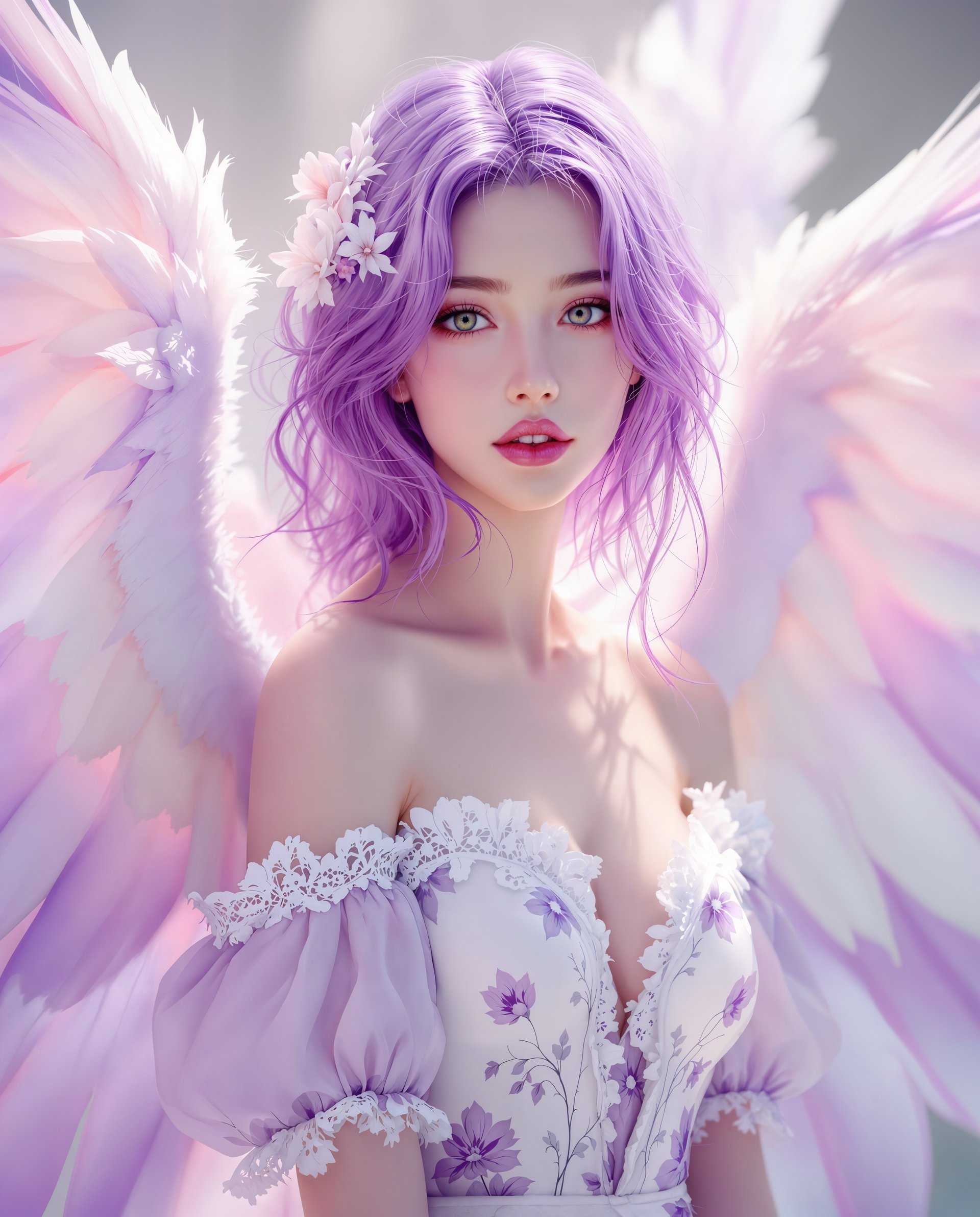 masterpiece, best quality, highres, sharp image, more detail <lora:more_details:0.5> <lora:SDXLrender_v2.0:1>, masterpiece, best quality, highres, sharp image, more detail, This image is a realistic photo (photograph) of a female real person digital artwork that features a character with a fantasy aesthetic.  The medium seems to be a digital painting, given the smooth gradients and the lack of brush strokes that are often present in traditional painting mediums. The lighting and shadows are expertly rendered, creating a sense of depth and dimensionality.The colors in the image are soft and pastel, with a predominance of purples, pinks, and whites. These colors are used to create a dreamy and otherworldly atmosphere. The characters hair is a vibrant shade of purple, which stands out against the softer colors of the rest of the image.The objects in the image are primarily the characters wings and clothing. The wings are large and feathered, with a gradient of white to a lighter purple at the tips, giving them a delicate and ethereal appearance. The clothing is a white and purple floral garment with lace details, which adds to the fantasy aesthetic of the character.Overall, the image exudes a sense of fantasy, beauty, and tranquility, with a focus on soft colors and detailed textures that create a dreamlike quality.