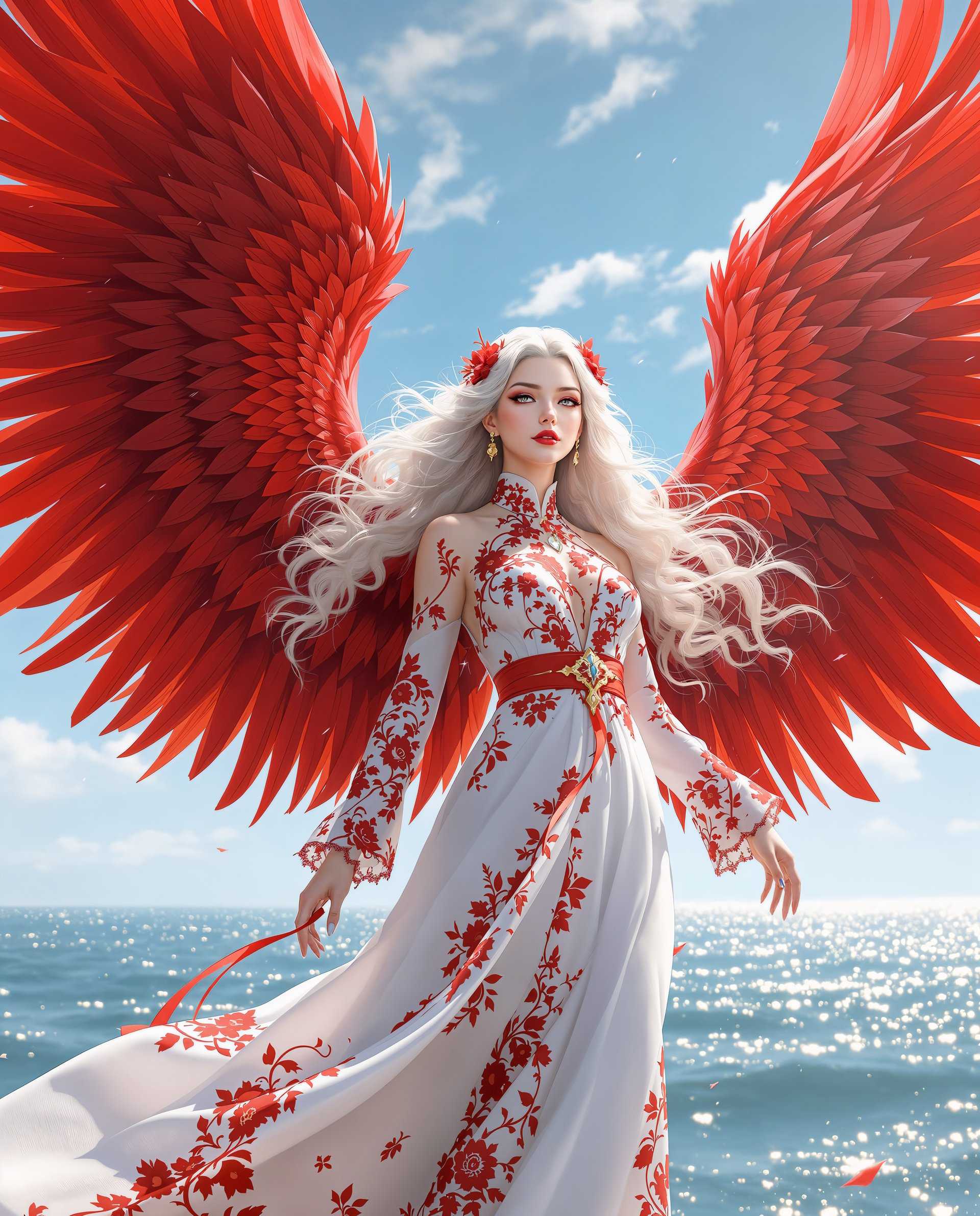 masterpiece, best quality, highres, sharp image, more detail <lora:more_details:0.5> <lora:SDXLrender_v2.0:1>, Create a photorealistic digital painting of a female character with a striking appearance. She is adorned in an elegant, flowing white dress with a high neckline and long sleeves, detailed with red floral lace and opulent embellishments. A delicate red belt cinches her waist, accentuating her silhouette. Her hair cascades in white curls, flowing freely and adorned with a matching red floral accessory. The focal point is her expansive, intricately detailed red wings, featuring featherlike patterns and a gradient of red hues, spread wide to convey freedom and power. 

Set this scene against a serene seascape background. The sky is a clear blue with wispy clouds, and the sea is calm with gentle waves reflecting sunlight, creating a shimmering effect on the water's surface. The horizon is softly blurred, focusing attention on the character. 

**Visual Details:**
- The dress should exhibit realistic textures, with lace and floral patterns intricately embroidered.
- The wings should appear lifelike with fine details in the feathers, capturing light and shadow to enhance their depth and texture.
- The hair should flow naturally, with each curl distinct and lifelike, enhancing the sense of movement.

**Style:** 
- The image should mimic the style of high-fantasy digital art, with a focus on hyper-realism and dramatic lighting to emphasize the ethereal beauty of the character.

**Composition:**
- Center the character in the frame, with wings spread to dominate the upper portion of the image, creating a V-shape that leads the eye toward her face and dress.
- Use a low camera angle to give the character a majestic, powerful presence.

**Mood and Atmosphere:**
- The scene should evoke a sense of fantasy, serenity, and power. Use soft, warm lighting to bathe the character in an almost divine glow, contrasting with the cool tones of the sea and sky.

**Technical Aspects:**
- Employ depth of field to blur the background, keeping the character sharply in focus.
- Utilize high dynamic range (HDR) to capture the full spectrum of light, from the bright sky to the darker feathers of the wings.
- Incorporate soft focus and bokeh in the background to enhance the dreamy quality of the scene.

**Cohesion:**
- Ensure the red floral motifs on the dress and hair accessory harmonize with the red wings, creating a unified color palette that ties the elements together.
- The character's expression should be serene yet powerful, matching the serene yet dynamic background to create a compelling narrative of beauty and strength.