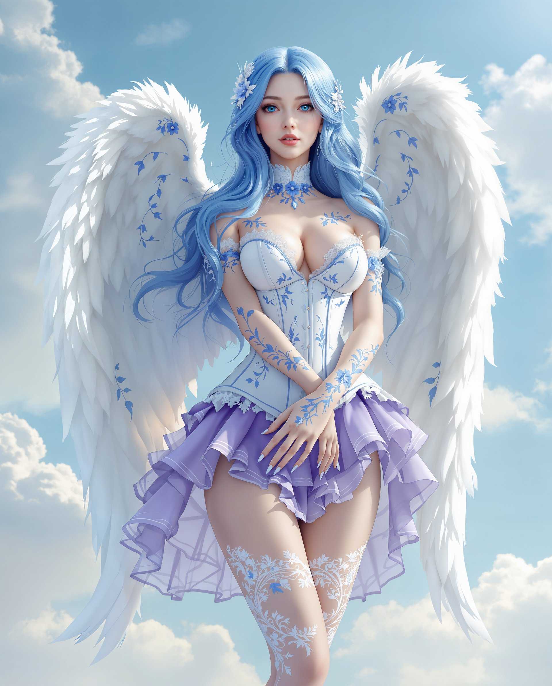 masterpiece, best quality, highres, sharp image, more detail <lora:more_details:0.5> <lora:SDXLrender_v2.0:1>, masterpiece, best quality, highres, sharp image, more detail, This is a realistic photo (photograph) of a female real person digital artwork that depicts a figure with angelic characteristics. The art style is highly stylized and fantastical, with a focus on detailed textures and a soft, almost ethereal quality. The medium appears to be a digital painting, given the smooth gradients and seamless blending of colors.The figure has long, flowing blue hair that cascades down her back and shoulders. Her eyes are a striking shade of blue, which complements her hair. She has large, white wings that are feathered and spread out behind her, giving the impression of weightlessness and grace. The wings are adorned with intricate blue designs and patterns, which echo the blue in her hair and eyes.The figure is wearing a white corset with lace detailing and blue floral patterns, which adds to the angelic theme. The corset is fitted and accentuates the figures curves. She also wears a purple skirt with a ruffled hem, which contrasts with the white of the corset and the blue of her hair and wings. The skirt is also adorned with lace and blue floral patterns.The figures arms are crossed in front of her, and she is wearing white stockings with lace detailing that reach up to midthigh. The stockings are paired with delicate, highheeled shoes that have a blue and white color scheme, matching the overall aesthetic of her outfit.The background of the image is a soft, pastel blue sky scattered with fluffy white clouds. The lighting in the image is gentle and diffused, casting a warm glow on the figure and creating a serene atmosphere. The clouds are rendered with a soft, almost watercolorlike texture, adding to the dreamy quality of the scene.Overall, the image exudes a sense of fantasy, beauty, and tranquility, with a color palette that is soothing to the eye. The attention to detail in the textures and patterns, as well as the harmonious color scheme, contribute to the overall aesthetic of the artwork.