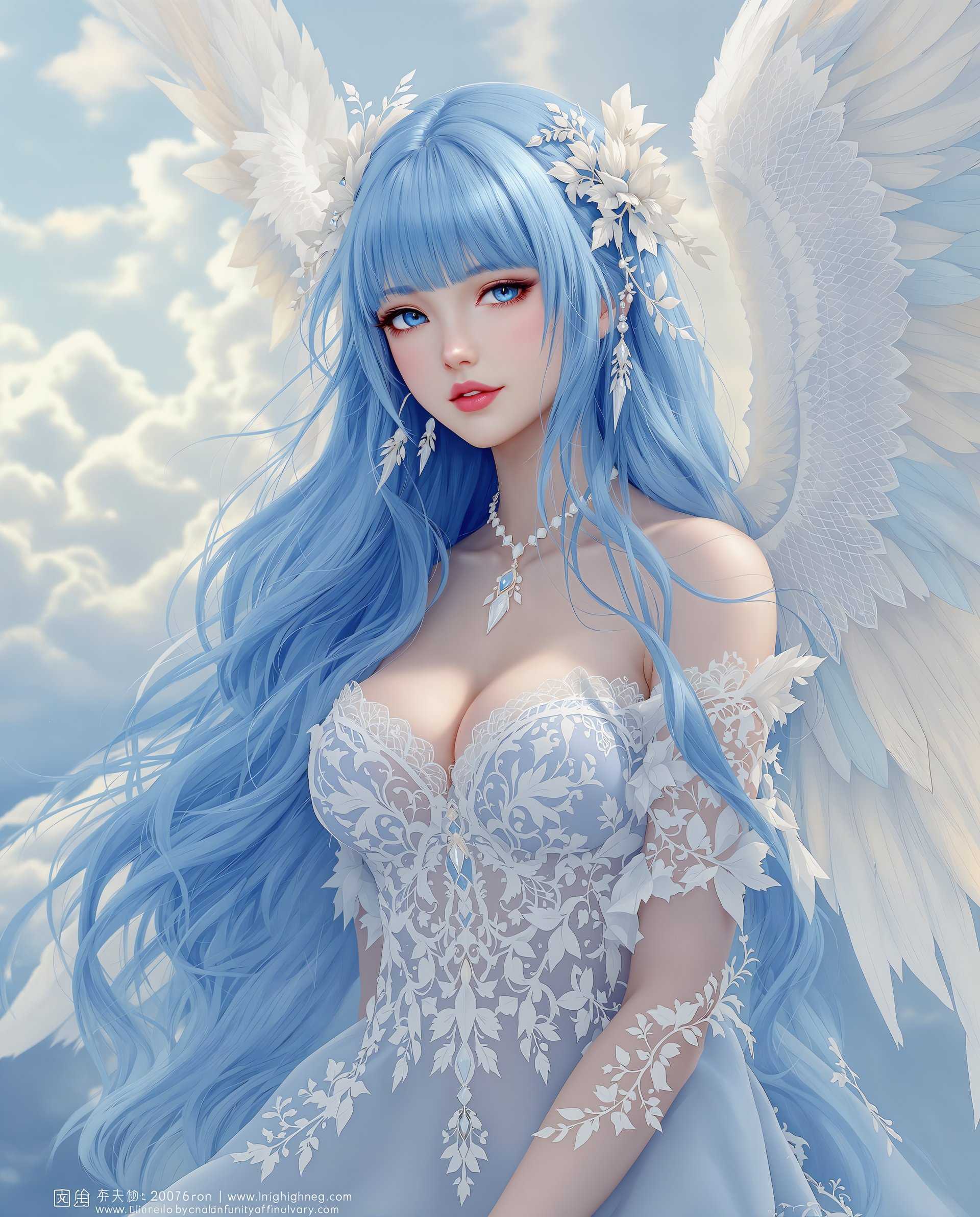masterpiece, best quality, highres, sharp image, more detail <lora:more_details:0.5> <lora:SDXLrender_v2.0:1>, This image is a realistic photo (photograph) of a female real person digital artwork that depicts a figure with angelic characteristics. The art style is highly stylized and fantastical, with a focus on intricate details and a soft, ethereal quality. The medium appears to be a digital painting, given the smooth gradients and seamless blending of colors.The figure has long, flowing blue hair with bangs that cascade down her back and shoulders. The hair is adorned with lace and floral accessories, which echo the overall theme of the image. Her eyes are a striking shade of blue, which complements the blue of her hair.She is wearing a lavish, blue and white lace garment that drapes elegantly over her body. The garment is embellished with crystals and beads, adding a touch of opulence. The lace and fabric have a sheer quality, allowing for a play of light and shadow that gives the image a dreamlike quality.The figure also has large, white wings that extend from her back. The wings are feathered and have a translucent quality, with a gradient of white to a softer, pastel blue at the edges. The wings are adorned with lace and floral patterns, similar to the garment she is wearing.The background of the image is a soft, cloudy sky, which transitions from a light, pastel blue at the top to a deeper, richer blue at the bottom. The clouds are fluffy and white, with a gentle gradient that gives the impression of depth. The sky and clouds are rendered with a high level of detail, with individual strands of clouds and a realistic play of light and shadow.Overall, the image exudes a sense of fantasy, beauty, and tranquility. The use of color, texture, and light is masterful, creating a visually stunning and immersive experience.