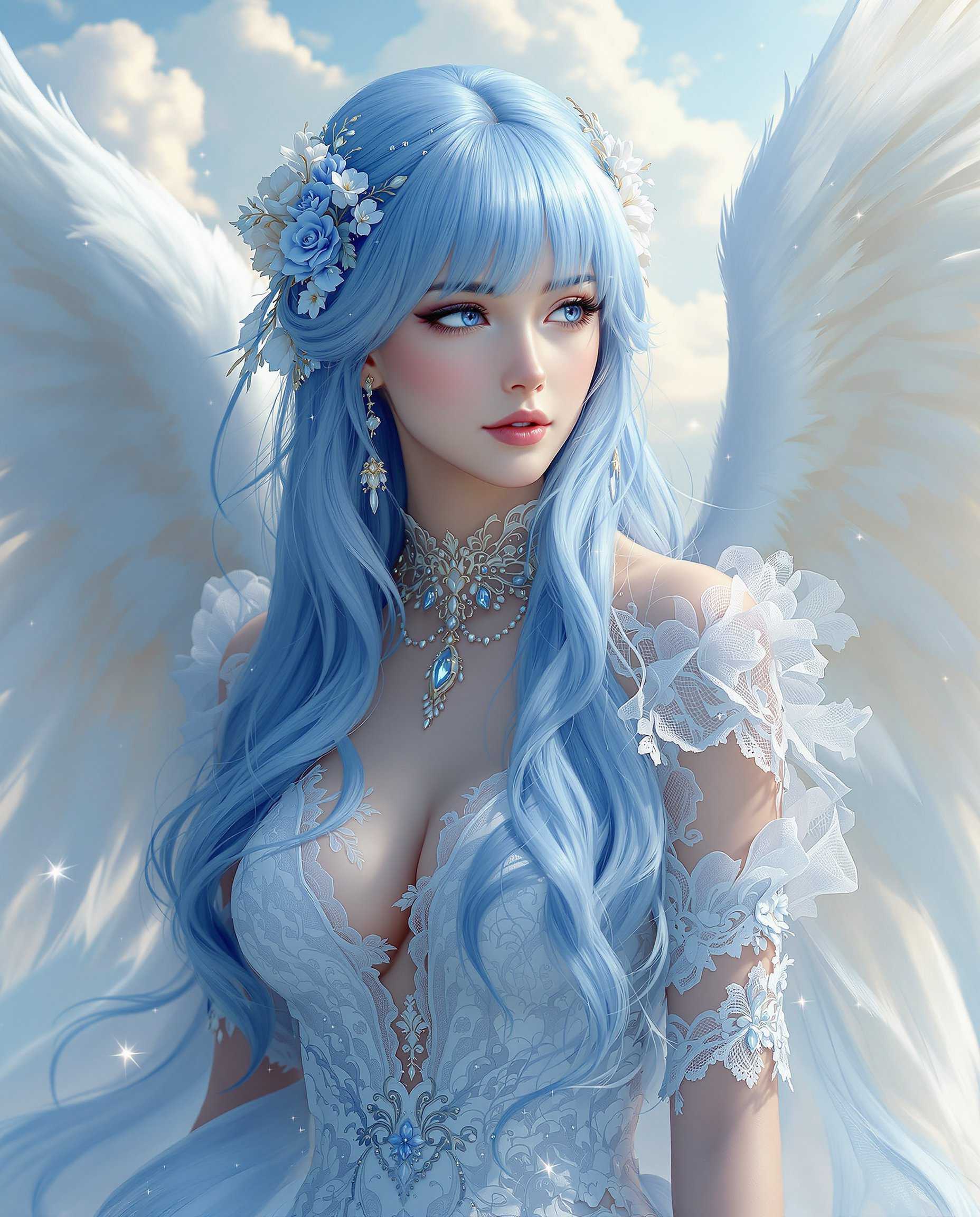 masterpiece, best quality, highres, sharp image, more detail <lora:more_details:0.5> <lora:SDXLrender_v2.0:1>, This image is a realistic photo (photograph) of a female real person digital artwork that depicts a figure with angelic characteristics. The art style is highly stylized and fantastical, with a focus on intricate details and a soft, ethereal quality. The medium appears to be a digital painting, given the smooth gradients and seamless blending of colors.The figure has long, flowing blue hair with bangs that cascade down her back and shoulders. The hair is adorned with lace and floral accessories, which echo the overall theme of the image. Her eyes are a striking shade of blue, which complements the blue of her hair.She is wearing a lavish, blue and white lace garment that drapes elegantly over her body. The garment is embellished with crystals and beads, adding a touch of opulence. The lace and fabric have a sheer quality, allowing for a play of light and shadow that gives the image a dreamlike quality.The figure also has large, white wings that extend from her back. The wings are feathered and have a translucent quality, with a gradient of white to a softer, pastel blue at the edges. The wings are adorned with lace and floral patterns, similar to the garment she is wearing.The background of the image is a soft, cloudy sky, which transitions from a light, pastel blue at the top to a deeper, richer blue at the bottom. The clouds are fluffy and white, with a gentle gradient that gives the impression of depth. The sky and clouds are rendered with a high level of detail, with individual strands of clouds and a realistic play of light and shadow.Overall, the image exudes a sense of fantasy, beauty, and tranquility. The use of color, texture, and light is masterful, creating a visually stunning and immersive experience.