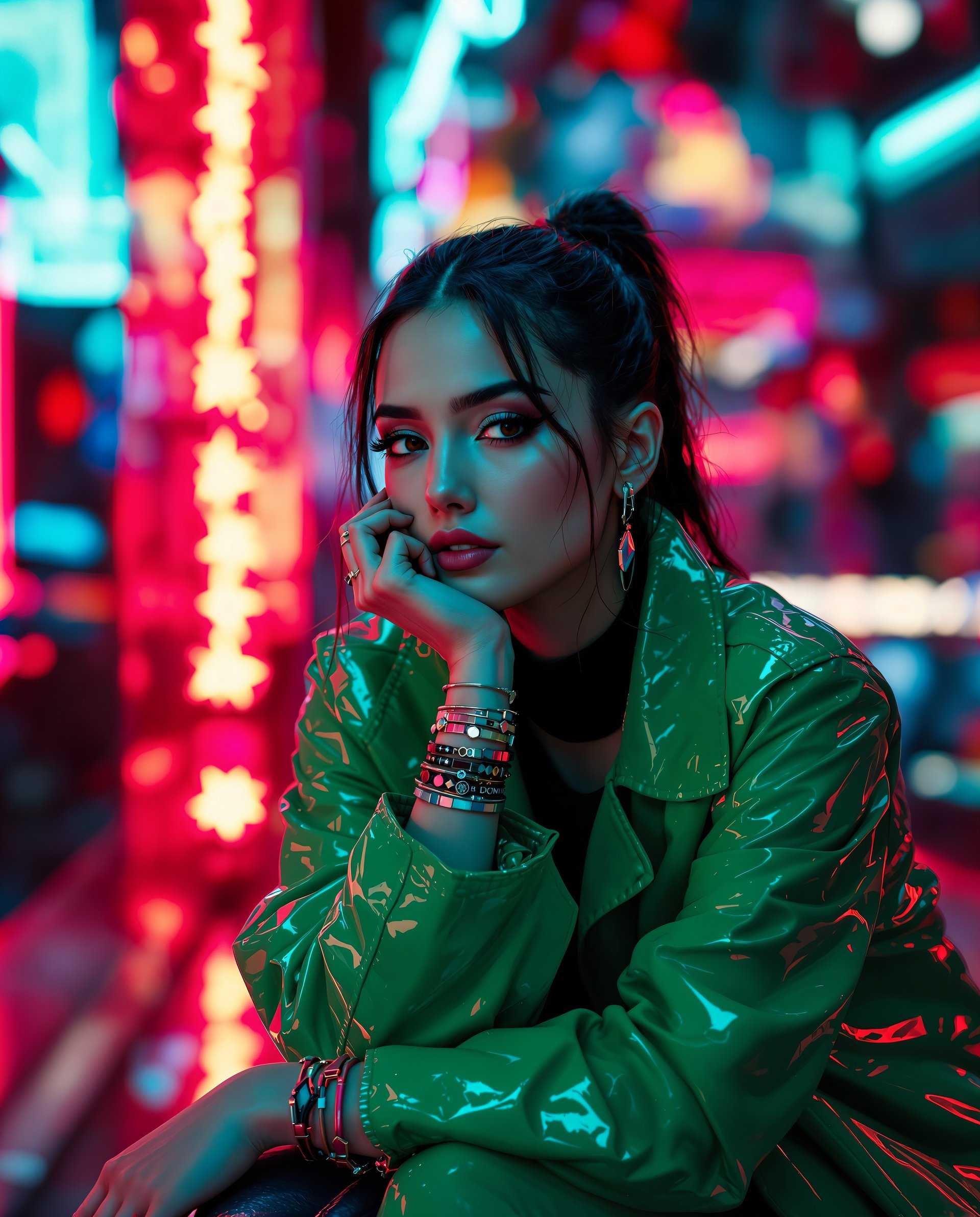 masterpiece, best quality, highres, sharp image, more detail <lora:more_details:0.5> <lora:SDXLrender_v2.0:1>, This image is a realistic photo (photograph) of a female real person digital creation that exudes a cyberpunk vibe, with a strong emphasis on neon lights and a futuristic aesthetic. The art style is reminiscent of a digital painting, with a high level of detail and a cinematic quality.The medium appears to be a digital painting or a digitally manipulated photograph, given the smooth blending of colors and the lack of texture that one might expect from a traditional painting medium. The image has a glossy, almost reflective quality, which could suggest a surface like glass or a polished metal.The colors in the image are predominantly cool tones, with a strong presence of blues and greens. These colors are complemented by the warm tones of the neon lights, which add contrast and depth to the scene. The reds and oranges in the background create a stark contrast with the cool colors, drawing the viewers eye and adding to the overall dramatic effect.The objects in the image are few but impactful. The subject, a person, is wearing a green jacket with a shiny, patentlike finish, which reflects the neon lights and adds to the overall futuristic feel. The person is also wearing a black top underneath the jacket, and their hands are adorned with multiple bracelets and rings, which are detailed and metallic in appearance. The persons pose is relaxed, with one hand supporting their chin, and the other hand resting on their knee, suggesting a moment of contemplation or rest.The background is a blur of neon lights and bokeh effects, creating a sense of movement and energy. The lights are in various shapes and sizes, with some forming recognizable patterns, such as a starburst, and others appearing more random and organic. The bokeh effect adds to the depth and complexity of the scene, drawing the viewers eye through the various layers of light and shadow.Overall, the image is a compelling blend of futuristic elements, cool tones, and dramatic lighting that creates a sense of mystery and intrigue.