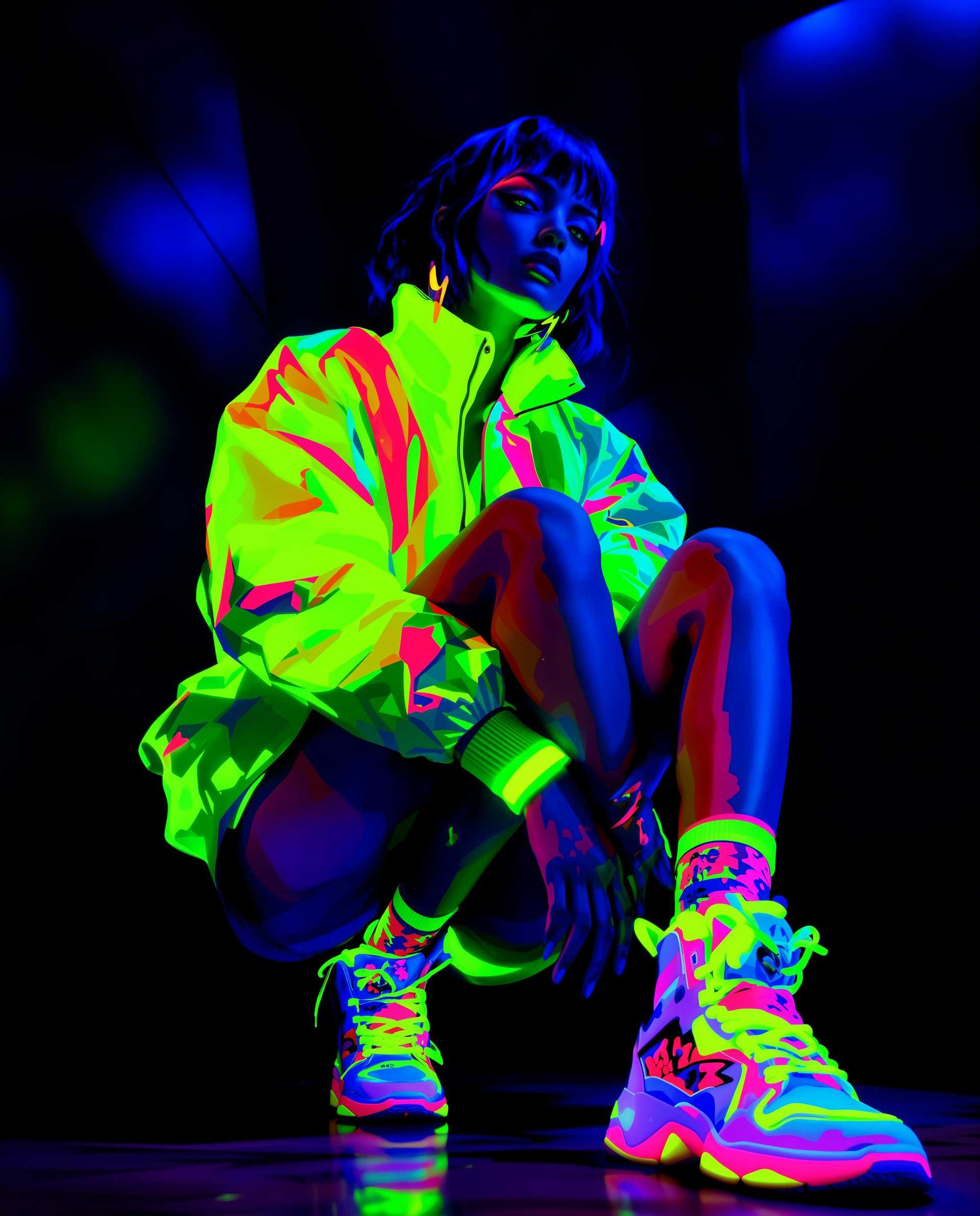 masterpiece, best quality, highres, sharp image, more detail, masterpiece, best quality, highres, sharp image, more detail, This image is a realistic photo (photograph) of a female real person digital creation that exudes a vibrant and edgy aesthetic, with a strong emphasis on neon colors and a cyberpunk influence. The art style is reminiscent of contemporary pop art with a futuristic twist, utilizing bold outlines and a highcontrast color palette.The medium appears to be a digital painting or graphic, as evidenced by the smooth gradients and seamless blending of colors. The image is set against a dark, moody background that suggests an indoor setting with blue lighting, which casts dynamic shadows and highlights across the subject.The colors are striking and saturated, with a predominance of neon green and blue hues that stand out against the darker tones. The subject is wearing a neon green bomber jacket with a high collar and a matching neon green wristband, which adds to the overall pop of color. The jacket has a slightly puffed, oversized fit that contributes to the edgy, urban look.The subjects legs are crossed, and they are wearing white sneakers with a hightop design and a mix of patterns, including floral and geometric shapes. The sneakers have a translucent quality, with neon green accents that match the jacket and wristband. The subjects socks are also neon green, which ties the outfit together.The subjects pose is relaxed yet deliberate, with one knee slightly bent and the other leg extended. The hands are placed on the knees, and the fingers are slightly curled, giving the impression of a casual, contemplative stance.Overall, the image is a visually arresting piece that combines fashion, art, and technology to create a compelling and dynamic visual experience.