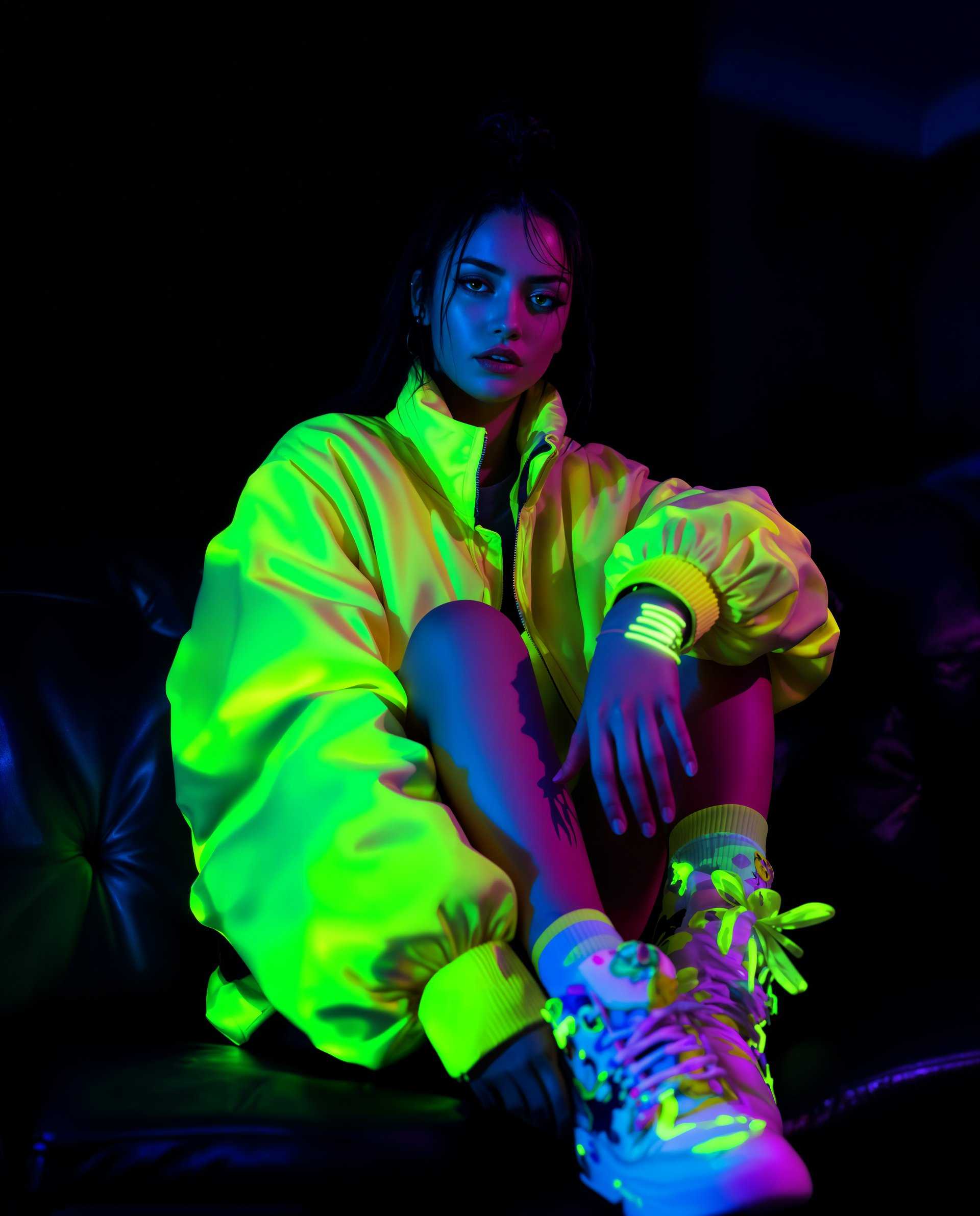 masterpiece, best quality, highres, sharp image, more detail <lora:more_details:0.5> <lora:SDXLrender_v2.0:1>, masterpiece, best quality, highres, sharp image, more detail, Create an image with the following specifications:

Subject:
- A young woman with an edgy, cyberpunk-inspired appearance, wearing a neon green bomber jacket with a high collar, matching wristband, and white high-top sneakers with translucent elements and neon green accents.

Environment:
- Indoors, in a dimly lit room with blue lighting creating dynamic shadows and highlights. The background should be dark and moody, enhancing the contrast with the subject's vibrant attire.

Visual Elements:
- **Colors:** Saturated neon greens and blues against darker tones for high contrast.
- **Textures:** Smooth gradients in digital painting, seamless blending of colors, with the bomber jacket having a slightly puffed, oversized fit.
- **Details:** White sneakers with a mix of floral and geometric patterns, translucent sections with neon green accents; socks matching the jacket's color. The subject's legs are crossed, one knee slightly bent, and hands placed on knees with fingers slightly curled.

Artistic Style:
- Contemporary pop art with a futuristic twist, characterized by bold outlines and a high-contrast color palette, reminiscent of digital art or graphic design.

Composition:
- The subject is centered, with the pose relaxed yet deliberate, capturing a casual, contemplative mood. The camera angle should be slightly low to give a sense of looking up at the subject, emphasizing their presence.

Lighting:
- Use of blue light to cast shadows that highlight the textures and shapes of the clothing, with some areas highlighted to mimic neon glow.

Mood and Atmosphere:
- A vibrant, edgy, and slightly mysterious atmosphere, evoking the nightlife or a secretive meeting in a cyberpunk city.

Technical Aspects:
- Focus on depth of field to blur the background slightly, keeping the subject sharp. Employ a shallow depth of field to emphasize the subject's attire. Use techniques like light painting to enhance the neon effect and digital painting to achieve smooth color transitions.

Cohesion:
- Ensure all elements from the subject's outfit, pose, lighting, and background work together to convey a unified, futuristic urban scene with a pop art influence.
