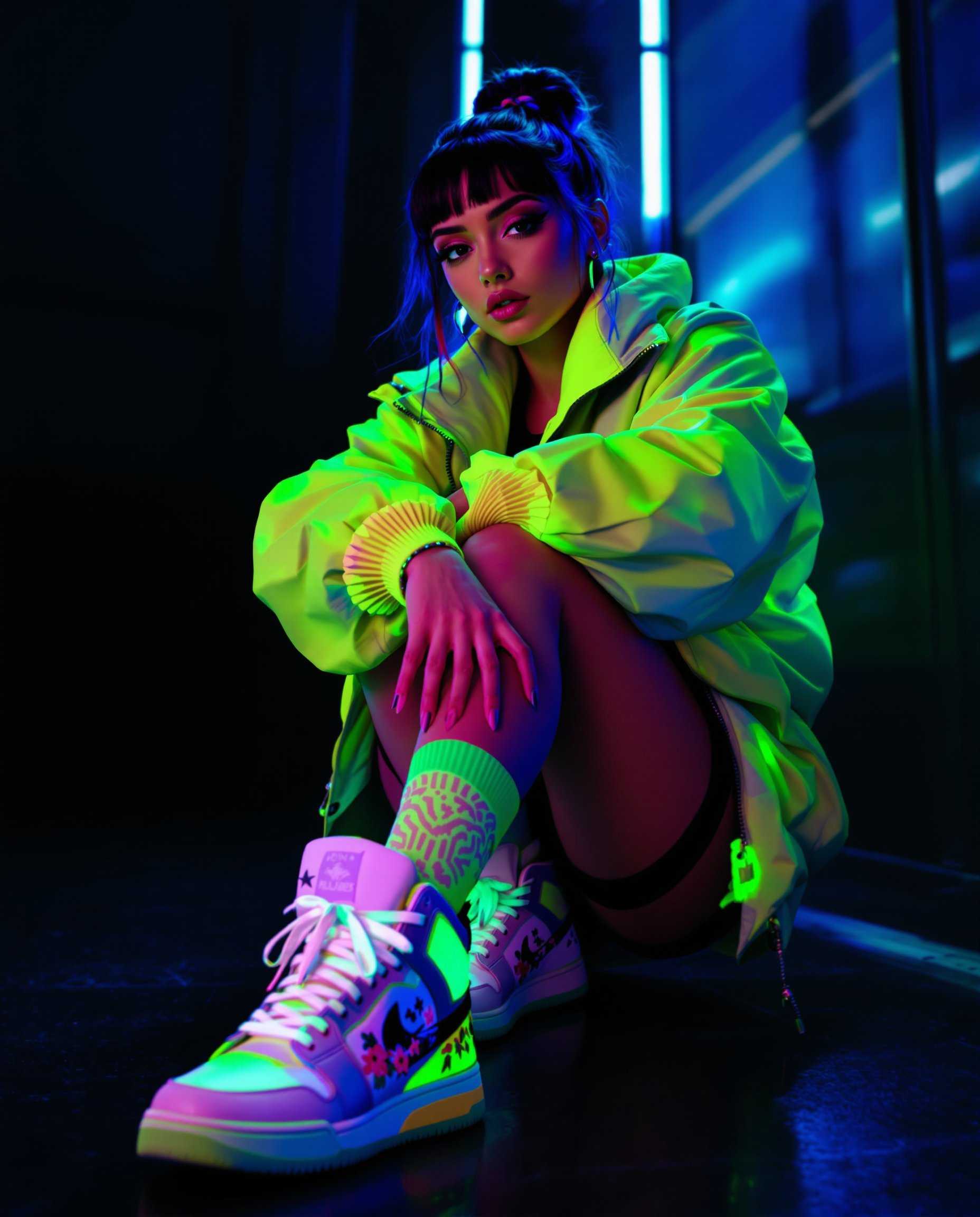 masterpiece, best quality, highres, sharp image, more detail, Create an image with the following specifications:

Subject:
- A young woman with an edgy, cyberpunk-inspired appearance, wearing a neon green bomber jacket with a high collar, matching wristband, and white high-top sneakers with translucent elements and neon green accents.

Environment:
- Indoors, in a dimly lit room with blue lighting creating dynamic shadows and highlights. The background should be dark and moody, enhancing the contrast with the subject's vibrant attire.

Visual Elements:
- **Colors:** Saturated neon greens and blues against darker tones for high contrast.
- **Textures:** Smooth gradients in digital painting, seamless blending of colors, with the bomber jacket having a slightly puffed, oversized fit.
- **Details:** White sneakers with a mix of floral and geometric patterns, translucent sections with neon green accents; socks matching the jacket's color. The subject's legs are crossed, one knee slightly bent, and hands placed on knees with fingers slightly curled.

Artistic Style:
- Contemporary pop art with a futuristic twist, characterized by bold outlines and a high-contrast color palette, reminiscent of digital art or graphic design.

Composition:
- The subject is centered, with the pose relaxed yet deliberate, capturing a casual, contemplative mood. The camera angle should be slightly low to give a sense of looking up at the subject, emphasizing their presence.

Lighting:
- Use of blue light to cast shadows that highlight the textures and shapes of the clothing, with some areas highlighted to mimic neon glow.

Mood and Atmosphere:
- A vibrant, edgy, and slightly mysterious atmosphere, evoking the nightlife or a secretive meeting in a cyberpunk city.

Technical Aspects:
- Focus on depth of field to blur the background slightly, keeping the subject sharp. Employ a shallow depth of field to emphasize the subject's attire. Use techniques like light painting to enhance the neon effect and digital painting to achieve smooth color transitions.

Cohesion:
- Ensure all elements from the subject's outfit, pose, lighting, and background work together to convey a unified, futuristic urban scene with a pop art influence.