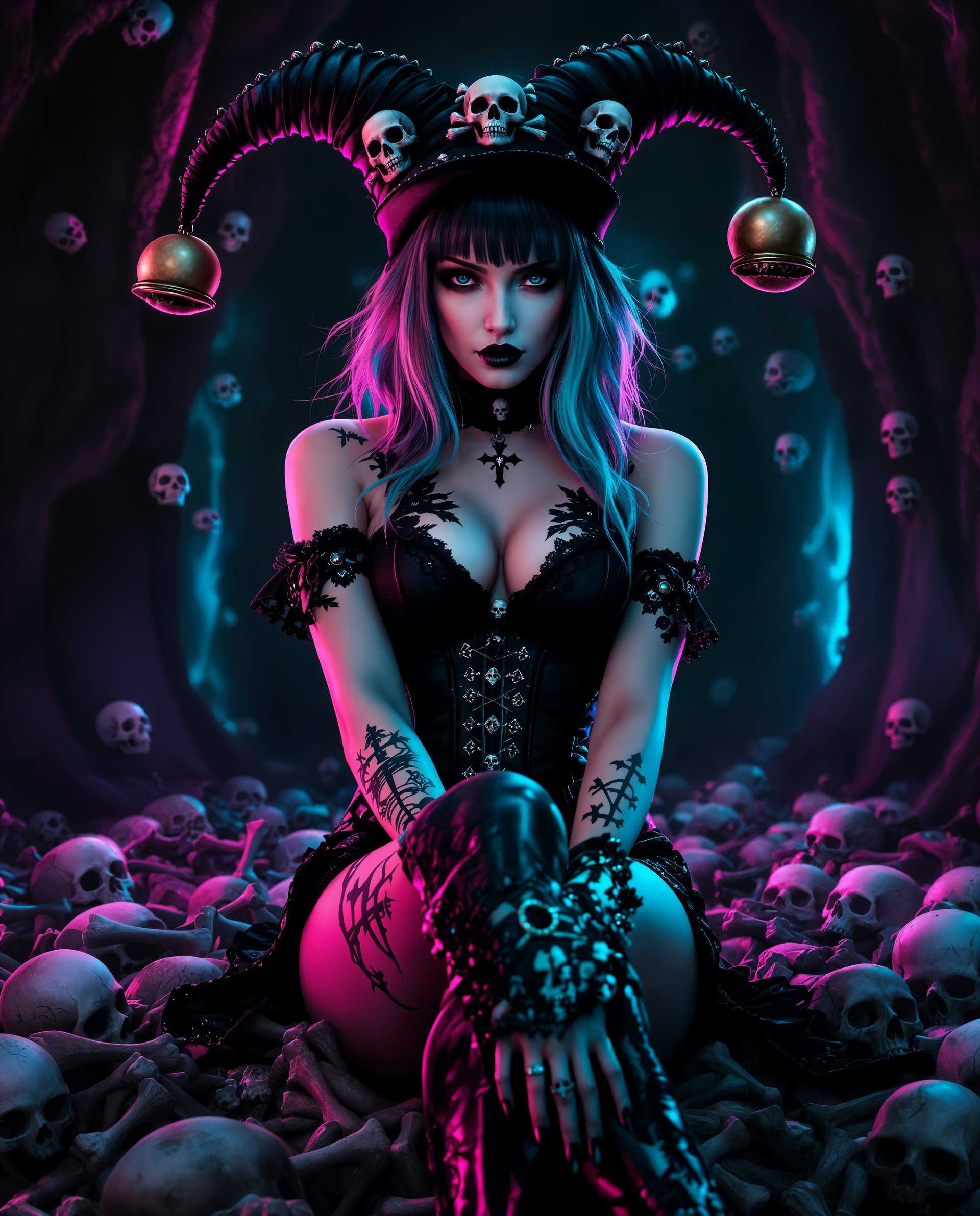 masterpiece, best quality, highres, sharp image, more detail <lora:more_details:0.5> <lora:SDXLrender_v2.0:1>, masterpiece, best quality, highres, sharp image, more detail, This is a realistic photo (photograph) of a female real person image that exudes a gothic and fantastical vibe, with a strong emphasis on dark and vibrant colors. The art style is reminiscent of digital painting, with a high level of detail and a smooth blending of colors.The subject of the image is a figure with a striking appearance. The figure is wearing a black outfit with a jester hat, which is adorned with skulls and crossbones. The hat has a jagged edge and is tipped with two bells, which are also embellished with skulls. The figures hair is a gradient of teal, purple, and black, with bangs that frame the face. The hair is styled in a way that it cascades down the back and sides of the figure, with some strands sticking out in a wild fashion.The figures attire includes a black corset with lace detailing, which is cinched at the waist with a belt. The corset is paired with a black bra, which is also adorned with lace. The figures arms are bare, and there are tattoos on both forearms one is a skull, and the other is a cross with a skull at the center.The figures legs are crossed, and they are wearing thighhigh stockings with a black and white pattern. The stockings are paired with black boots that reach midcalf. The boots have a shiny finish and are embellished with a skull motif.The background of the image is a dark, cavernous space filled with floating skulls and bones. The space is awash with neon pink and blue lights, which create a stark contrast against the dark tones of the background. The lighting gives the scene a surreal and otherworldly feel.Overall, the image is a blend of gothic and fantasy elements, with a strong emphasis on dark and vibrant colors, and a high level of detail in the subjects attire and the surrounding environment.