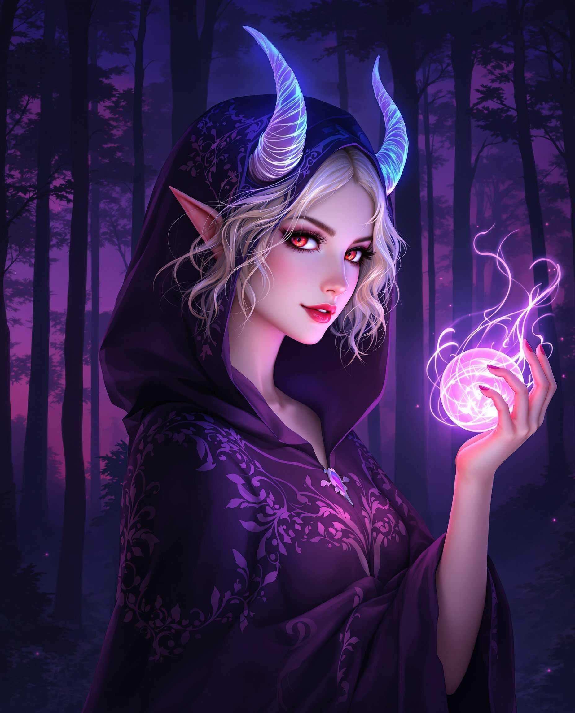 masterpiece, best quality, highres, sharp image, more detail, This is a realistic photo (photograph) of a female real person image that exudes a mystical and otherworldly aura, with a fantasy art style that is rich in detail and vibrant colors. The medium appears to be digital painting, given the smooth gradients and the seamless blending of colors.The subject of the image is a female figure with pale skin and short, wavy hair that transitions from a light blonde at the roots to a soft pink at the tips. Her eyes are a striking shade of red, which stand out against her pale skin and are accentuated by the dark, winged eyeliner. She has pointed ears, which are reminiscent of elflike features, and her head is adorned with two curved horns that glow with an ethereal blue light.She is dressed in a dark, hooded cloak that drapes elegantly around her, with intricate patterns and designs that suggest a connection to nature or magic. The cloak is detailed with featherlike embellishments that flutter slightly, adding to the sense of movement and mystique. The figures right arm is raised, and she holds a luminous orb that emits a soft, pinkish glow, with tendrils of flamelike energy swirling around it.The background of the image is a dense forest, with tall, slender trees that reach into the night sky. The trees are depicted in silhouette against a gradient of twilight hues, transitioning from a deep purple at the horizon to a soft pink near the canopy. The forest floor is a tapestry of shadow and light, with the occasional glimmer of a firefly or other luminescent creature, adding to the magical ambiance of the scene.Overall, the image is a captivating blend of fantasy and mystique, with a rich color palette and intricate details that draw the viewer into a world of enchantment and wonder.