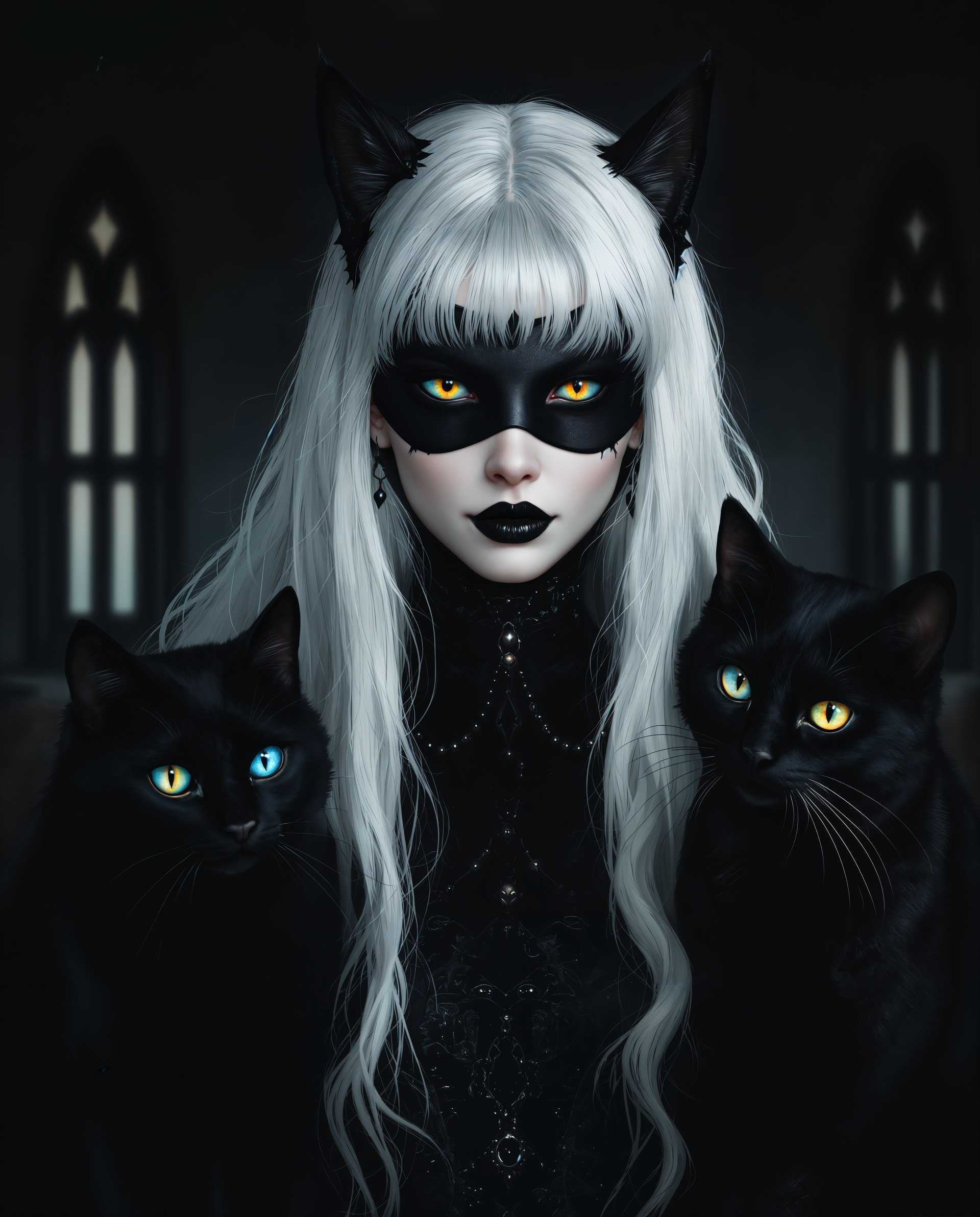 masterpiece, best quality, highres, sharp image, more detail <lora:more_details:0.5> <lora:SDXLrender_v2.0:1>, masterpiece, best quality, highres, sharp image, more detail, This image is a realistic photo (photograph) of a female real person digital illustration that showcases a gothic theme. Lets break down the artistic elementsComposition The subject is centered, with the figure prominently placed in the middle of the frame, which is a common technique to draw the viewers focus. The figure is flanked by two black cats, which add a sense of companionship and contrast to the scene. The background is dark and moody, with a hint of a window or portal, which creates a sense of depth and mystery. The use of negative space is effective, with the dark background and the figures white hair and clothing creating a stark contrast that draws the eye. The overall composition is balanced, with elements leading the viewers gaze from the cats to the figure and then to the background.Lighting The lighting is dramatic and moody, with a focus on the figure and the cats. The figures hair and the cats fur are highlighted, giving them a luminous quality against the dark background. There is a play of light and shadow, with the dark eye mask and the cats eyes being the focal points of light in the image. The lighting gives the scene a sense of otherworldliness and adds to the mystical atmosphere. The figures design is stylized, with exaggerated features like the large, expressive eyes and the small, pointed ears. The cats are anthropomorphized, with humanlike expressions and poses that add to the whimsical nature of the scene. The overall style is fantastical, with a blend of gothic and magical elements that create a unique and immersive visual experience.
