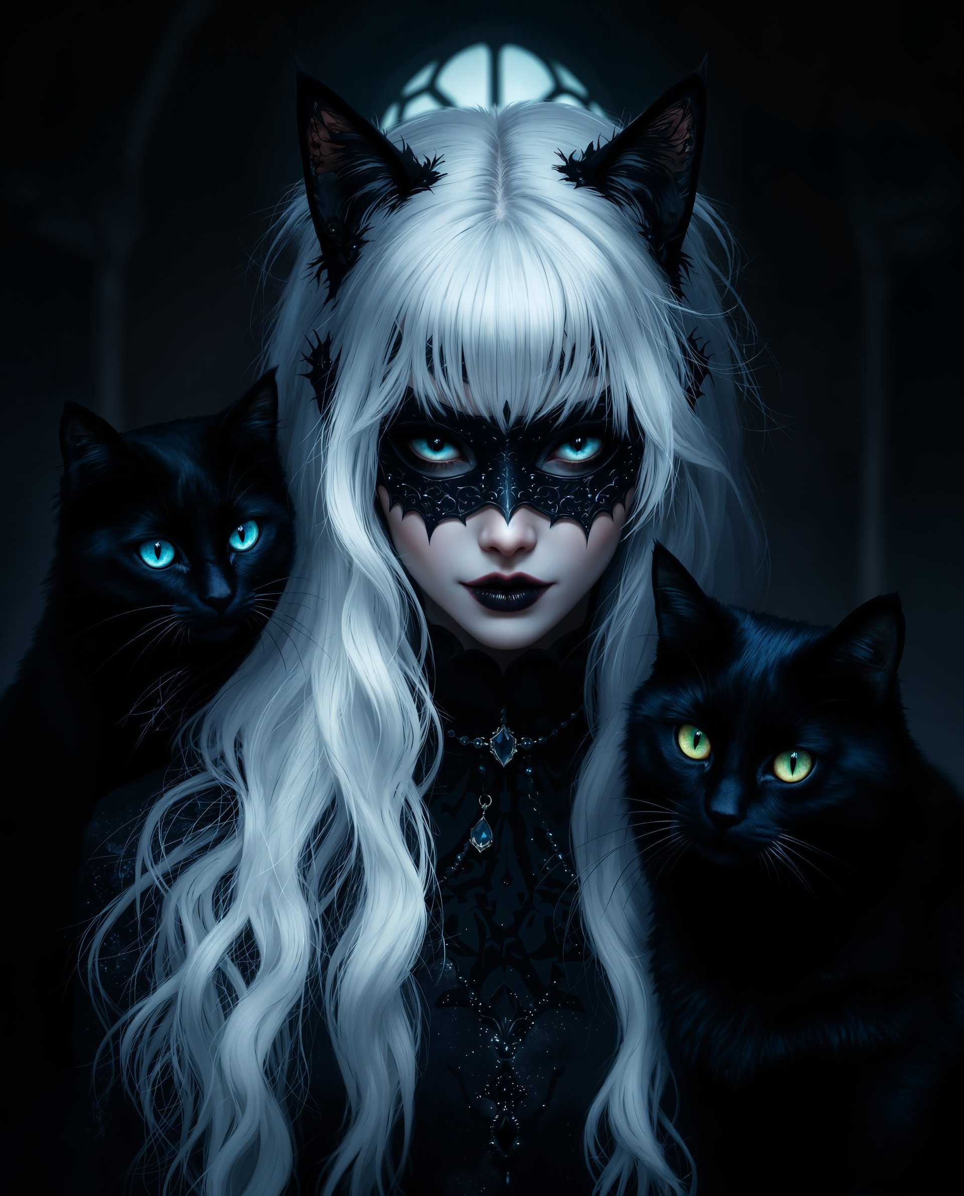 masterpiece, best quality, highres, sharp image, more detail <lora:more_details:0.5> <lora:SDXLrender_v2.0:1>, masterpiece, best quality, highres, sharp image, more detail, This image is a realistic photo (photograph) of a female real person digital illustration that showcases a gothic theme. Lets break down the artistic elementsComposition The subject is centered, with the figure prominently placed in the middle of the frame, which is a common technique to draw the viewers focus. The figure is flanked by two black cats, which add a sense of companionship and contrast to the scene. The background is dark and moody, with a hint of a window or portal, which creates a sense of depth and mystery. The use of negative space is effective, with the dark background and the figures white hair and clothing creating a stark contrast that draws the eye. The overall composition is balanced, with elements leading the viewers gaze from the cats to the figure and then to the background.Lighting The lighting is dramatic and moody, with a focus on the figure and the cats. The figures hair and the cats fur are highlighted, giving them a luminous quality against the dark background. There is a play of light and shadow, with the dark eye mask and the cats eyes being the focal points of light in the image. The lighting gives the scene a sense of otherworldliness and adds to the mystical atmosphere. The figures design is stylized, with exaggerated features like the large, expressive eyes and the small, pointed ears. The cats are anthropomorphized, with humanlike expressions and poses that add to the whimsical nature of the scene. The overall style is fantastical, with a blend of gothic and magical elements that create a unique and immersive visual experience.
