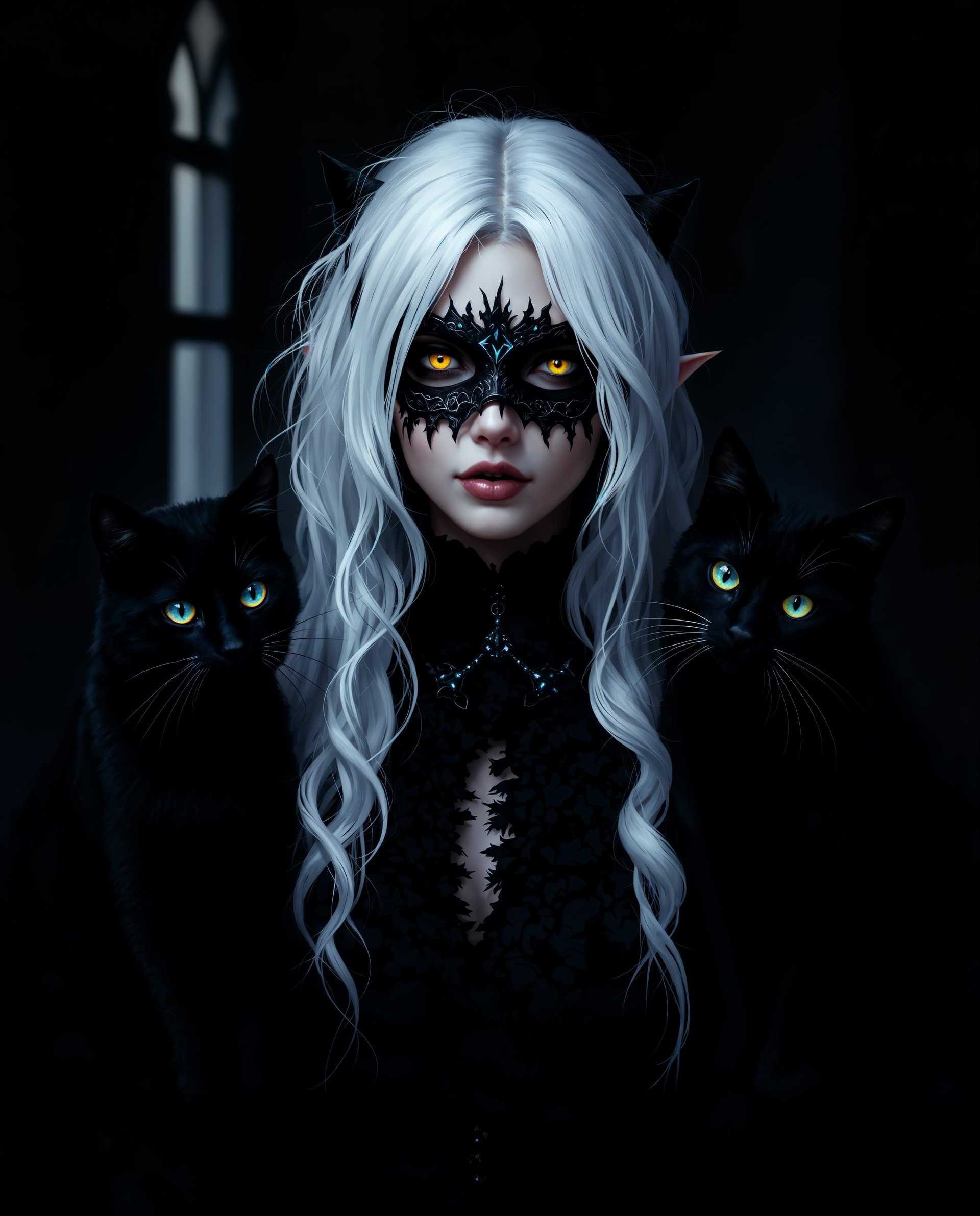 masterpiece, best quality, highres, sharp image, more detail <lora:more_details:0.5> <lora:SDXLrender_v2.0:1>, masterpiece, best quality, highres, sharp image, more detail, This image is a realistic photo (photograph) of a female real person digital illustration that showcases a gothic theme. Lets break down the artistic elementsComposition The subject is centered, with the figure prominently placed in the middle of the frame, which is a common technique to draw the viewers focus. The figure is flanked by two black cats, which add a sense of companionship and contrast to the scene. The background is dark and moody, with a hint of a window or portal, which creates a sense of depth and mystery. The use of negative space is effective, with the dark background and the figures white hair and clothing creating a stark contrast that draws the eye. The overall composition is balanced, with elements leading the viewers gaze from the cats to the figure and then to the background.Lighting The lighting is dramatic and moody, with a focus on the figure and the cats. The figures hair and the cats fur are highlighted, giving them a luminous quality against the dark background. There is a play of light and shadow, with the dark eye mask and the cats eyes being the focal points of light in the image. The lighting gives the scene a sense of otherworldliness and adds to the mystical atmosphere. The figures design is stylized, with exaggerated features like the large, expressive eyes and the small, pointed ears. The cats are anthropomorphized, with humanlike expressions and poses that add to the whimsical nature of the scene. The overall style is fantastical, with a blend of gothic and magical elements that create a unique and immersive visual experience.