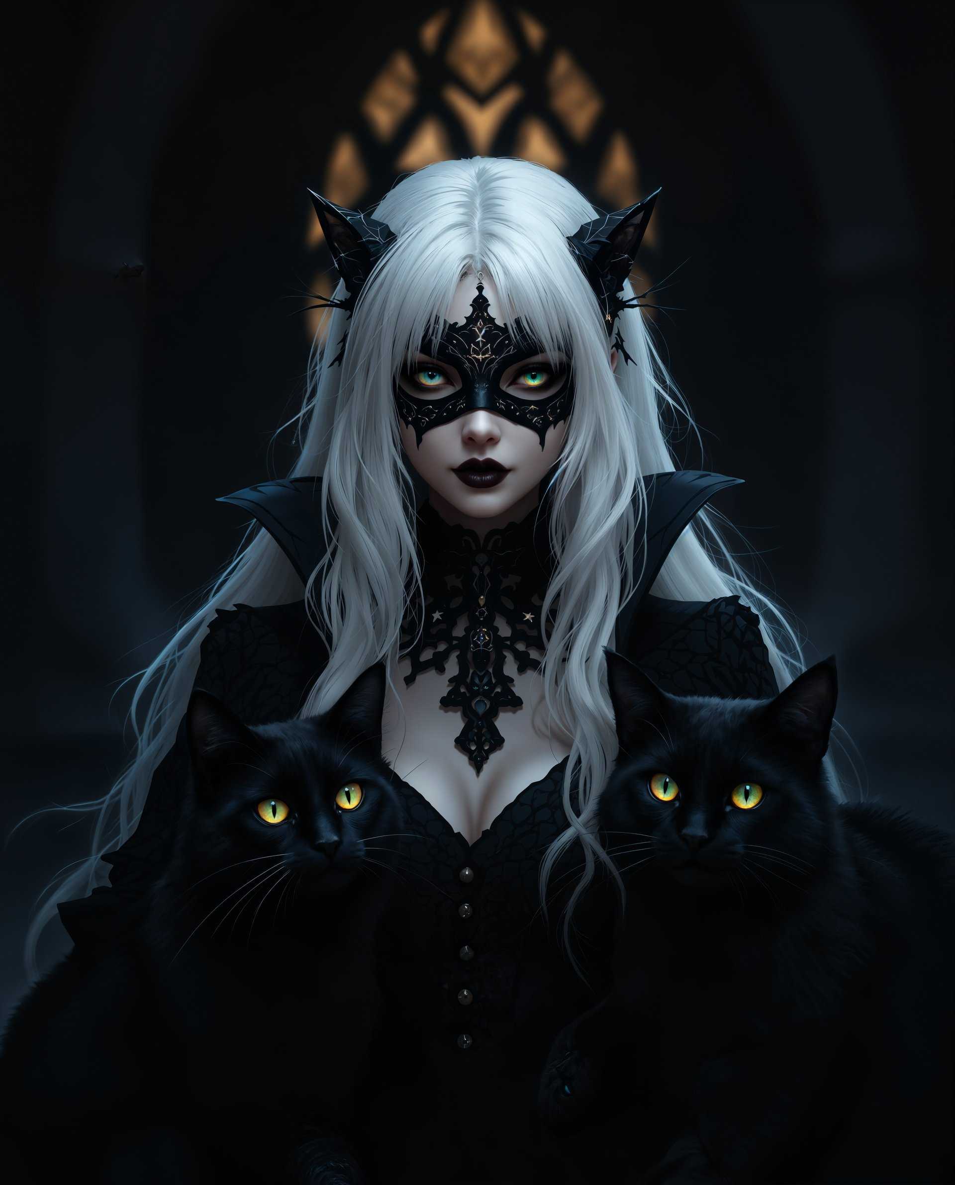 masterpiece, best quality, highres, sharp image, more detail <lora:more_details:0.5> <lora:SDXLrender_v2.0:1>, masterpiece, best quality, highres, sharp image, more detail, This image is a realistic photo (photograph) of a female real person digital illustration that showcases a gothic theme. Lets break down the artistic elementsComposition The subject is centered, with the figure prominently placed in the middle of the frame, which is a common technique to draw the viewers focus. The figure is flanked by two black cats, which add a sense of companionship and contrast to the scene. The background is dark and moody, with a hint of a window or portal, which creates a sense of depth and mystery. The use of negative space is effective, with the dark background and the figures white hair and clothing creating a stark contrast that draws the eye. The overall composition is balanced, with elements leading the viewers gaze from the cats to the figure and then to the background.Lighting The lighting is dramatic and moody, with a focus on the figure and the cats. The figures hair and the cats fur are highlighted, giving them a luminous quality against the dark background. There is a play of light and shadow, with the dark eye mask and the cats eyes being the focal points of light in the image. The lighting gives the scene a sense of otherworldliness and adds to the mystical atmosphere. The figures design is stylized, with exaggerated features like the large, expressive eyes and the small, pointed ears. The cats are anthropomorphized, with humanlike expressions and poses that add to the whimsical nature of the scene. The overall style is fantastical, with a blend of gothic and magical elements that create a unique and immersive visual experience.
