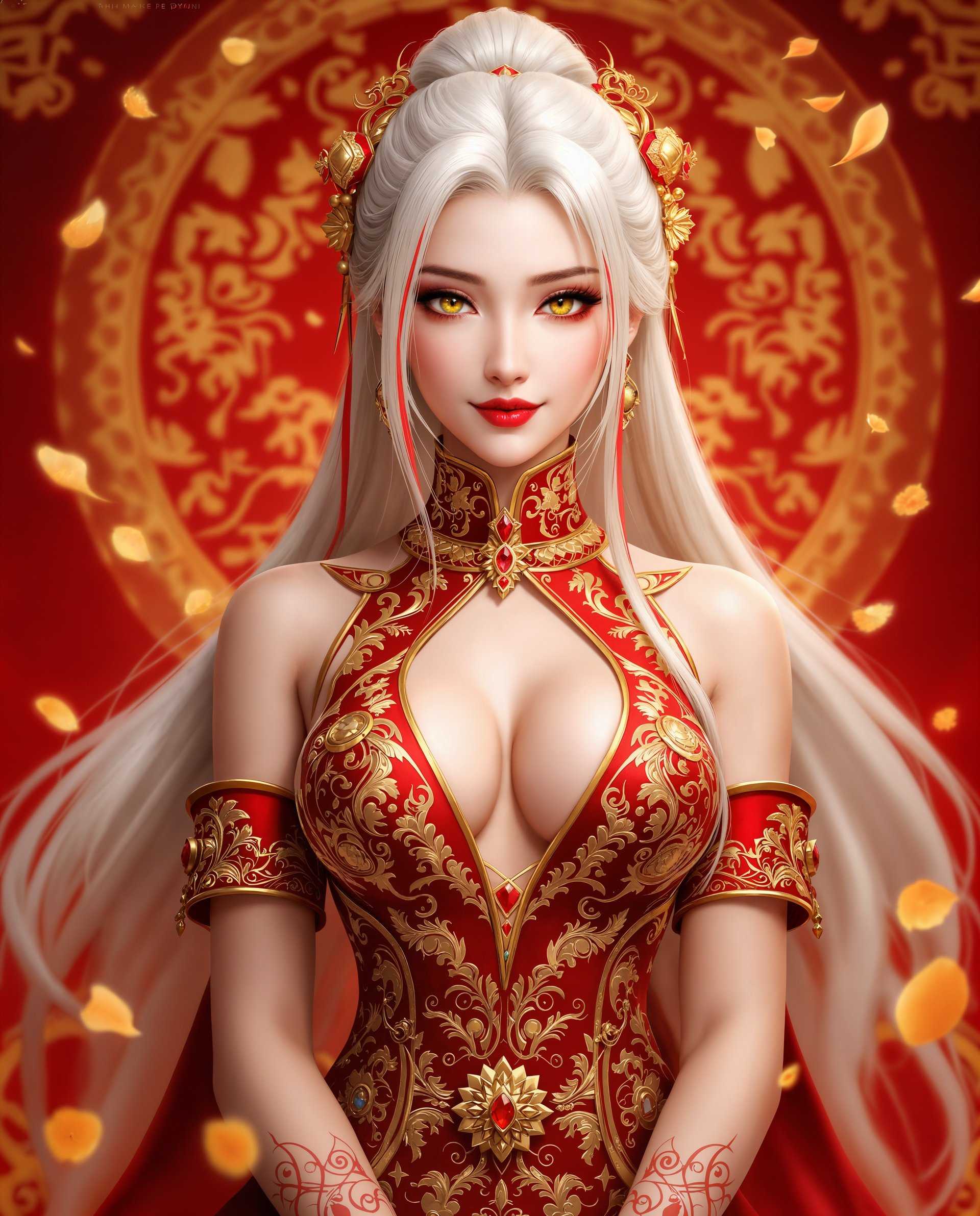 masterpiece, best quality, highres, sharp image, more detail <lora:more_details:0.5> <lora:SDXLrender_v2.0:1>, masterpiece, best quality, highres, sharp image, more detail, This is a realistic photo (photograph) of a female real person image that features a character with a striking appearance, dressed in a traditional and ornate outfit. The character has long, flowing white hair with red highlights and a few strands that are tied back, adorned with a golden accessory that has a red gemstone in the center. The hair is styled in a way that it cascades down the back and sides of the character, with some strands gently touching the shoulders.The characters attire is rich in detail, with a red and gold color scheme that exudes a sense of luxury and tradition. The outfit is a formfitting dress with a high neckline and a plunging Vneckline, which is a common feature in traditional Asian garments. The dress is embellished with intricate golden patterns and floral motifs, which are indicative of a high level of craftsmanship. The sleeves are short, with a high cuff that is also adorned with golden patterns and a red gemstone. The characters arms are bare, with red and gold tattoos that are reminiscent of traditional Asian body art.The characters skin is a pale white, with red and gold accents on the cheeks and lips, which are common in traditional Asian makeup. The eyes are a striking yellow, with a hint of green, which is a unique and eyecatching feature. The characters expression is serene and confident, with a slight smirk that adds to the allure of the image.The background of the image is a rich red, with golden accents that resemble a floral pattern. The red and gold color scheme complements the characters outfit and adds to the overall opulence of the image. The background is also filled with golden petals that float around the character, adding to the ethereal and dreamlike quality of the image. The medium appears to be digital, given the smooth gradients and seamless blending of colors.Overall, the image is a stunning representation of traditional Asian aesthetics, with a focus on luxury, craftsmanship, and a sense of otherworldliness. The characters confident and alluring demeanor, combined with the rich colors and intricate details, makes the image both captivating and visually striking.