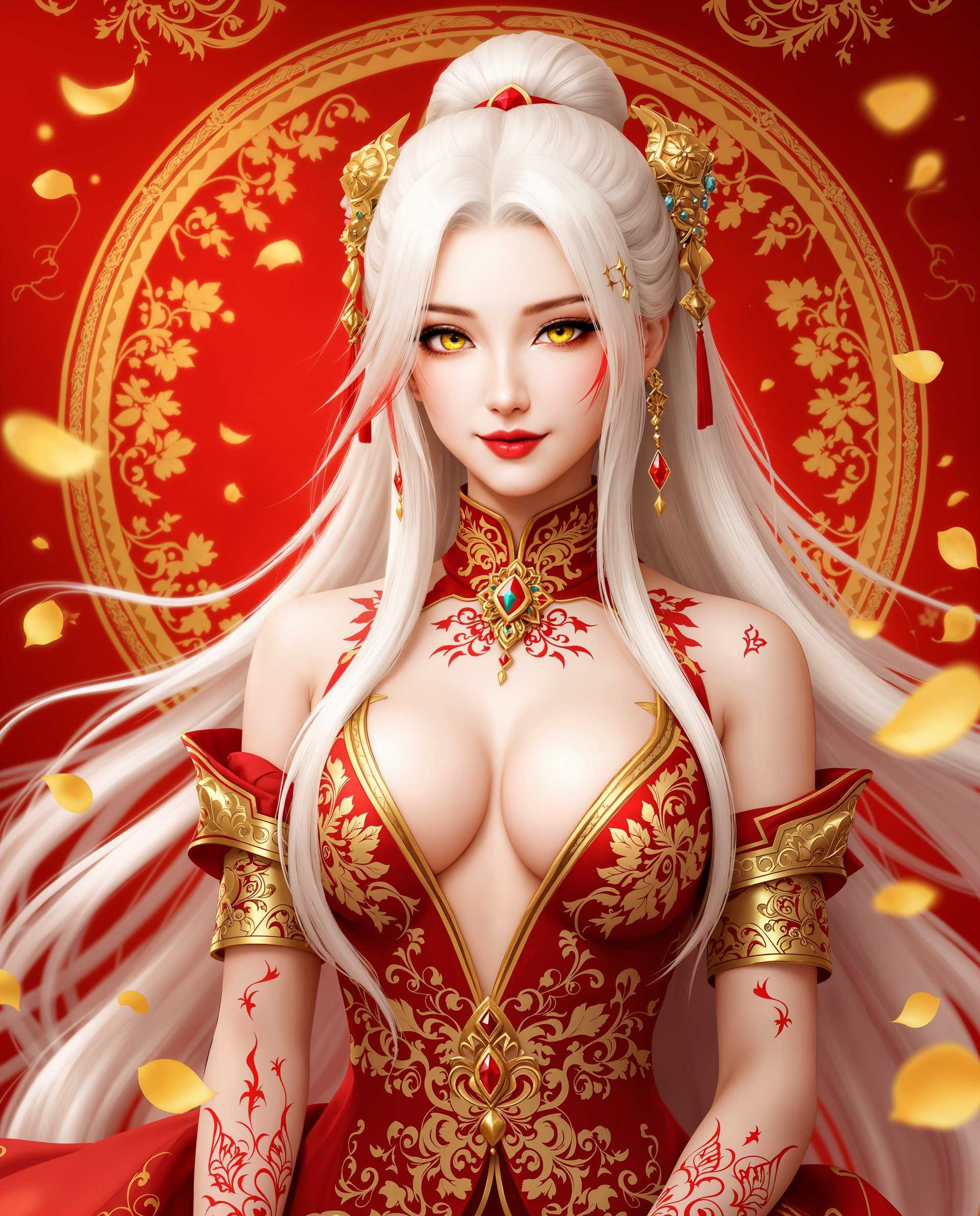 masterpiece, best quality, highres, sharp image, more detail <lora:more_details:0.5> <lora:SDXLrender_v2.0:1>, masterpiece, best quality, highres, sharp image, more detail, This is a realistic photo (photograph) of a female real person image that features a character with a striking appearance, dressed in a traditional and ornate outfit. The character has long, flowing white hair with red highlights and a few strands that are tied back, adorned with a golden accessory that has a red gemstone in the center. The hair is styled in a way that it cascades down the back and sides of the character, with some strands gently touching the shoulders.The characters attire is rich in detail, with a red and gold color scheme that exudes a sense of luxury and tradition. The outfit is a formfitting dress with a high neckline and a plunging Vneckline, which is a common feature in traditional Asian garments. The dress is embellished with intricate golden patterns and floral motifs, which are indicative of a high level of craftsmanship. The sleeves are short, with a high cuff that is also adorned with golden patterns and a red gemstone. The characters arms are bare, with red and gold tattoos that are reminiscent of traditional Asian body art.The characters skin is a pale white, with red and gold accents on the cheeks and lips, which are common in traditional Asian makeup. The eyes are a striking yellow, with a hint of green, which is a unique and eyecatching feature. The characters expression is serene and confident, with a slight smirk that adds to the allure of the image.The background of the image is a rich red, with golden accents that resemble a floral pattern. The red and gold color scheme complements the characters outfit and adds to the overall opulence of the image. The background is also filled with golden petals that float around the character, adding to the ethereal and dreamlike quality of the image. The medium appears to be digital, given the smooth gradients and seamless blending of colors.Overall, the image is a stunning representation of traditional Asian aesthetics, with a focus on luxury, craftsmanship, and a sense of otherworldliness. The characters confident and alluring demeanor, combined with the rich colors and intricate details, makes the image both captivating and visually striking.