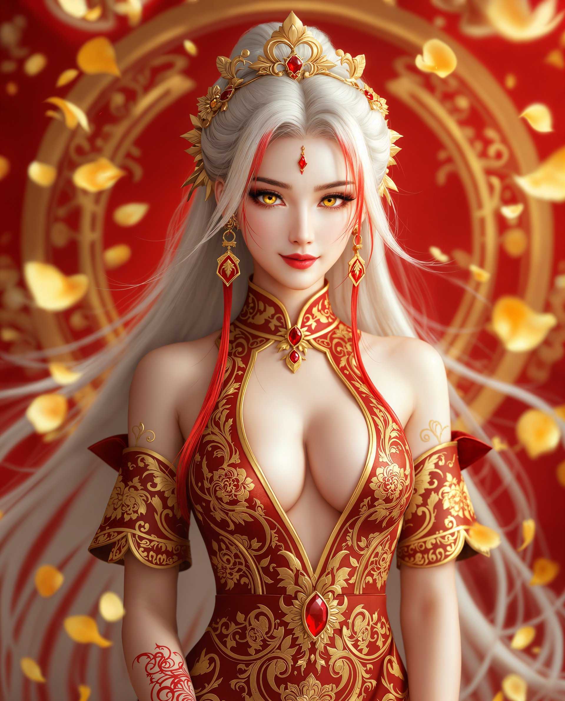 masterpiece, best quality, highres, sharp image, more detail <lora:more_details:0.5> <lora:SDXLrender_v2.0:1>, masterpiece, best quality, highres, sharp image, more detail, This is a realistic photo (photograph) of a female real person image that features a character with a striking appearance, dressed in a traditional and ornate outfit. The character has long, flowing white hair with red highlights and a few strands that are tied back, adorned with a golden accessory that has a red gemstone in the center. The hair is styled in a way that it cascades down the back and sides of the character, with some strands gently touching the shoulders.The characters attire is rich in detail, with a red and gold color scheme that exudes a sense of luxury and tradition. The outfit is a formfitting dress with a high neckline and a plunging Vneckline, which is a common feature in traditional Asian garments. The dress is embellished with intricate golden patterns and floral motifs, which are indicative of a high level of craftsmanship. The sleeves are short, with a high cuff that is also adorned with golden patterns and a red gemstone. The characters arms are bare, with red and gold tattoos that are reminiscent of traditional Asian body art.The characters skin is a pale white, with red and gold accents on the cheeks and lips, which are common in traditional Asian makeup. The eyes are a striking yellow, with a hint of green, which is a unique and eyecatching feature. The characters expression is serene and confident, with a slight smirk that adds to the allure of the image.The background of the image is a rich red, with golden accents that resemble a floral pattern. The red and gold color scheme complements the characters outfit and adds to the overall opulence of the image. The background is also filled with golden petals that float around the character, adding to the ethereal and dreamlike quality of the image. The medium appears to be digital, given the smooth gradients and seamless blending of colors.Overall, the image is a stunning representation of traditional Asian aesthetics, with a focus on luxury, craftsmanship, and a sense of otherworldliness. The characters confident and alluring demeanor, combined with the rich colors and intricate details, makes the image both captivating and visually striking.