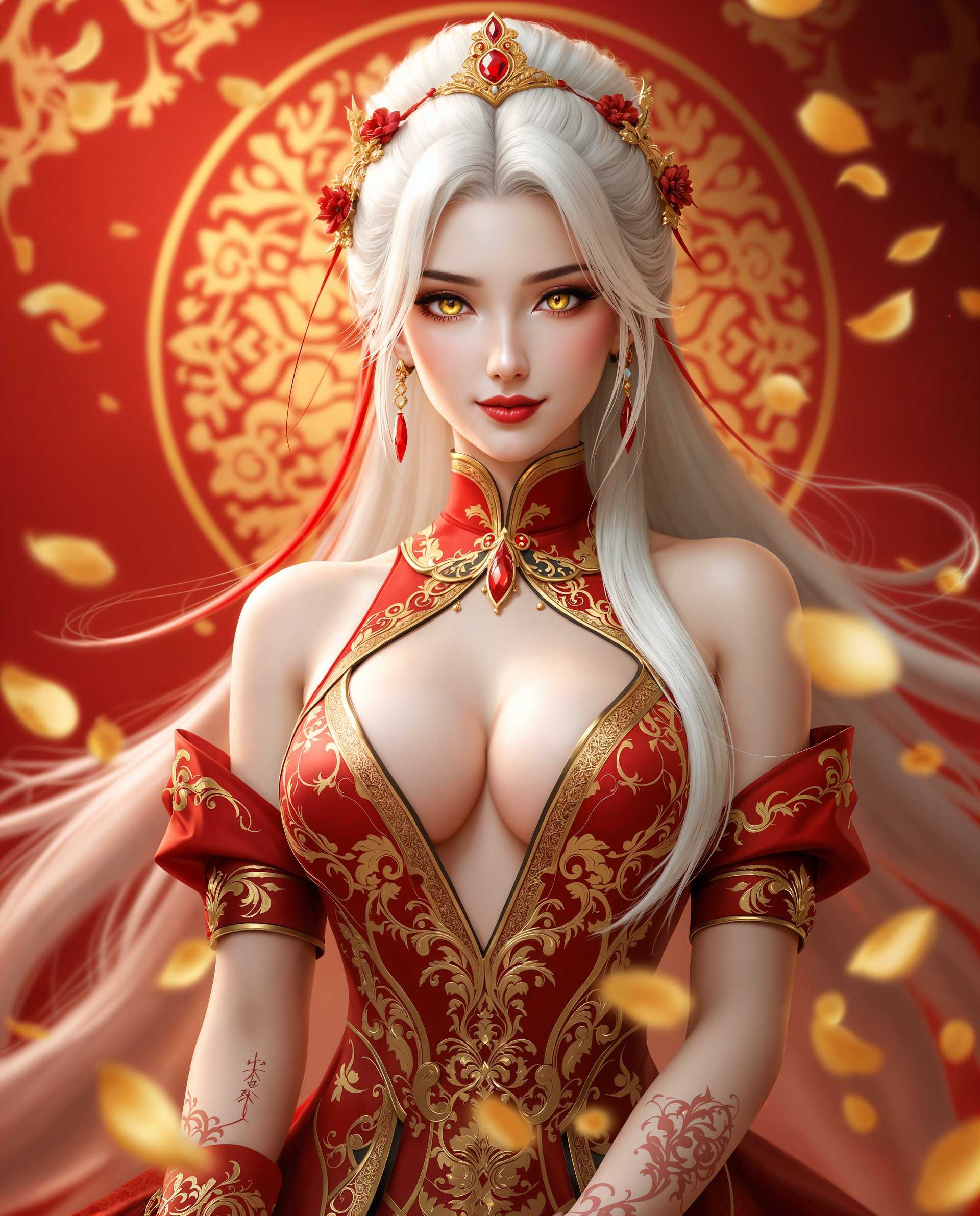 masterpiece, best quality, highres, sharp image, more detail <lora:more_details:0.5> <lora:SDXLrender_v2.0:1>, masterpiece, best quality, highres, sharp image, more detail, This is a realistic photo (photograph) of a female real person image that features a character with a striking appearance, dressed in a traditional and ornate outfit. The character has long, flowing white hair with red highlights and a few strands that are tied back, adorned with a golden accessory that has a red gemstone in the center. The hair is styled in a way that it cascades down the back and sides of the character, with some strands gently touching the shoulders.The characters attire is rich in detail, with a red and gold color scheme that exudes a sense of luxury and tradition. The outfit is a formfitting dress with a high neckline and a plunging Vneckline, which is a common feature in traditional Asian garments. The dress is embellished with intricate golden patterns and floral motifs, which are indicative of a high level of craftsmanship. The sleeves are short, with a high cuff that is also adorned with golden patterns and a red gemstone. The characters arms are bare, with red and gold tattoos that are reminiscent of traditional Asian body art.The characters skin is a pale white, with red and gold accents on the cheeks and lips, which are common in traditional Asian makeup. The eyes are a striking yellow, with a hint of green, which is a unique and eyecatching feature. The characters expression is serene and confident, with a slight smirk that adds to the allure of the image.The background of the image is a rich red, with golden accents that resemble a floral pattern. The red and gold color scheme complements the characters outfit and adds to the overall opulence of the image. The background is also filled with golden petals that float around the character, adding to the ethereal and dreamlike quality of the image. The medium appears to be digital, given the smooth gradients and seamless blending of colors.Overall, the image is a stunning representation of traditional Asian aesthetics, with a focus on luxury, craftsmanship, and a sense of otherworldliness. The characters confident and alluring demeanor, combined with the rich colors and intricate details, makes the image both captivating and visually striking.