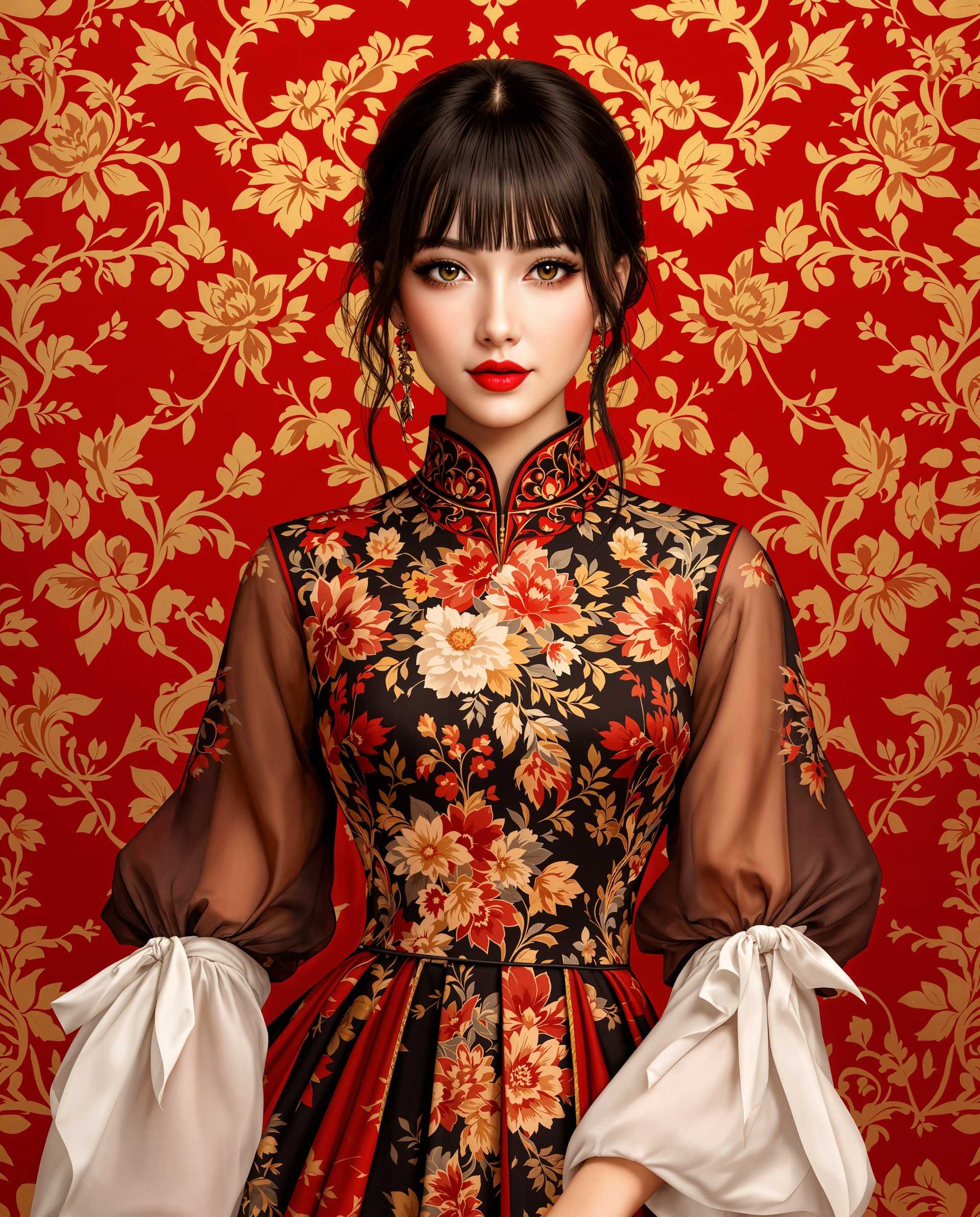 masterpiece, best quality, highres, sharp image, more detail <lora:more_details:0.5> <lora:SDXLrender_v2.0:1>, masterpiece, best quality, highres, sharp image, more detail, This is a realistic photo (photograph) of a female real person digital illustration that features a person dressed in a traditional style garment with a richly detailed floral pattern. The art style is reminiscent of digital painting, with a high level of detail and realism. The medium appears to be a digital painting software, given the smooth blending and gradients of color.The colors in the image are vibrant and bold, with a red and gold theme that gives the piece a regal and luxurious feel. The reds are deep and rich, with a slight maroon undertone, while the gold is a bright, metallic gold that stands out against the red. The black of the garment provides a grounding contrast, and the white of the fabric on the sleeves adds a touch of purity and lightness.The floral pattern on the garment is intricate and elaborate, with a mix of flowers and foliage in various sizes and orientations. The flowers are predominantly red and white, with some yellow and green, and the leaves are a mix of green and gold. The pattern is symmetrical and repeats across the garment, creating a sense of continuity and elegance.The person is wearing a highnecked garment with a fitted bodice that flares out into a full skirt. The sleeves are long and sheer, with a white fabric that is gathered into a bow at the wrist. The persons hair is dark and falls in soft waves, with bangs that frame the face. The hair is detailed with highlights and shadows that give it a realistic texture and volume.The background is a rich red with a gold floral pattern that complements the garment. The pattern is similar to the one on the garment but is more abstract and less detailed, creating a sense of depth and space. The overall composition of the image is balanced and harmonious, with the subject and background working together to create a cohesive and visually appealing piece.