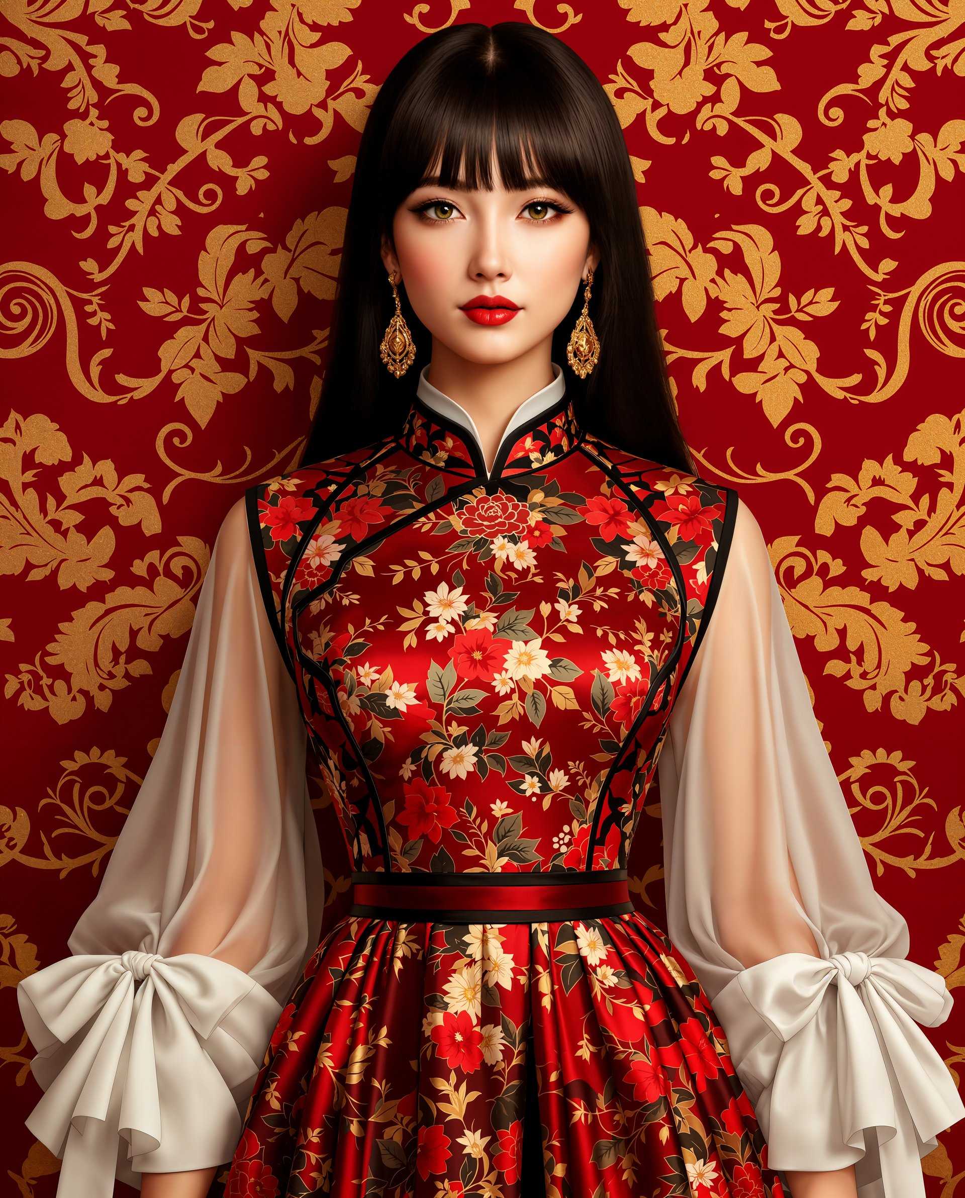 masterpiece, best quality, highres, sharp image, more detail <lora:more_details:0.5> <lora:SDXLrender_v2.0:1>, masterpiece, best quality, highres, sharp image, more detail, This is a realistic photo (photograph) of a female real person digital illustration that features a person dressed in a traditional style garment with a richly detailed floral pattern. The art style is reminiscent of digital painting, with a high level of detail and realism. The medium appears to be a digital painting software, given the smooth blending and gradients of color.The colors in the image are vibrant and bold, with a red and gold theme that gives the piece a regal and luxurious feel. The reds are deep and rich, with a slight maroon undertone, while the gold is a bright, metallic gold that stands out against the red. The black of the garment provides a grounding contrast, and the white of the fabric on the sleeves adds a touch of purity and lightness.The floral pattern on the garment is intricate and elaborate, with a mix of flowers and foliage in various sizes and orientations. The flowers are predominantly red and white, with some yellow and green, and the leaves are a mix of green and gold. The pattern is symmetrical and repeats across the garment, creating a sense of continuity and elegance.The person is wearing a highnecked garment with a fitted bodice that flares out into a full skirt. The sleeves are long and sheer, with a white fabric that is gathered into a bow at the wrist. The persons hair is dark and falls in soft waves, with bangs that frame the face. The hair is detailed with highlights and shadows that give it a realistic texture and volume.The background is a rich red with a gold floral pattern that complements the garment. The pattern is similar to the one on the garment but is more abstract and less detailed, creating a sense of depth and space. The overall composition of the image is balanced and harmonious, with the subject and background working together to create a cohesive and visually appealing piece.