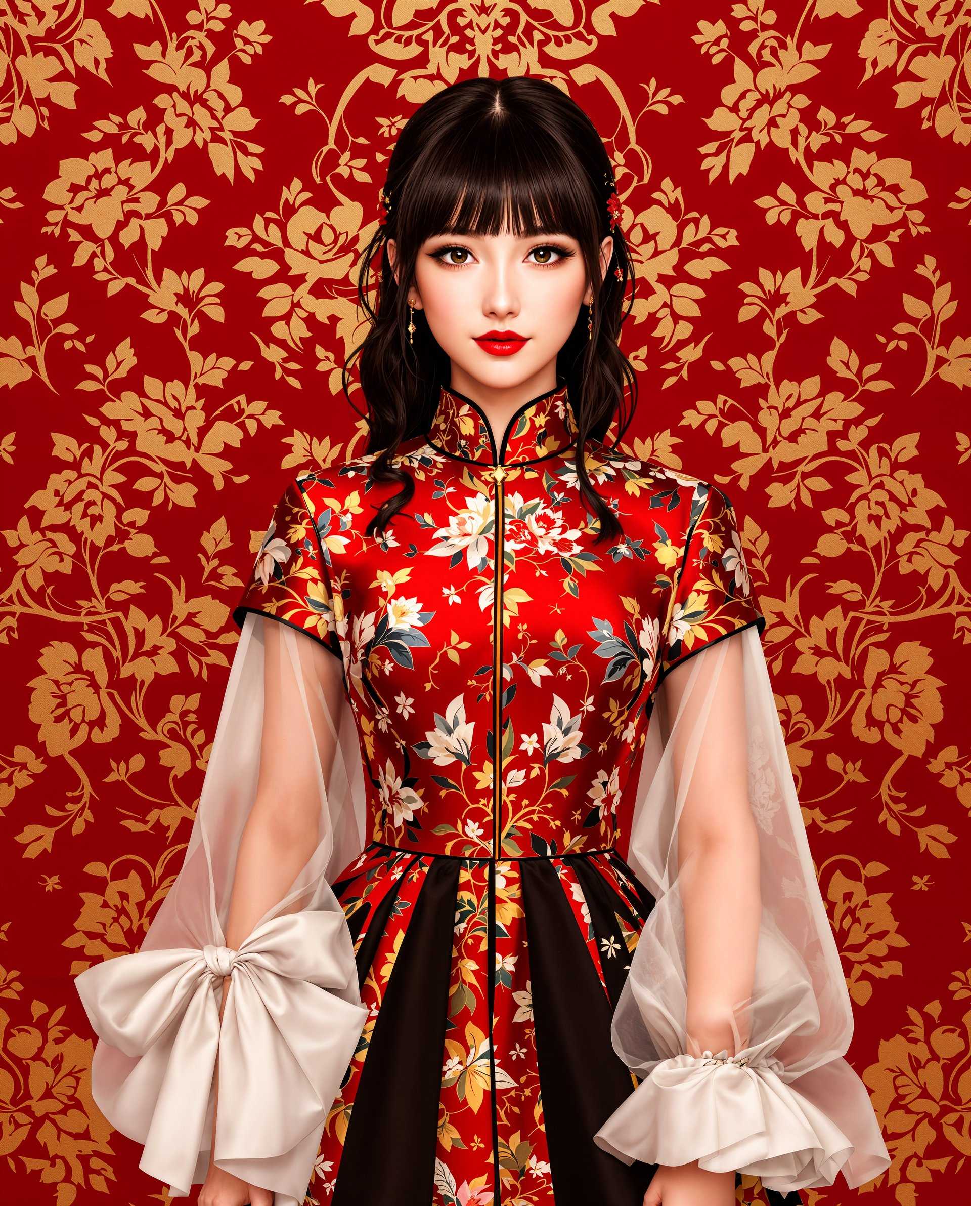 masterpiece, best quality, highres, sharp image, more detail <lora:more_details:0.5> <lora:SDXLrender_v2.0:1>, masterpiece, best quality, highres, sharp image, more detail, This is a realistic photo (photograph) of a female real person digital illustration that features a person dressed in a traditional style garment with a richly detailed floral pattern. The art style is reminiscent of digital painting, with a high level of detail and realism. The medium appears to be a digital painting software, given the smooth blending and gradients of color.The colors in the image are vibrant and bold, with a red and gold theme that gives the piece a regal and luxurious feel. The reds are deep and rich, with a slight maroon undertone, while the gold is a bright, metallic gold that stands out against the red. The black of the garment provides a grounding contrast, and the white of the fabric on the sleeves adds a touch of purity and lightness.The floral pattern on the garment is intricate and elaborate, with a mix of flowers and foliage in various sizes and orientations. The flowers are predominantly red and white, with some yellow and green, and the leaves are a mix of green and gold. The pattern is symmetrical and repeats across the garment, creating a sense of continuity and elegance.The person is wearing a highnecked garment with a fitted bodice that flares out into a full skirt. The sleeves are long and sheer, with a white fabric that is gathered into a bow at the wrist. The persons hair is dark and falls in soft waves, with bangs that frame the face. The hair is detailed with highlights and shadows that give it a realistic texture and volume.The background is a rich red with a gold floral pattern that complements the garment. The pattern is similar to the one on the garment but is more abstract and less detailed, creating a sense of depth and space. The overall composition of the image is balanced and harmonious, with the subject and background working together to create a cohesive and visually appealing piece.