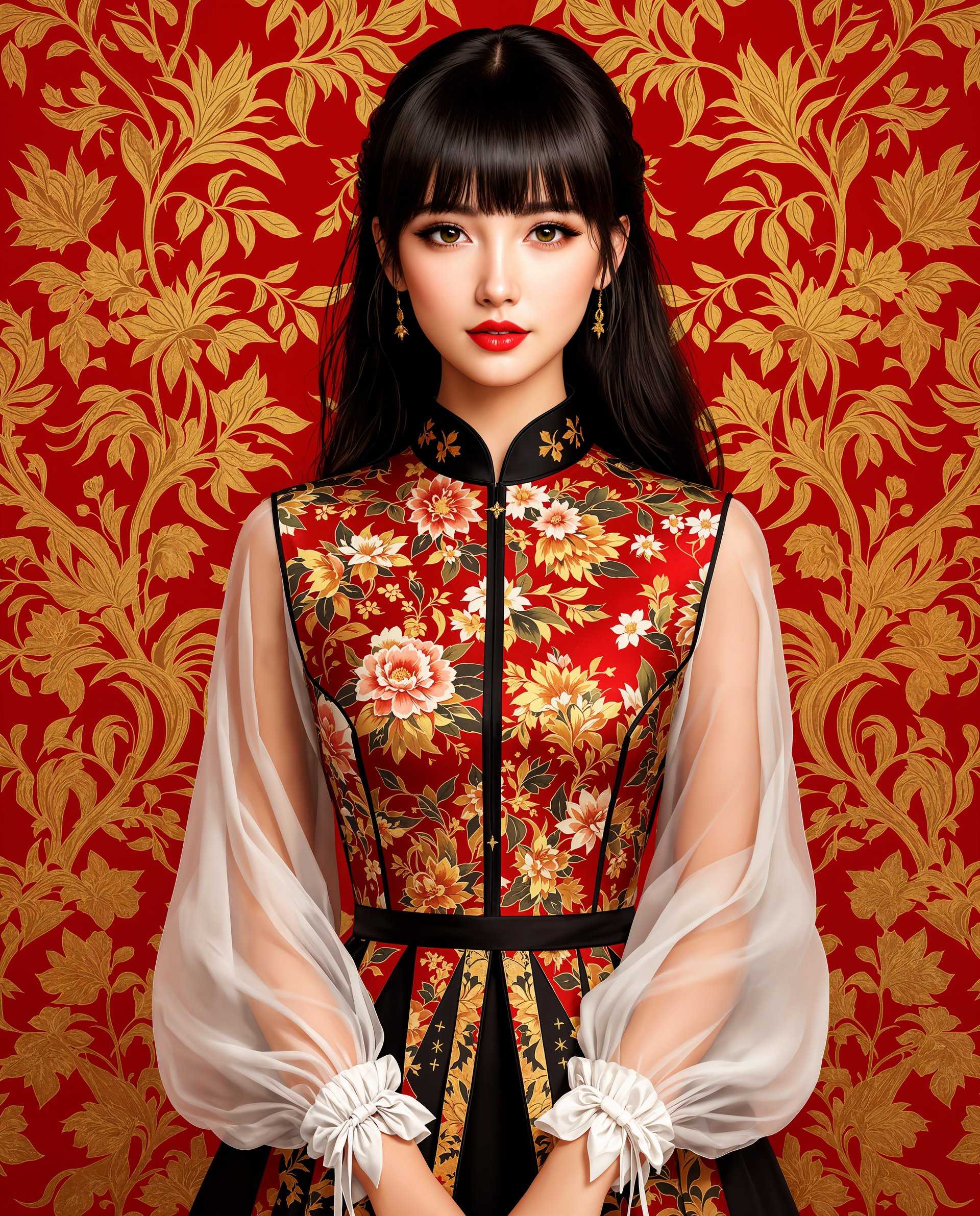 masterpiece, best quality, highres, sharp image, more detail <lora:more_details:0.5> <lora:SDXLrender_v2.0:1>, masterpiece, best quality, highres, sharp image, more detail, This is a realistic photo (photograph) of a female real person digital illustration that features a person dressed in a traditional style garment with a richly detailed floral pattern. The art style is reminiscent of digital painting, with a high level of detail and realism. The medium appears to be a digital painting software, given the smooth blending and gradients of color.The colors in the image are vibrant and bold, with a red and gold theme that gives the piece a regal and luxurious feel. The reds are deep and rich, with a slight maroon undertone, while the gold is a bright, metallic gold that stands out against the red. The black of the garment provides a grounding contrast, and the white of the fabric on the sleeves adds a touch of purity and lightness.The floral pattern on the garment is intricate and elaborate, with a mix of flowers and foliage in various sizes and orientations. The flowers are predominantly red and white, with some yellow and green, and the leaves are a mix of green and gold. The pattern is symmetrical and repeats across the garment, creating a sense of continuity and elegance.The person is wearing a highnecked garment with a fitted bodice that flares out into a full skirt. The sleeves are long and sheer, with a white fabric that is gathered into a bow at the wrist. The persons hair is dark and falls in soft waves, with bangs that frame the face. The hair is detailed with highlights and shadows that give it a realistic texture and volume.The background is a rich red with a gold floral pattern that complements the garment. The pattern is similar to the one on the garment but is more abstract and less detailed, creating a sense of depth and space. The overall composition of the image is balanced and harmonious, with the subject and background working together to create a cohesive and visually appealing piece.