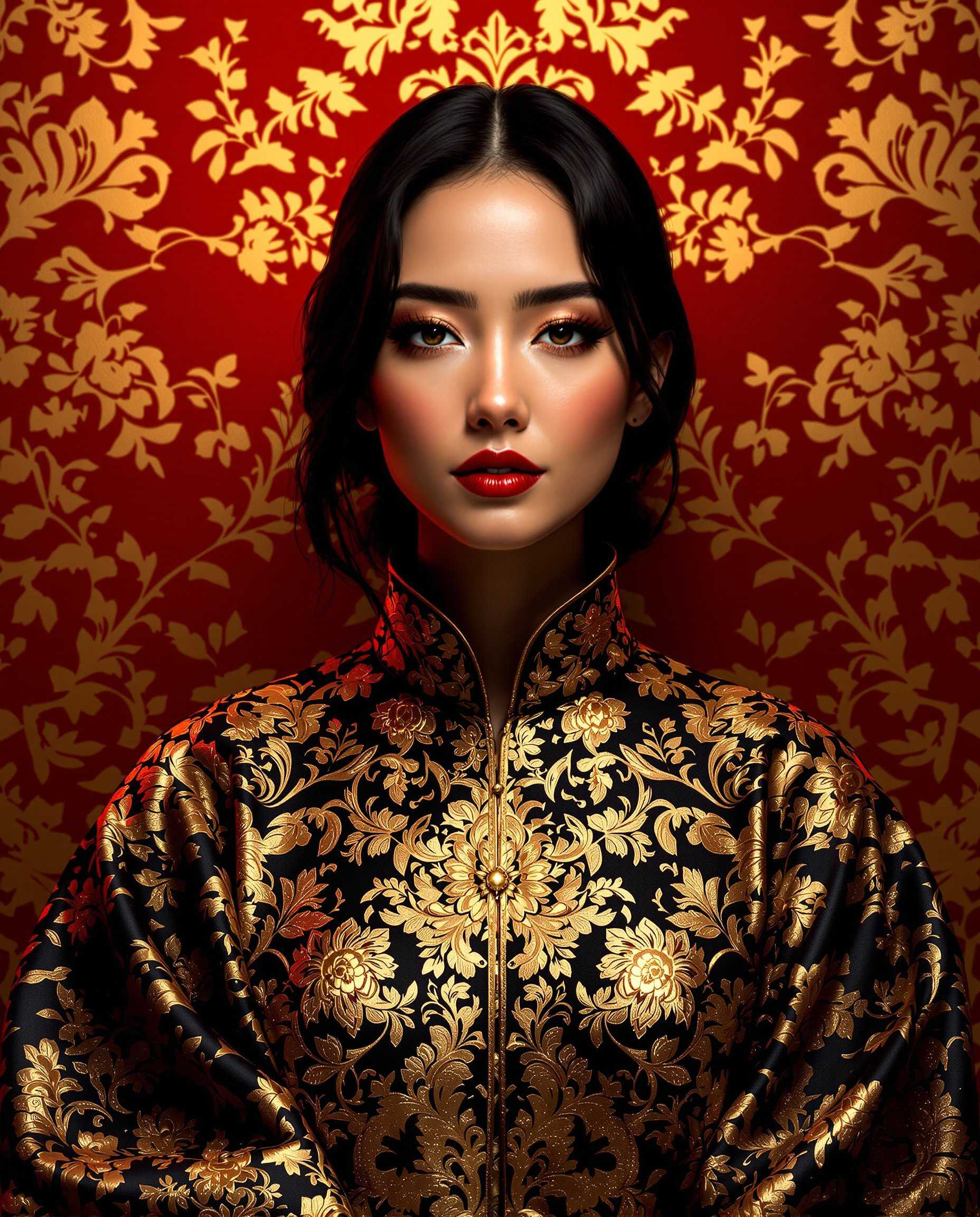 masterpiece, best quality, highres, sharp image, more detail, This image is a realistic photo (photograph) of a female real person digital artwork that showcases a figure dressed in a traditional garment with a richly detailed floral pattern. The composition is centered on the figure, with a strong emphasis on the shoulders and upper arms, which are the focal points of the image. The figure is set against a backdrop that features a red and gold floral motif, which complements the black and gold of the garment.The lighting in the image is dramatic and highlights the figure and the garment with a warm glow. The lighting accentuates the textures and patterns, giving the image a threedimensional quality. The shadows cast are soft and blend into the background, which helps to keep the focus on the figure.The style of the artwork is reminiscent of digital painting, with a high level of detail and realism. The use of color is vibrant and contrasts sharply with the red and gold background, drawing the viewers eye to the figure and the intricate patterns of the garment. The overall effect is one of opulence and elegance, with a touch of mystery due to the figures obscured face.
