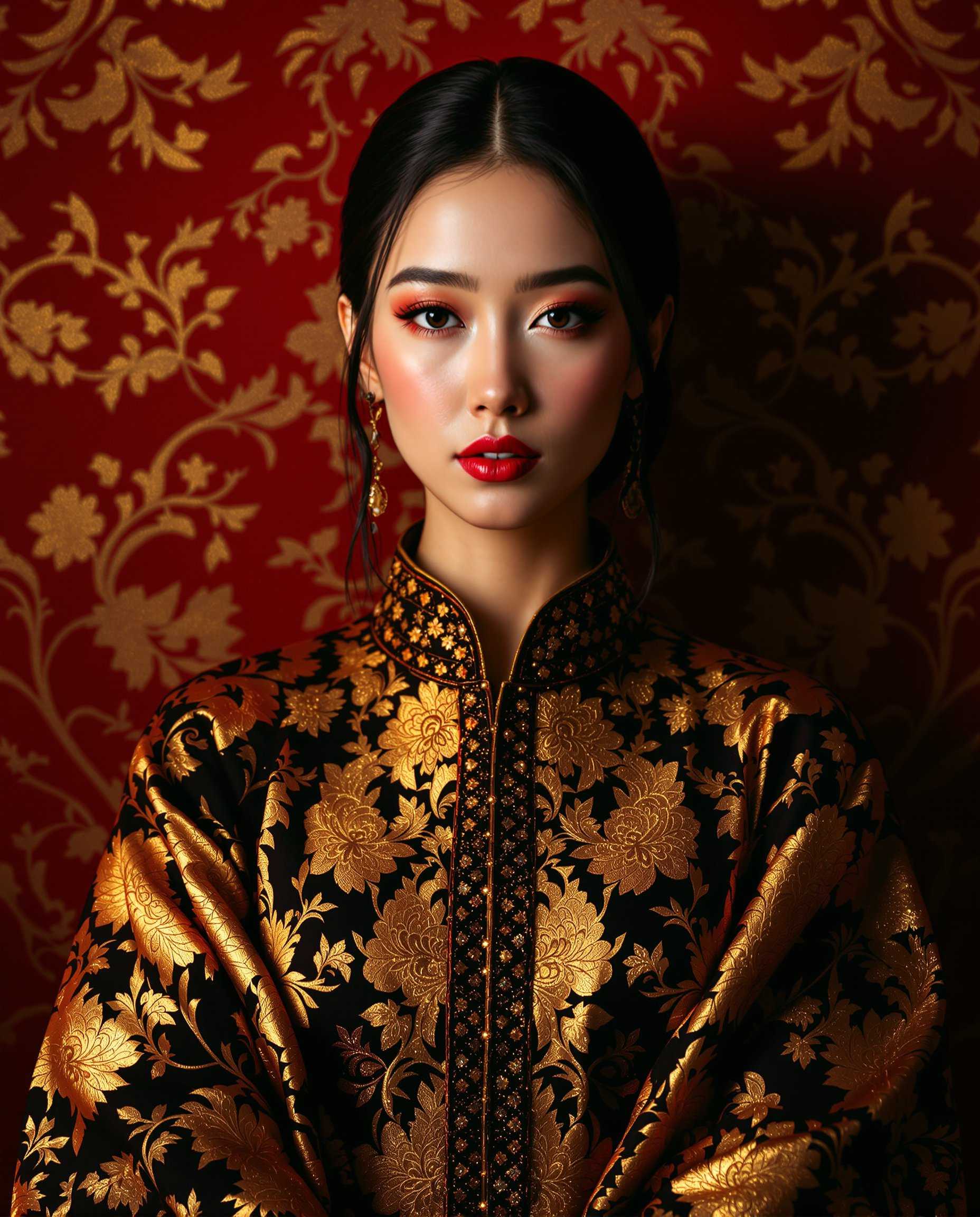 masterpiece, best quality, highres, sharp image, more detail, This image is a realistic photo (photograph) of a female real person digital artwork that showcases a figure dressed in a traditional garment with a richly detailed floral pattern. The composition is centered on the figure, with a strong emphasis on the shoulders and upper arms, which are the focal points of the image. The figure is set against a backdrop that features a red and gold floral motif, which complements the black and gold of the garment.The lighting in the image is dramatic and highlights the figure and the garment with a warm glow. The lighting accentuates the textures and patterns, giving the image a threedimensional quality. The shadows cast are soft and blend into the background, which helps to keep the focus on the figure.The style of the artwork is reminiscent of digital painting, with a high level of detail and realism. The use of color is vibrant and contrasts sharply with the red and gold background, drawing the viewers eye to the figure and the intricate patterns of the garment. The overall effect is one of opulence and elegance, with a touch of mystery due to the figures obscured face.