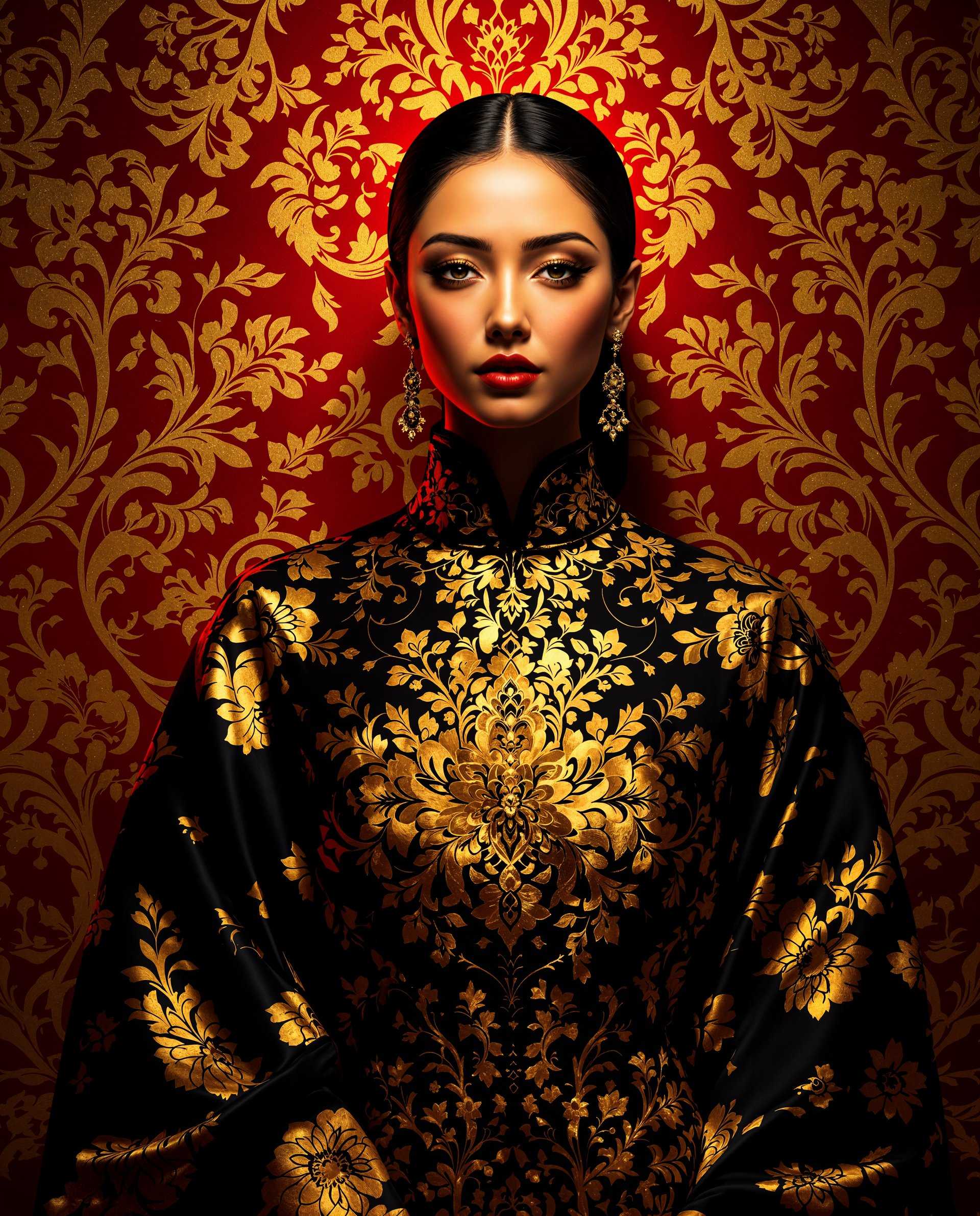 masterpiece, best quality, highres, sharp image, more detail <lora:more_details:0.5> <lora:SDXLrender_v2.0:1>, masterpiece, best quality, highres, sharp image, more detail, This image is a realistic photo (photograph) of a female real person digital artwork that showcases a figure dressed in a traditional garment with a richly detailed floral pattern. The composition is centered on the figure, with a strong emphasis on the shoulders and upper arms, which are the focal points of the image. The figure is set against a backdrop that features a red and gold floral motif, which complements the black and gold of the garment.The lighting in the image is dramatic and highlights the figure and the garment with a warm glow. The lighting accentuates the textures and patterns, giving the image a threedimensional quality. The shadows cast are soft and blend into the background, which helps to keep the focus on the figure.The style of the artwork is reminiscent of digital painting, with a high level of detail and realism. The use of color is vibrant and contrasts sharply with the red and gold background, drawing the viewers eye to the figure and the intricate patterns of the garment. The overall effect is one of opulence and elegance, with a touch of mystery due to the figures obscured face.