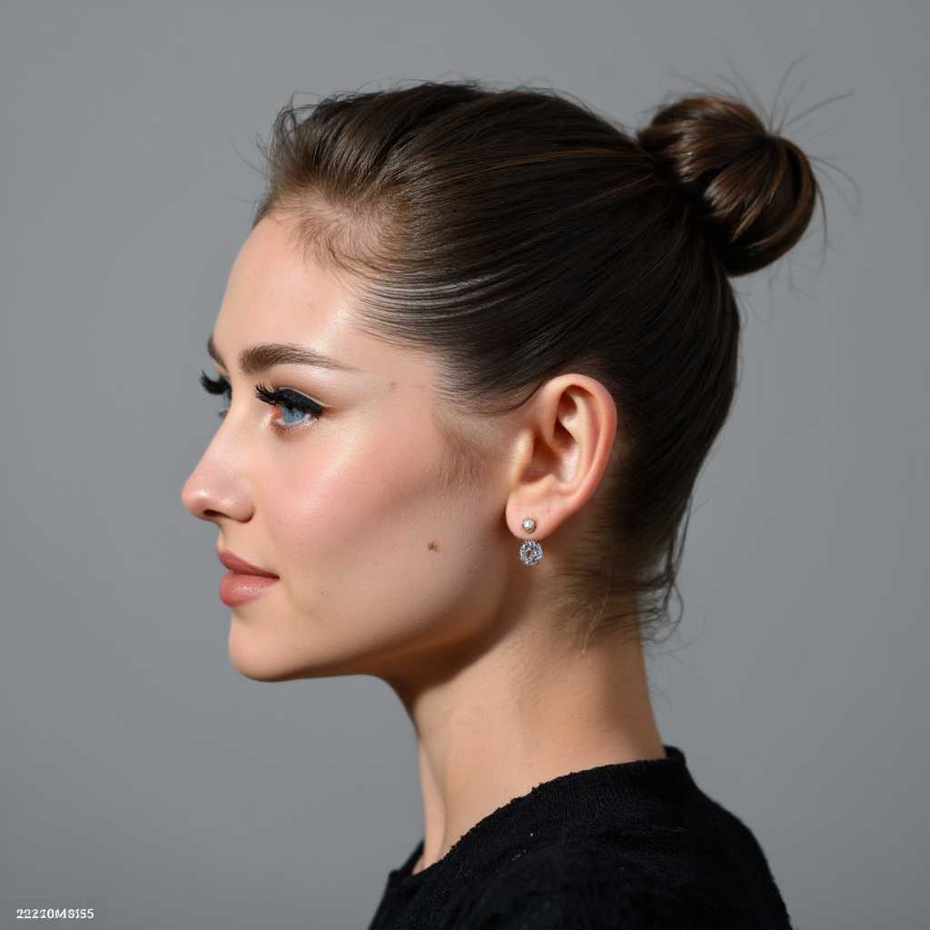 leni, photo of a TOK woman, photo of a TOK woman, photo of a TOK woman, Create a side profile headshot in a studio setting with the following specifications:

**Subject**: A person with their head turned 180 degrees from the front, showcasing only the one side of their face. The hair is styled in a tight, sleek bun, emphasizing the contours of the skull and neck. natural look with very minimum makeup, absolutely no eyeshadow or mascara

**Lighting**: Utilize even, softbox lighting to ensure no harsh shadows, providing a uniform illumination across the subject's face and hair, enhancing the smooth texture of the skin and the polished look of the hair.

**Background**: A seamless, neutral grey backdrop that blends into the shadows, creating a minimalist, distraction-free environment.

**Artistic Style**: Employ a contemporary portraiture style with a focus on clean lines and minimalism, reminiscent of the simplicity found in modern fashion photography.

**Composition**: The subject's head should be positioned to the left or right edge of the frame, with the face's profile sharply defined against the grey background. The camera angle should be at eye level, capturing the subject's gaze looking straight ahead, slightly out of frame.

**Mood and Atmosphere**: The scene exudes a sense of calm professionalism and focus, with the even lighting and grey background contributing to a serene, studio-like ambiance.

**Technical Aspects**: Use a high-resolution camera with a macro lens to capture fine details like the texture of the skin, the smoothness of the bun, and the subtle nuances of facial features. Employ a shallow depth of field to keep the subject's profile in sharp focus while allowing the background to gently blur into the grey.