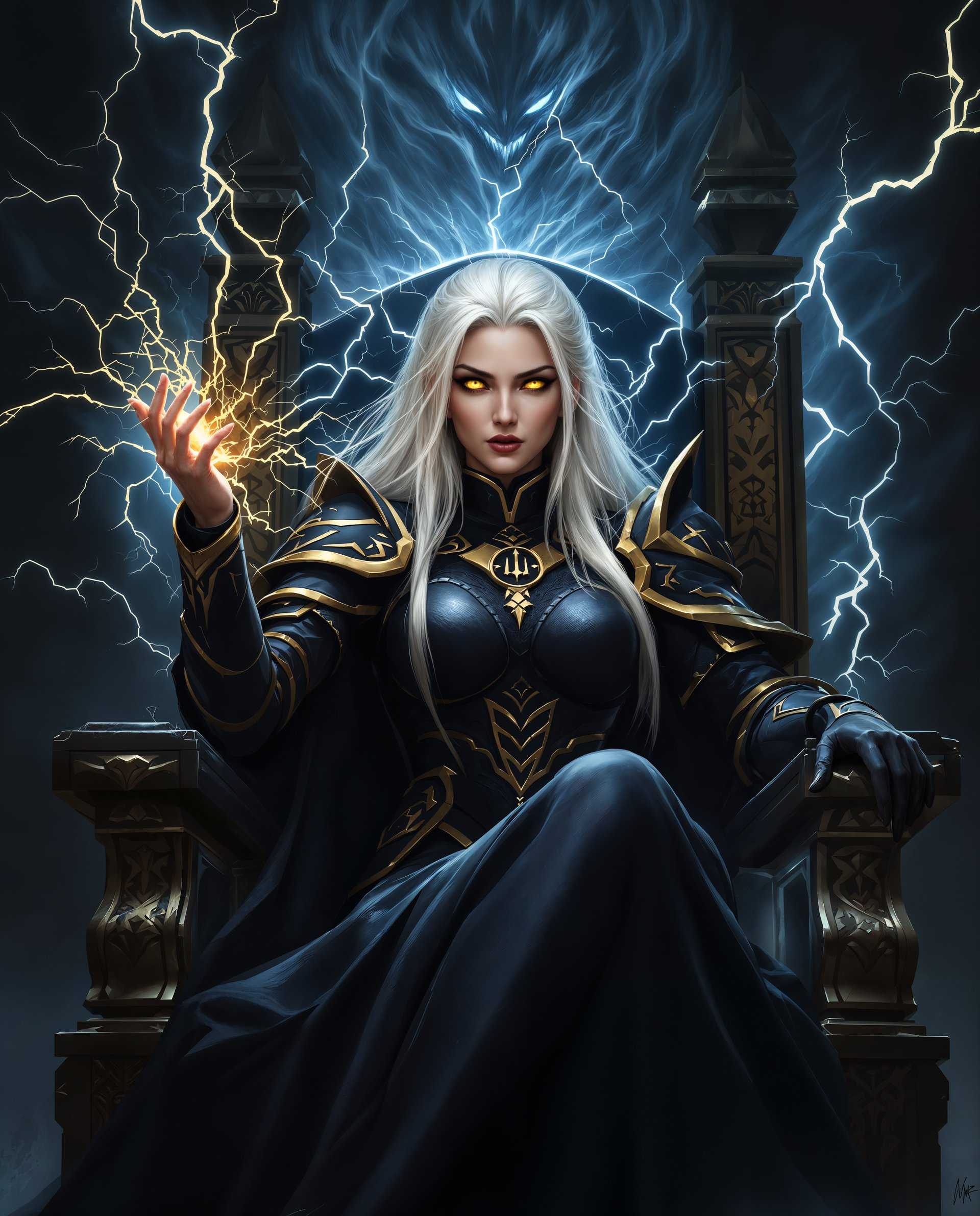 masterpiece, best quality, highres, sharp image, more detail <lora:more_details:0.5> <lora:SDXLrender_v2.0:1>, masterpiece, best quality, highres, sharp image, more detail, This is a realistic photo (photograph) of a female real person digital illustration that features a central figure seated on a thronelike chair. The art style is realistic, with a focus on dramatic poses, detailed costumes, and a cinematic quality. The medium appears to be digital painting, given the smooth gradients and the lack of texture that might be present in traditional mediums.The colors are rich and moody, with a predominance of dark blues and blacks, punctuated by gold and white highlights. The use of these colors gives the image a sense of power and mystery. The gold accents on the figures costume and the chair add a touch of opulence and contrast, drawing the eye and emphasizing the figures importance.The central figure is a person with long, flowing white hair and piercing yellow eyes. They are wearing a dark, armored costume with gold trim, which suggests a regal or powerful status. The costume is detailed with various textures, such as scales and leather, and is adorned with symbols that are not immediately clear but add to the overall mystique of the character.The figures right hand is raised, and there is a dynamic energy crackling around it, suggesting the use of magic or some form of supernatural power. The fingers are poised in a way that conveys a sense of control and intent.Behind the figure, there is a dark, ominous presence that seems to be made of swirling energy and lightning. This adds to the sense of power and foreboding in the scene. The energy is depicted with a sense of movement, as if it is alive and reacting to the figures actions.The thronelike chair is ornate and imposing, with intricate carvings and a high backrest. It is placed on a raised platform, further emphasizing the figures elevated status.Overall, the image conveys a sense of power, mystery, and otherworldliness, with a strong emphasis on the central figures control and the surrounding atmosphere of danger and potential conflict.