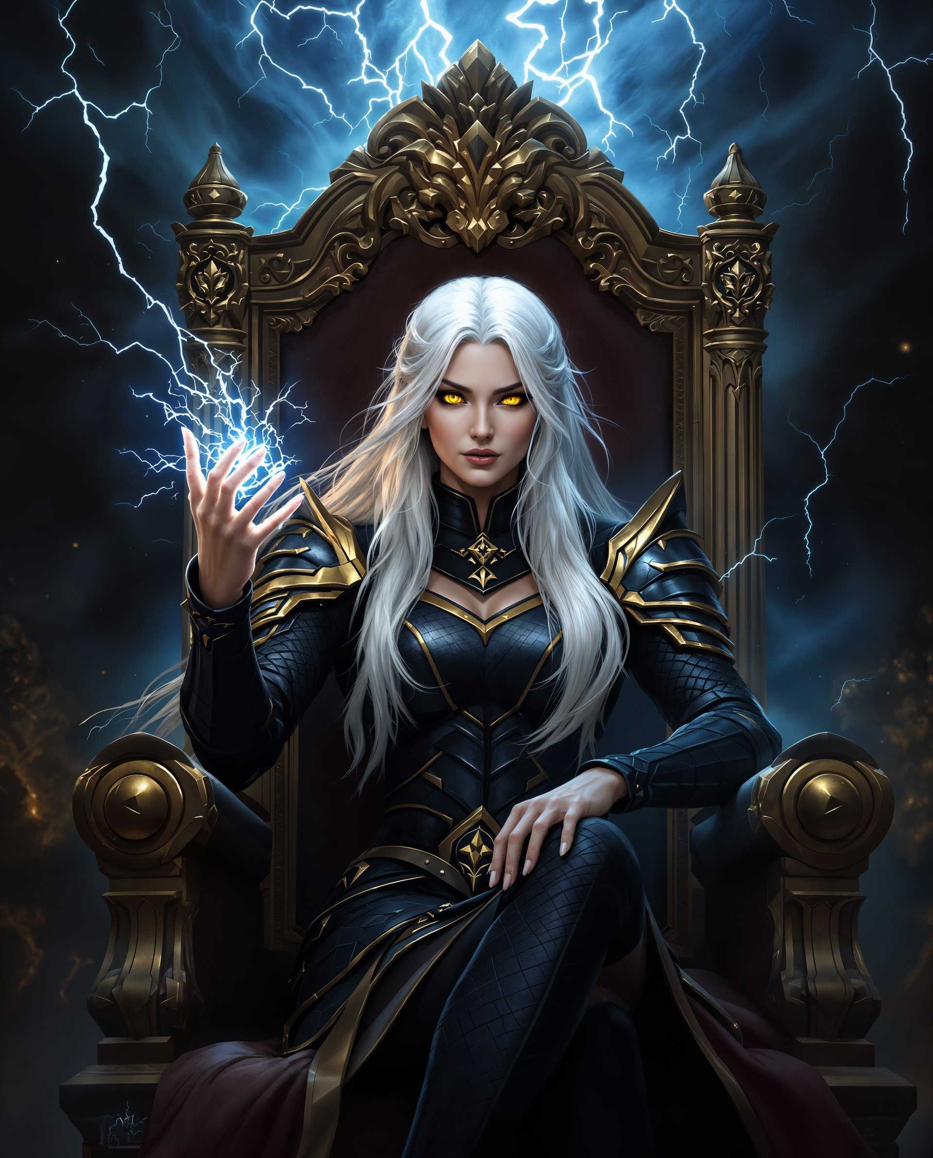 masterpiece, best quality, highres, sharp image, more detail <lora:more_details:0.5> <lora:SDXLrender_v2.0:1>, masterpiece, best quality, highres, sharp image, more detail, This is a realistic photo (photograph) of a female real person digital illustration that features a central figure seated on a thronelike chair. The art style is realistic, with a focus on dramatic poses, detailed costumes, and a cinematic quality. The medium appears to be digital painting, given the smooth gradients and the lack of texture that might be present in traditional mediums.The colors are rich and moody, with a predominance of dark blues and blacks, punctuated by gold and white highlights. The use of these colors gives the image a sense of power and mystery. The gold accents on the figures costume and the chair add a touch of opulence and contrast, drawing the eye and emphasizing the figures importance.The central figure is a person with long, flowing white hair and piercing yellow eyes. They are wearing a dark, armored costume with gold trim, which suggests a regal or powerful status. The costume is detailed with various textures, such as scales and leather, and is adorned with symbols that are not immediately clear but add to the overall mystique of the character.The figures right hand is raised, and there is a dynamic energy crackling around it, suggesting the use of magic or some form of supernatural power. The fingers are poised in a way that conveys a sense of control and intent.Behind the figure, there is a dark, ominous presence that seems to be made of swirling energy and lightning. This adds to the sense of power and foreboding in the scene. The energy is depicted with a sense of movement, as if it is alive and reacting to the figures actions.The thronelike chair is ornate and imposing, with intricate carvings and a high backrest. It is placed on a raised platform, further emphasizing the figures elevated status.Overall, the image conveys a sense of power, mystery, and otherworldliness, with a strong emphasis on the central figures control and the surrounding atmosphere of danger and potential conflict.