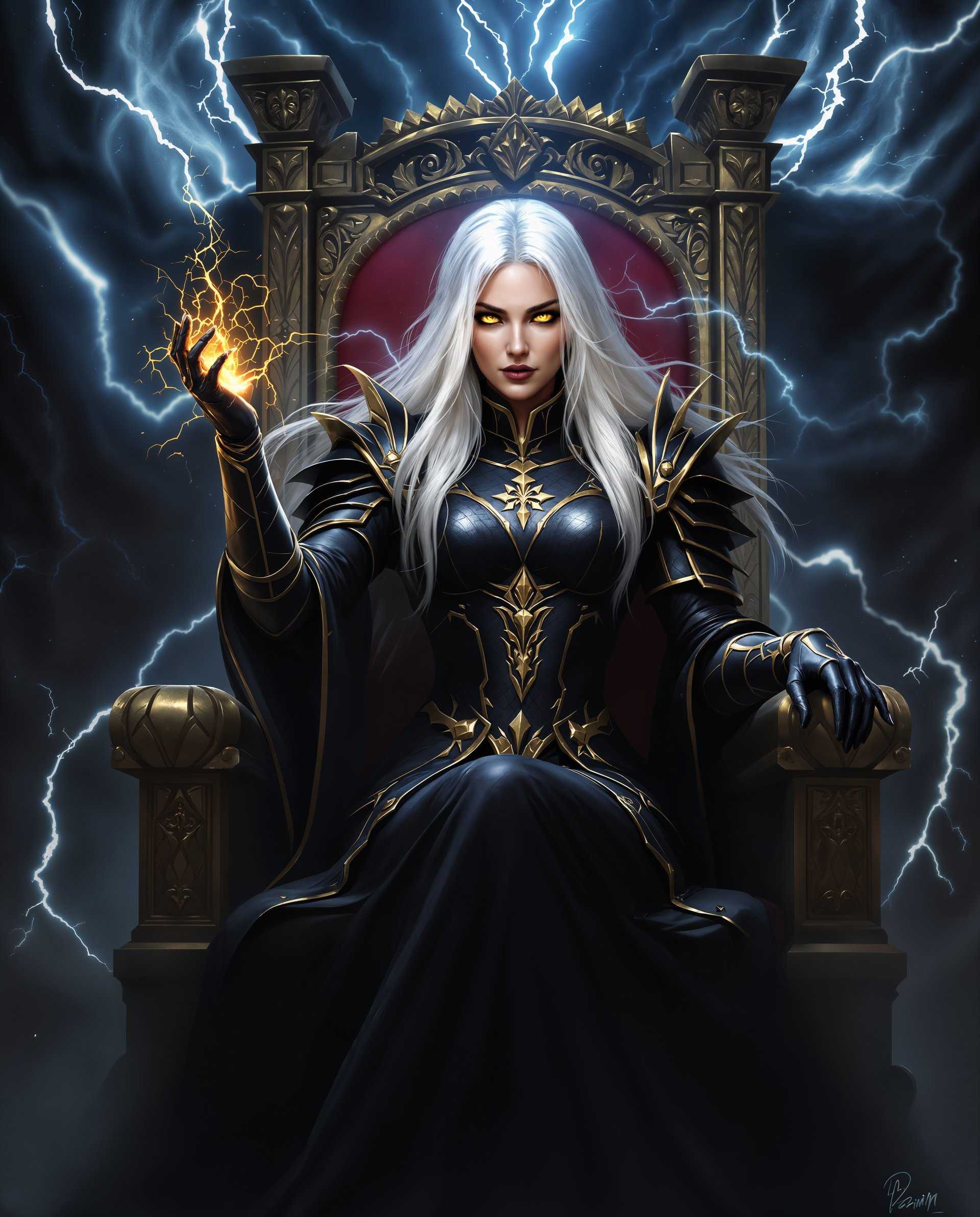 masterpiece, best quality, highres, sharp image, more detail <lora:more_details:0.5> <lora:SDXLrender_v2.0:1>, masterpiece, best quality, highres, sharp image, more detail, This is a realistic photo (photograph) of a female real person digital illustration that features a central figure seated on a thronelike chair. The art style is realistic, with a focus on dramatic poses, detailed costumes, and a cinematic quality. The medium appears to be digital painting, given the smooth gradients and the lack of texture that might be present in traditional mediums.The colors are rich and moody, with a predominance of dark blues and blacks, punctuated by gold and white highlights. The use of these colors gives the image a sense of power and mystery. The gold accents on the figures costume and the chair add a touch of opulence and contrast, drawing the eye and emphasizing the figures importance.The central figure is a person with long, flowing white hair and piercing yellow eyes. They are wearing a dark, armored costume with gold trim, which suggests a regal or powerful status. The costume is detailed with various textures, such as scales and leather, and is adorned with symbols that are not immediately clear but add to the overall mystique of the character.The figures right hand is raised, and there is a dynamic energy crackling around it, suggesting the use of magic or some form of supernatural power. The fingers are poised in a way that conveys a sense of control and intent.Behind the figure, there is a dark, ominous presence that seems to be made of swirling energy and lightning. This adds to the sense of power and foreboding in the scene. The energy is depicted with a sense of movement, as if it is alive and reacting to the figures actions.The thronelike chair is ornate and imposing, with intricate carvings and a high backrest. It is placed on a raised platform, further emphasizing the figures elevated status.Overall, the image conveys a sense of power, mystery, and otherworldliness, with a strong emphasis on the central figures control and the surrounding atmosphere of danger and potential conflict.