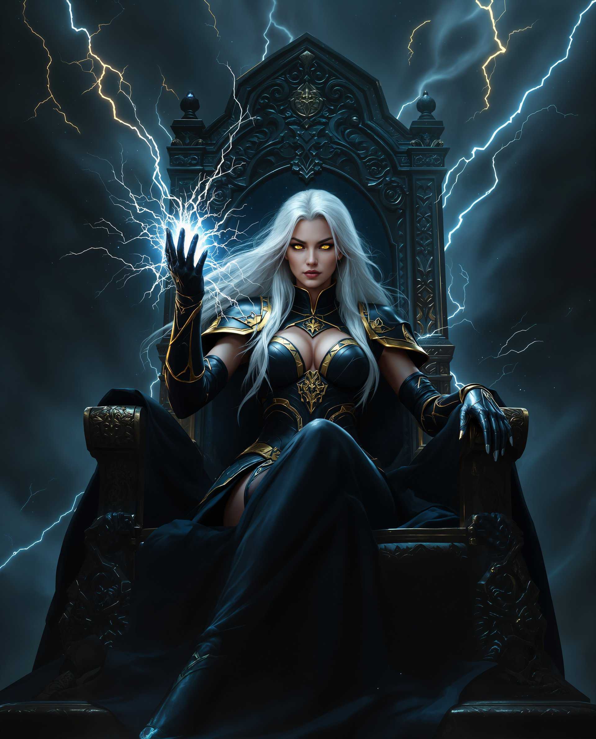 masterpiece, best quality, highres, sharp image, more detail <lora:more_details:0.5> <lora:SDXLrender_v2.0:1>, masterpiece, best quality, highres, sharp image, more detail, A cinematic digital painting capturing a dramatic scene with a central female figure, seated on an imposing, thronelike chair. The composition is centered around this figure, with the camera positioned at a low angle to emphasize her commanding presence:

- **Figure**: A woman with long, flowing white hair and piercing yellow eyes, exuding power and mystery. She wears an armored costume in dark hues, predominantly black and deep blue, with gold trim and ornate detailing. The costume features scales, leather, and enigmatic symbols, enhancing her regal and otherworldly aura.

- **Pose**: She is seated with her right hand raised, fingers poised in a gesture of command, surrounded by dynamic, crackling energy that suggests magical or supernatural abilities. This energy should be vividly depicted, with light and shadow playing across her hand to highlight the power emanating from it.

- **Atmosphere**: The setting is moody with a predominance of dark colors, creating a rich, almost oppressive ambiance. Gold and white highlights serve as stark contrasts, drawing the viewer's eye to key elements like the costume's trim and the chair's carvings.

- **Background**: Behind her, a swirling mass of dark energy and lightning, portrayed with a sense of movement and life, reacting to her presence. This backdrop should enhance the feeling of an impending conflict or supernatural event.

- **Chair**: The thronelike chair is ornate, with intricate carvings that suggest both power and history. It's positioned on a raised platform, further elevating the figure, with its high backrest creating a visual barrier that frames her against the ominous background.

- **Lighting**: Employ dramatic lighting to cast deep shadows and highlight the gold accents, creating a chiaroscuro effect that emphasizes the drama and depth of the scene.

- **Artistic Style**: The image should mimic the smooth gradients of digital painting, avoiding visible brushstrokes to maintain a realistic yet fantastical quality, akin to a high-resolution photograph but with an otherworldly twist.

This scene should evoke a sense of power, control, and impending conflict, with the central figure as the focal point of both narrative and visual interest.