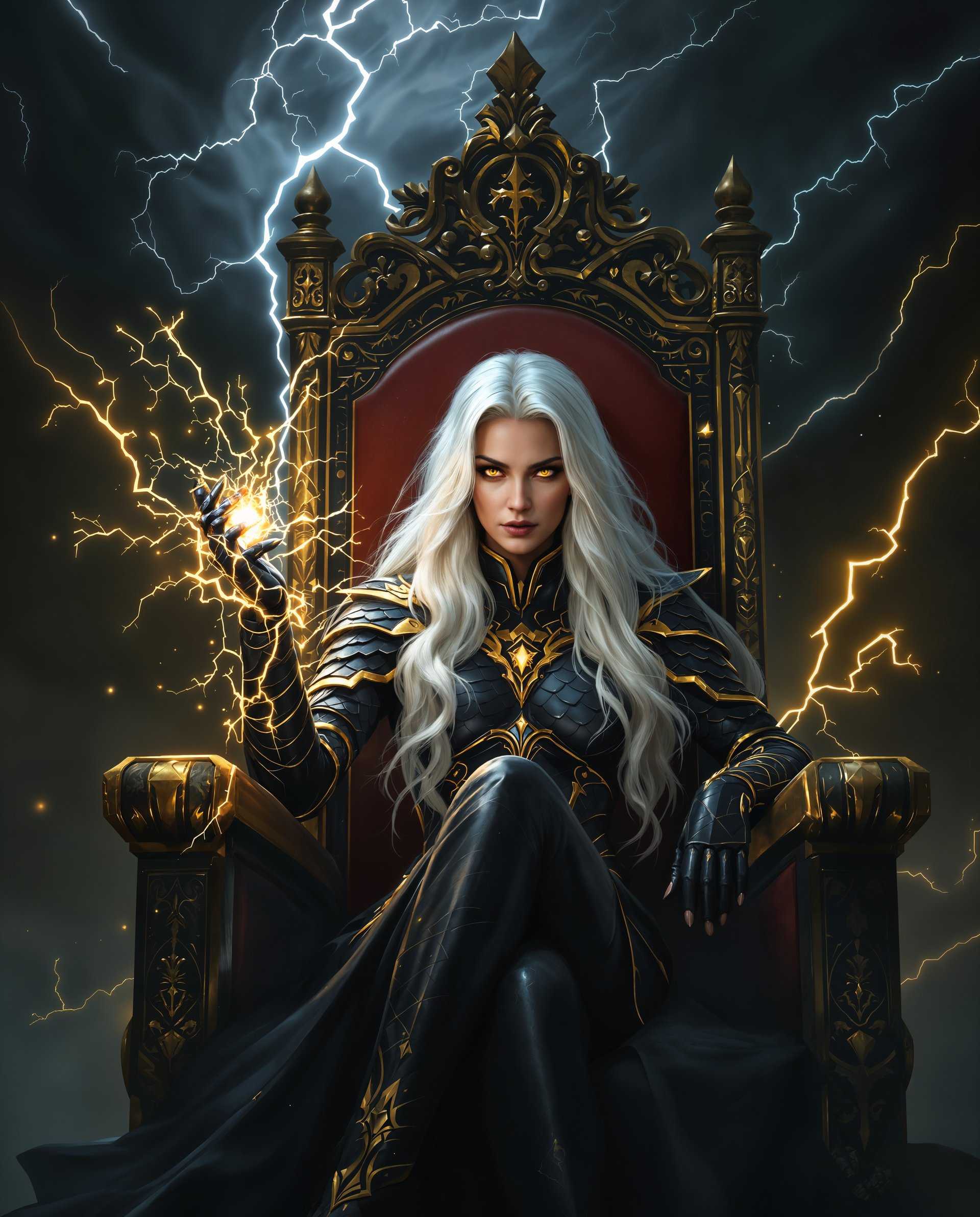 masterpiece, best quality, highres, sharp image, more detail <lora:more_details:0.5> <lora:SDXLrender_v2.0:1>, masterpiece, best quality, highres, sharp image, more detail, A cinematic digital painting capturing a dramatic scene with a central female figure, seated on an imposing, thronelike chair. The composition is centered around this figure, with the camera positioned at a low angle to emphasize her commanding presence:

- **Figure**: A woman with long, flowing white hair and piercing yellow eyes, exuding power and mystery. She wears an armored costume in dark hues, predominantly black and deep blue, with gold trim and ornate detailing. The costume features scales, leather, and enigmatic symbols, enhancing her regal and otherworldly aura.

- **Pose**: She is seated with her right hand raised, fingers poised in a gesture of command, surrounded by dynamic, crackling energy that suggests magical or supernatural abilities. This energy should be vividly depicted, with light and shadow playing across her hand to highlight the power emanating from it.

- **Atmosphere**: The setting is moody with a predominance of dark colors, creating a rich, almost oppressive ambiance. Gold and white highlights serve as stark contrasts, drawing the viewer's eye to key elements like the costume's trim and the chair's carvings.

- **Background**: Behind her, a swirling mass of dark energy and lightning, portrayed with a sense of movement and life, reacting to her presence. This backdrop should enhance the feeling of an impending conflict or supernatural event.

- **Chair**: The thronelike chair is ornate, with intricate carvings that suggest both power and history. It's positioned on a raised platform, further elevating the figure, with its high backrest creating a visual barrier that frames her against the ominous background.

- **Lighting**: Employ dramatic lighting to cast deep shadows and highlight the gold accents, creating a chiaroscuro effect that emphasizes the drama and depth of the scene.

- **Artistic Style**: The image should mimic the smooth gradients of digital painting, avoiding visible brushstrokes to maintain a realistic yet fantastical quality, akin to a high-resolution photograph but with an otherworldly twist.

This scene should evoke a sense of power, control, and impending conflict, with the central figure as the focal point of both narrative and visual interest.