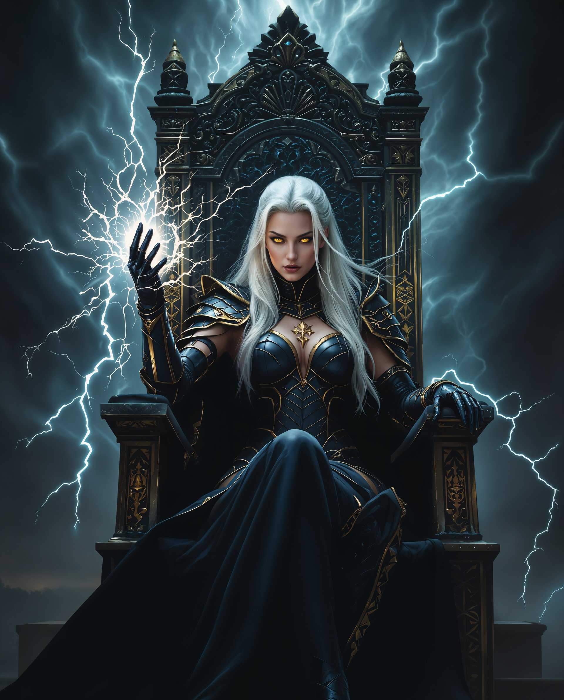 masterpiece, best quality, highres, sharp image, more detail <lora:more_details:0.5> <lora:SDXLrender_v2.0:1>, masterpiece, best quality, highres, sharp image, more detail, A cinematic digital painting capturing a dramatic scene with a central female figure, seated on an imposing, thronelike chair. The composition is centered around this figure, with the camera positioned at a low angle to emphasize her commanding presence:

- **Figure**: A woman with long, flowing white hair and piercing yellow eyes, exuding power and mystery. She wears an armored costume in dark hues, predominantly black and deep blue, with gold trim and ornate detailing. The costume features scales, leather, and enigmatic symbols, enhancing her regal and otherworldly aura.

- **Pose**: She is seated with her right hand raised, fingers poised in a gesture of command, surrounded by dynamic, crackling energy that suggests magical or supernatural abilities. This energy should be vividly depicted, with light and shadow playing across her hand to highlight the power emanating from it.

- **Atmosphere**: The setting is moody with a predominance of dark colors, creating a rich, almost oppressive ambiance. Gold and white highlights serve as stark contrasts, drawing the viewer's eye to key elements like the costume's trim and the chair's carvings.

- **Background**: Behind her, a swirling mass of dark energy and lightning, portrayed with a sense of movement and life, reacting to her presence. This backdrop should enhance the feeling of an impending conflict or supernatural event.

- **Chair**: The thronelike chair is ornate, with intricate carvings that suggest both power and history. It's positioned on a raised platform, further elevating the figure, with its high backrest creating a visual barrier that frames her against the ominous background.

- **Lighting**: Employ dramatic lighting to cast deep shadows and highlight the gold accents, creating a chiaroscuro effect that emphasizes the drama and depth of the scene.

- **Artistic Style**: The image should mimic the smooth gradients of digital painting, avoiding visible brushstrokes to maintain a realistic yet fantastical quality, akin to a high-resolution photograph but with an otherworldly twist.

This scene should evoke a sense of power, control, and impending conflict, with the central figure as the focal point of both narrative and visual interest.