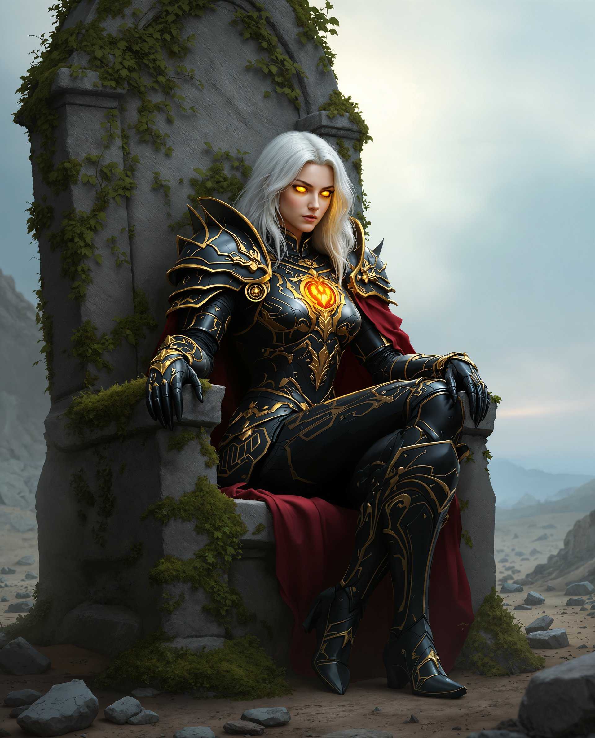 masterpiece, best quality, highres, sharp image, more detail <lora:more_details:0.5> <lora:SDXLrender_v2.0:1>, masterpiece, best quality, highres, sharp image, more detail, This image is a realistic photo (photograph) of a female real person digital artwork that presents a figure seated on a thronelike structure. The art style is highly detailed and realistic, with a focus on textures and lighting that give the image a threedimensional quality. The medium appears to be a digital painting, given the smooth blending and gradients of colors.The colors in the image are rich and varied, with a dominant palette of dark tones accented by gold and red. The figures armor is primarily black with gold trim and patterns, which gives it a regal and imposing presence. The red cape adds a touch of warmth to the otherwise cool color scheme. The throne itself is made of stone, with moss and ivy growing over it, suggesting age and a connection to nature.The figure is wearing a detailed suit of armor with intricate designs and patterns, particularly on the chest plate and gauntlets. The armor is a mix of metallic and organic elements, with mechanical joints and segments juxtaposed against more fluid, naturalistic designs. The figures hair is white and falls in loose waves, contrasting with the armor and adding to the overall dramatic effect.The figures eyes glow with an intense yellow light, which stands out against the dark tones of the armor and hair. This glowing effect gives the figure a sense of power and mystique.The background is a blend of natural and manmade elements, with a sky that transitions from a soft blue to a gentle white, suggesting either dawn or dusk. The foreground is dominated by the figure and the throne, while the middle ground shows a barren landscape with scattered rocks and debris. The distant background is obscured, but hints at a larger, more expansive environment.Overall, the image conveys a sense of power, mystery, and ancient magic, with a strong emphasis on the figures commanding presence.