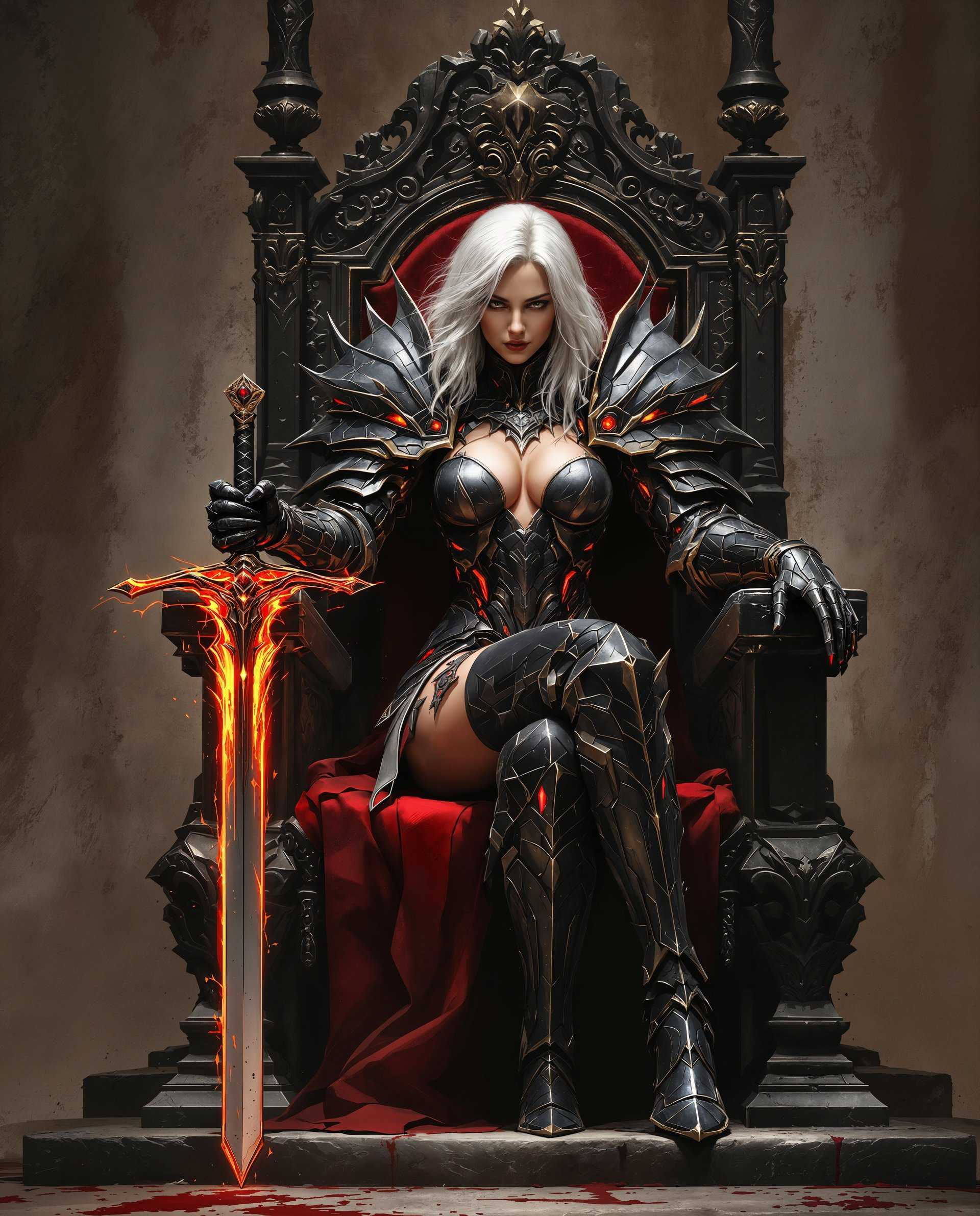 masterpiece, best quality, highres, sharp image, more detail <lora:more_details:0.5> <lora:SDXLrender_v2.0:1>, masterpiece, best quality, highres, sharp image, more detail, This image is a realistic photo (photograph) of a female real person digital artwork that features a character clad in intricate armor, seated on a throne. The art style is reminiscent of realism or science fiction genres, with a focus on detailed textures and a dramatic interplay of light and shadow.The medium appears to be a digital painting, given the smooth blending of colors and the lack of brush strokes that are characteristic of traditional mediums like oil or acrylic paints.The colors in the image are rich and varied, with a dominant palette of deep reds, blacks, and metallic grays. These colors are complemented by the characters white hair and the fiery glow emanating from the sword in the characters hand, which adds a pop of color to the otherwise dark palette.The armor is the centerpiece of the image, and it is a marvel of detail. It is made up of multiple plates and segments, each with its own texture and pattern. Some parts of the armor are smooth and reflective, while others are rough and jagged. The armor is adorned with red accents that seem to glow, possibly indicating a source of power or magic.The characters attire includes a white bodice with red detailing and a high slit that reveals the legs. The legs are covered in black armor that matches the throne and the sword. The characters hair is white and falls in loose waves around the shoulders.The throne itself is ornate and dark, with intricate carvings and a rich red velvet cushion that contrasts with the armor and the sword. The throne is placed on a stone platform, and the background is a chaotic mix of earthy tones and splatters of red, suggesting a battlescarred environment.Overall, the image exudes a sense of power, mystery, and readiness for battle, with a strong emphasis on the characters armor and the throne as symbols of status and power.
